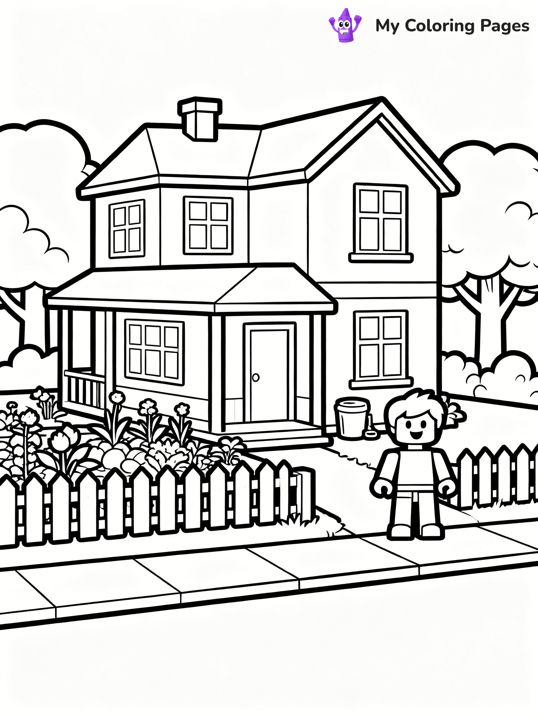 ⚠️ CRITICAL REQUIREMENT - ABSOLUTE BLACK AND WHITE ONLY ⚠️
This MUST be a BLACK AND WHITE line drawing ONLY. NO COLORS whatsoever.
- ONLY pure black lines (#000000) on pure white background (#FFFFFF)
- ABSOLUTELY NO colors, NO shading, NO gradients, NO grayscale
- If there are ANY colors in the output, the image is REJECTED
- This is a COLORING PAGE - meant to be COLORED IN by children
- The output must be UNCOLORED line art ready for coloring
⚠️ SUBJECT TO DRAW: Bloxburg house with garden, picket fence, and trees nearby from Roblox. Important: PURE OUTLINES. NO FILLS, COLOR, SHADING, OR GREYSCALE. WHITE BACKGROUND.
(REMEMBER: Output must be BLACK AND WHITE line art only, NOT colored!)
# Flat, Friendly Cartoon Line-Art Coloring Page
You are generating a **pure black-and-white binary image** of a child-friendly cartoon scene combining characters and background scenery in one cohesive composition.
## Rendering Rules (Strict)
- Only two colors: pure black (#000000) outlines and pure white (#FFFFFF) background.
- No grayscale, shading, gradients, tints, fills, transparency, or partial pixels.
- No antialiasing or blended edges; every pixel is 100% black or white.
- No solid black fills inside shapes — all areas inside outlines must remain white.
- No dark clothing areas or filled tone blocks; all garments outlined only.
- No shadows, textures, lighting, or tonal variations.
- Must look like flat binary vector line-art for coloring pages.
## Drawing & Composition
- **Medium, consistent line weight**; clean closed outlines easy to color inside.
- **Flat, simple, child-friendly design** — no realism or 3D depth.
- Characters are **grounded on a surface**, centered and large.
- **Balanced composition** with clear silhouettes and minimal props.
## Scenery & Style
- Landmarks (e.g., mosque, CN Tower) and scenery (trees, benches, waves) drawn with **black outlines only.**
- For real-world figures, teams, or places, show accurate details using only black outlines—no text or logos. Use distinctive uniform patterns, abstract symbols, and landmark silhouettes to convey identity.
- Keep **consistent perspective**; no floating elements.
- **Style:** whimsical **Doodle Art Alley** — rounded, friendly outlines.
- May adapt shapes from **Crayola, Disney, Peppa Pig, Cocomelon** — *by shape only, never color.*
- Final output: **flat, crisp, binary (#000000/#FFFFFF)**, **no filled color or background text.**
EXTREMELYE IMPORTANT:
- PURE BINARY LINE-ART; NO FILLS (HAIR/CLOTHES/SKIN), SHADING, OR GREY.
- NO SHADING, COLOR. MUST BE WHITE BACKGROUND.
⚠️ FINAL REMINDER: Draw the subject "Bloxburg house with garden, picket fence, and trees nearby from Roblox. Important: PURE OUTLINES. NO FILLS, COLOR, SHADING, OR GREYSCALE. WHITE BACKGROUND." as BLACK AND WHITE line art. Zero colors in output.