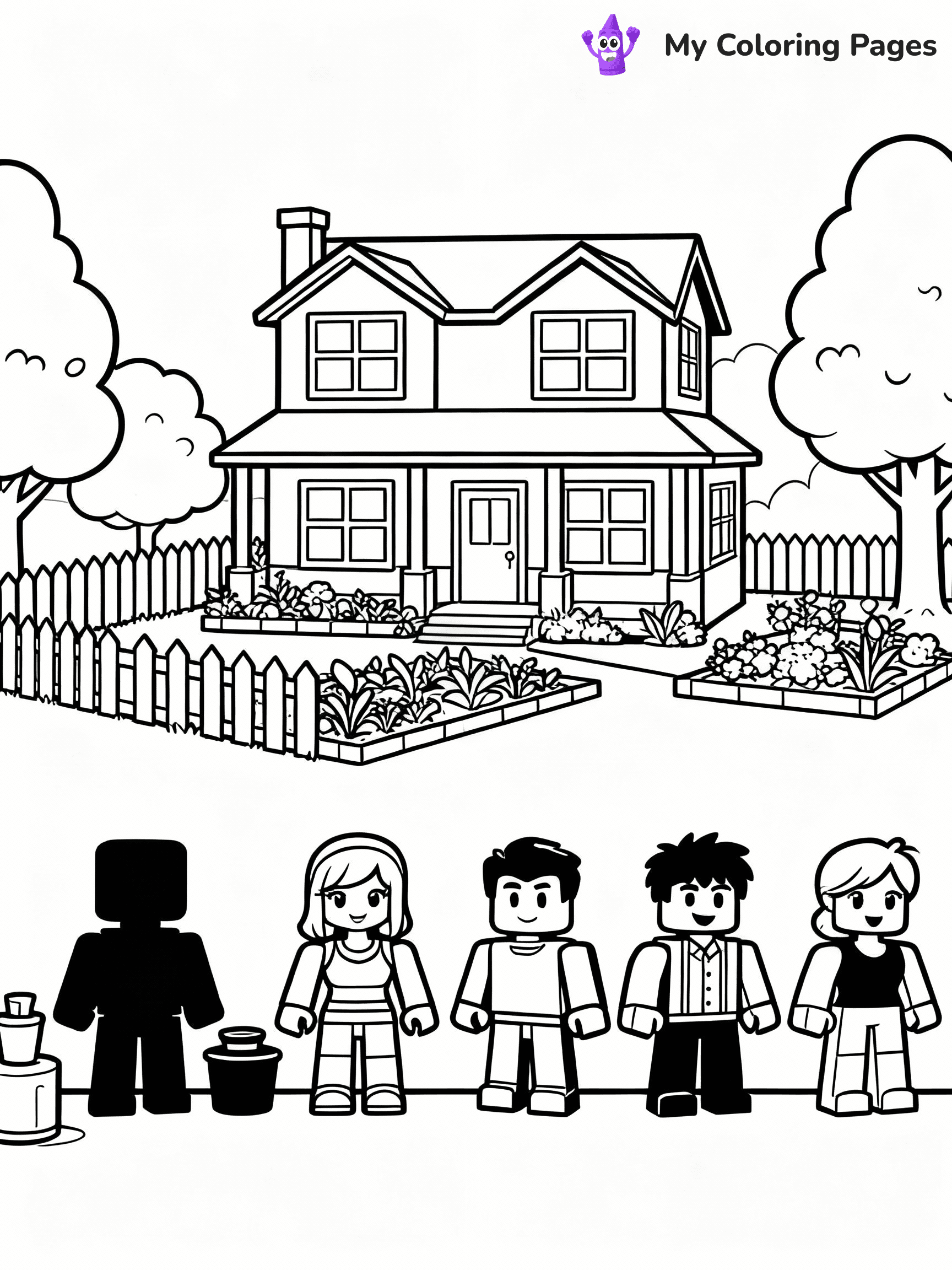 ⚠️ CRITICAL REQUIREMENT - ABSOLUTE BLACK AND WHITE ONLY ⚠️
This MUST be a BLACK AND WHITE line drawing ONLY. NO COLORS whatsoever.
- ONLY pure black lines (#000000) on pure white background (#FFFFFF)
- ABSOLUTELY NO colors, NO shading, NO gradients, NO grayscale
- If there are ANY colors in the output, the image is REJECTED
- This is a COLORING PAGE - meant to be COLORED IN by children
- The output must be UNCOLORED line art ready for coloring
⚠️ SUBJECT TO DRAW: Bloxburg house with garden, picket fence, and trees nearby from Roblox. Important: PURE OUTLINES. NO FILLS, COLOR, SHADING, OR GREYSCALE. WHITE BACKGROUND.
(REMEMBER: Output must be BLACK AND WHITE line art only, NOT colored!)
# Flat, Friendly Cartoon Line-Art Coloring Page
You are generating a **pure black-and-white binary image** of a child-friendly cartoon scene combining characters and background scenery in one cohesive composition.
## Rendering Rules (Strict)
- Only two colors: pure black (#000000) outlines and pure white (#FFFFFF) background.
- No grayscale, shading, gradients, tints, fills, transparency, or partial pixels.
- No antialiasing or blended edges; every pixel is 100% black or white.
- No solid black fills inside shapes — all areas inside outlines must remain white.
- No dark clothing areas or filled tone blocks; all garments outlined only.
- No shadows, textures, lighting, or tonal variations.
- Must look like flat binary vector line-art for coloring pages.
## Drawing & Composition
- **Medium, consistent line weight**; clean closed outlines easy to color inside.
- **Flat, simple, child-friendly design** — no realism or 3D depth.
- Characters are **grounded on a surface**, centered and large.
- **Balanced composition** with clear silhouettes and minimal props.
## Scenery & Style
- Landmarks (e.g., mosque, CN Tower) and scenery (trees, benches, waves) drawn with **black outlines only.**
- For real-world figures, teams, or places, show accurate details using only black outlines—no text or logos. Use distinctive uniform patterns, abstract symbols, and landmark silhouettes to convey identity.
- Keep **consistent perspective**; no floating elements.
- **Style:** whimsical **Doodle Art Alley** — rounded, friendly outlines.
- May adapt shapes from **Crayola, Disney, Peppa Pig, Cocomelon** — *by shape only, never color.*
- Final output: **flat, crisp, binary (#000000/#FFFFFF)**, **no filled color or background text.**
EXTREMELYE IMPORTANT:
- PURE BINARY LINE-ART; NO FILLS (HAIR/CLOTHES/SKIN), SHADING, OR GREY.
- NO SHADING, COLOR. MUST BE WHITE BACKGROUND.
⚠️ FINAL REMINDER: Draw the subject "Bloxburg house with garden, picket fence, and trees nearby from Roblox. Important: PURE OUTLINES. NO FILLS, COLOR, SHADING, OR GREYSCALE. WHITE BACKGROUND." as BLACK AND WHITE line art. Zero colors in output.