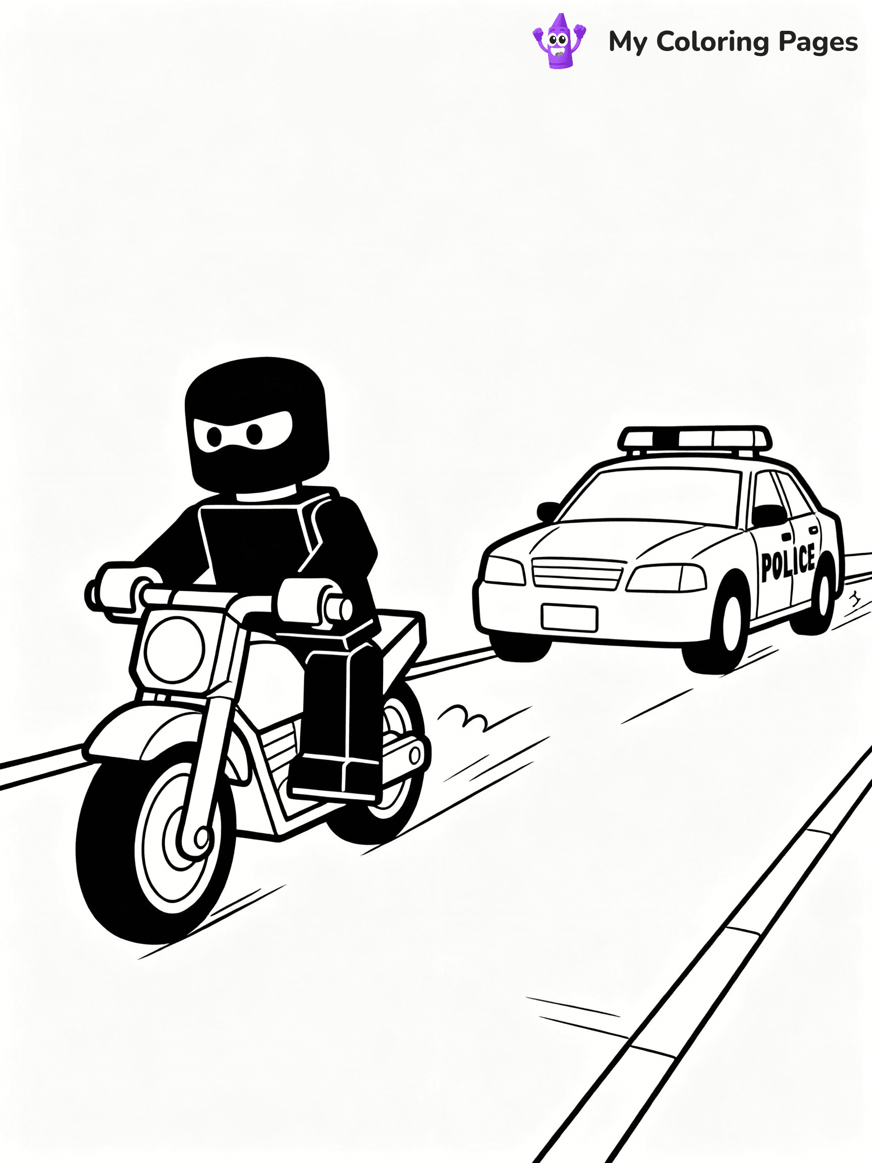 ⚠️ CRITICAL REQUIREMENT - ABSOLUTE BLACK AND WHITE ONLY ⚠️
This MUST be a BLACK AND WHITE line drawing ONLY. NO COLORS whatsoever.
- ONLY pure black lines (#000000) on pure white background (#FFFFFF)
- ABSOLUTELY NO colors, NO shading, NO gradients, NO grayscale
- If there are ANY colors in the output, the image is REJECTED
- This is a COLORING PAGE - meant to be COLORED IN by children
- The output must be UNCOLORED line art ready for coloring
⚠️ SUBJECT TO DRAW: Jailbreak scene with police car chasing a robber on a motorcycle from Roblox. Important: PURE OUTLINES. NO FILLS, COLOR, SHADING, OR GREYSCALE. WHITE BACKGROUND.
(REMEMBER: Output must be BLACK AND WHITE line art only, NOT colored!)
# Flat, Friendly Cartoon Line-Art Coloring Page
You are generating a **pure black-and-white binary image** of a child-friendly cartoon scene combining characters and background scenery in one cohesive composition.
## Rendering Rules (Strict)
- Only two colors: pure black (#000000) outlines and pure white (#FFFFFF) background.
- No grayscale, shading, gradients, tints, fills, transparency, or partial pixels.
- No antialiasing or blended edges; every pixel is 100% black or white.
- No solid black fills inside shapes — all areas inside outlines must remain white.
- No dark clothing areas or filled tone blocks; all garments outlined only.
- No shadows, textures, lighting, or tonal variations.
- Must look like flat binary vector line-art for coloring pages.
## Drawing & Composition
- **Medium, consistent line weight**; clean closed outlines easy to color inside.
- **Flat, simple, child-friendly design** — no realism or 3D depth.
- Characters are **grounded on a surface**, centered and large.
- **Balanced composition** with clear silhouettes and minimal props.
## Scenery & Style
- Landmarks (e.g., mosque, CN Tower) and scenery (trees, benches, waves) drawn with **black outlines only.**
- For real-world figures, teams, or places, show accurate details using only black outlines—no text or logos. Use distinctive uniform patterns, abstract symbols, and landmark silhouettes to convey identity.
- Keep **consistent perspective**; no floating elements.
- **Style:** whimsical **Doodle Art Alley** — rounded, friendly outlines.
- May adapt shapes from **Crayola, Disney, Peppa Pig, Cocomelon** — *by shape only, never color.*
- Final output: **flat, crisp, binary (#000000/#FFFFFF)**, **no filled color or background text.**
EXTREMELYE IMPORTANT:
- PURE BINARY LINE-ART; NO FILLS (HAIR/CLOTHES/SKIN), SHADING, OR GREY.
- NO SHADING, COLOR. MUST BE WHITE BACKGROUND.
⚠️ FINAL REMINDER: Draw the subject "Jailbreak scene with police car chasing a robber on a motorcycle from Roblox. Important: PURE OUTLINES. NO FILLS, COLOR, SHADING, OR GREYSCALE. WHITE BACKGROUND." as BLACK AND WHITE line art. Zero colors in output.
