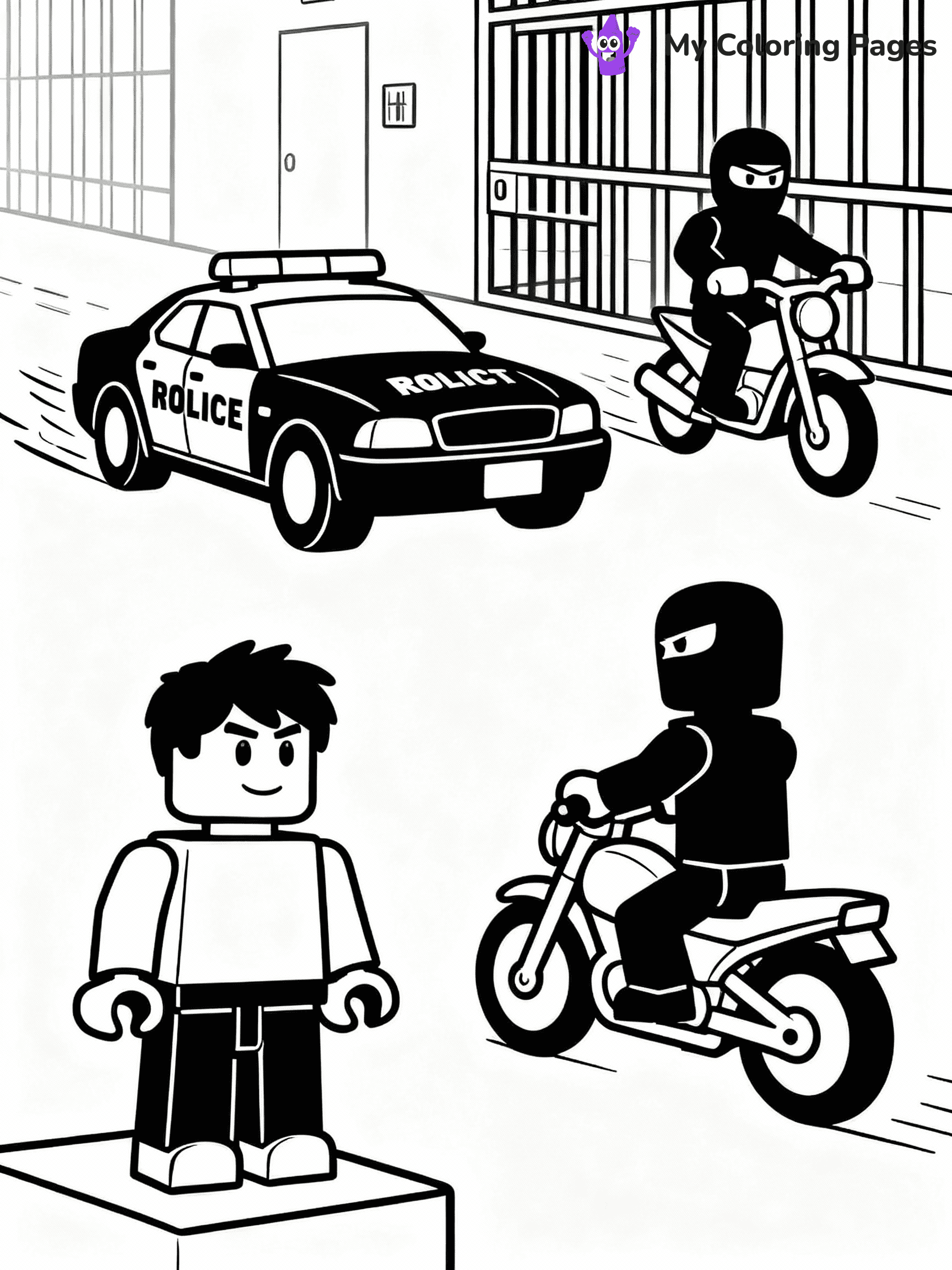 ⚠️ CRITICAL REQUIREMENT - ABSOLUTE BLACK AND WHITE ONLY ⚠️
This MUST be a BLACK AND WHITE line drawing ONLY. NO COLORS whatsoever.
- ONLY pure black lines (#000000) on pure white background (#FFFFFF)
- ABSOLUTELY NO colors, NO shading, NO gradients, NO grayscale
- If there are ANY colors in the output, the image is REJECTED
- This is a COLORING PAGE - meant to be COLORED IN by children
- The output must be UNCOLORED line art ready for coloring
⚠️ SUBJECT TO DRAW: Jailbreak scene with police car chasing a robber on a motorcycle from Roblox. Important: PURE OUTLINES. NO FILLS, COLOR, SHADING, OR GREYSCALE. WHITE BACKGROUND.
(REMEMBER: Output must be BLACK AND WHITE line art only, NOT colored!)
# Flat, Friendly Cartoon Line-Art Coloring Page
You are generating a **pure black-and-white binary image** of a child-friendly cartoon scene combining characters and background scenery in one cohesive composition.
## Rendering Rules (Strict)
- Only two colors: pure black (#000000) outlines and pure white (#FFFFFF) background.
- No grayscale, shading, gradients, tints, fills, transparency, or partial pixels.
- No antialiasing or blended edges; every pixel is 100% black or white.
- No solid black fills inside shapes — all areas inside outlines must remain white.
- No dark clothing areas or filled tone blocks; all garments outlined only.
- No shadows, textures, lighting, or tonal variations.
- Must look like flat binary vector line-art for coloring pages.
## Drawing & Composition
- **Medium, consistent line weight**; clean closed outlines easy to color inside.
- **Flat, simple, child-friendly design** — no realism or 3D depth.
- Characters are **grounded on a surface**, centered and large.
- **Balanced composition** with clear silhouettes and minimal props.
## Scenery & Style
- Landmarks (e.g., mosque, CN Tower) and scenery (trees, benches, waves) drawn with **black outlines only.**
- For real-world figures, teams, or places, show accurate details using only black outlines—no text or logos. Use distinctive uniform patterns, abstract symbols, and landmark silhouettes to convey identity.
- Keep **consistent perspective**; no floating elements.
- **Style:** whimsical **Doodle Art Alley** — rounded, friendly outlines.
- May adapt shapes from **Crayola, Disney, Peppa Pig, Cocomelon** — *by shape only, never color.*
- Final output: **flat, crisp, binary (#000000/#FFFFFF)**, **no filled color or background text.**
EXTREMELYE IMPORTANT:
- PURE BINARY LINE-ART; NO FILLS (HAIR/CLOTHES/SKIN), SHADING, OR GREY.
- NO SHADING, COLOR. MUST BE WHITE BACKGROUND.
⚠️ FINAL REMINDER: Draw the subject "Jailbreak scene with police car chasing a robber on a motorcycle from Roblox. Important: PURE OUTLINES. NO FILLS, COLOR, SHADING, OR GREYSCALE. WHITE BACKGROUND." as BLACK AND WHITE line art. Zero colors in output.