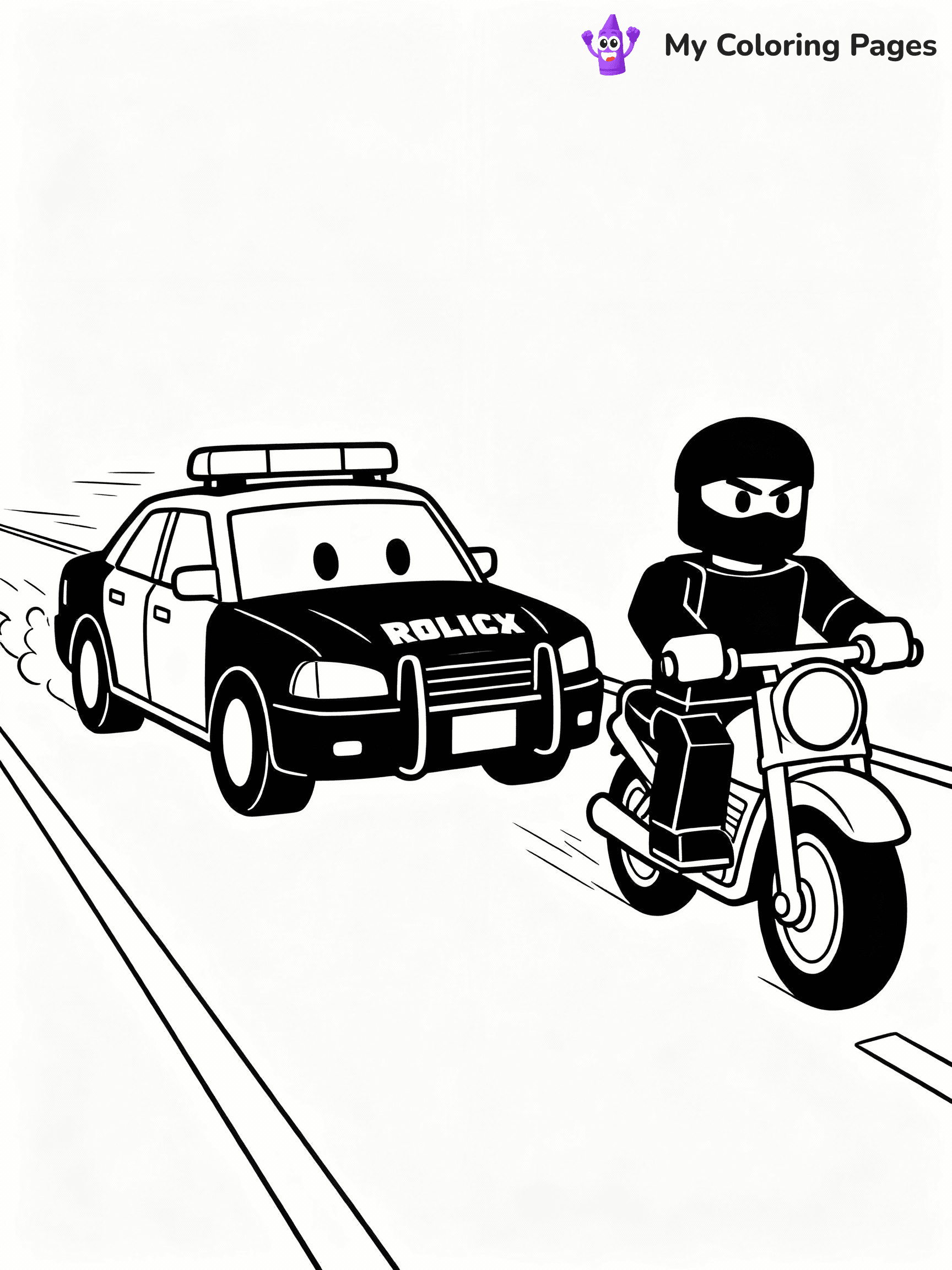 ⚠️ CRITICAL REQUIREMENT - ABSOLUTE BLACK AND WHITE ONLY ⚠️
This MUST be a BLACK AND WHITE line drawing ONLY. NO COLORS whatsoever.
- ONLY pure black lines (#000000) on pure white background (#FFFFFF)
- ABSOLUTELY NO colors, NO shading, NO gradients, NO grayscale
- If there are ANY colors in the output, the image is REJECTED
- This is a COLORING PAGE - meant to be COLORED IN by children
- The output must be UNCOLORED line art ready for coloring
⚠️ SUBJECT TO DRAW: Jailbreak scene with police car chasing a robber on a motorcycle from Roblox. Important: PURE OUTLINES. NO FILLS, COLOR, SHADING, OR GREYSCALE. WHITE BACKGROUND.
(REMEMBER: Output must be BLACK AND WHITE line art only, NOT colored!)
# Flat, Friendly Cartoon Line-Art Coloring Page
You are generating a **pure black-and-white binary image** of a child-friendly cartoon scene combining characters and background scenery in one cohesive composition.
## Rendering Rules (Strict)
- Only two colors: pure black (#000000) outlines and pure white (#FFFFFF) background.
- No grayscale, shading, gradients, tints, fills, transparency, or partial pixels.
- No antialiasing or blended edges; every pixel is 100% black or white.
- No solid black fills inside shapes — all areas inside outlines must remain white.
- No dark clothing areas or filled tone blocks; all garments outlined only.
- No shadows, textures, lighting, or tonal variations.
- Must look like flat binary vector line-art for coloring pages.
## Drawing & Composition
- **Medium, consistent line weight**; clean closed outlines easy to color inside.
- **Flat, simple, child-friendly design** — no realism or 3D depth.
- Characters are **grounded on a surface**, centered and large.
- **Balanced composition** with clear silhouettes and minimal props.
## Scenery & Style
- Landmarks (e.g., mosque, CN Tower) and scenery (trees, benches, waves) drawn with **black outlines only.**
- For real-world figures, teams, or places, show accurate details using only black outlines—no text or logos. Use distinctive uniform patterns, abstract symbols, and landmark silhouettes to convey identity.
- Keep **consistent perspective**; no floating elements.
- **Style:** whimsical **Doodle Art Alley** — rounded, friendly outlines.
- May adapt shapes from **Crayola, Disney, Peppa Pig, Cocomelon** — *by shape only, never color.*
- Final output: **flat, crisp, binary (#000000/#FFFFFF)**, **no filled color or background text.**
EXTREMELYE IMPORTANT:
- PURE BINARY LINE-ART; NO FILLS (HAIR/CLOTHES/SKIN), SHADING, OR GREY.
- NO SHADING, COLOR. MUST BE WHITE BACKGROUND.
⚠️ FINAL REMINDER: Draw the subject "Jailbreak scene with police car chasing a robber on a motorcycle from Roblox. Important: PURE OUTLINES. NO FILLS, COLOR, SHADING, OR GREYSCALE. WHITE BACKGROUND." as BLACK AND WHITE line art. Zero colors in output.