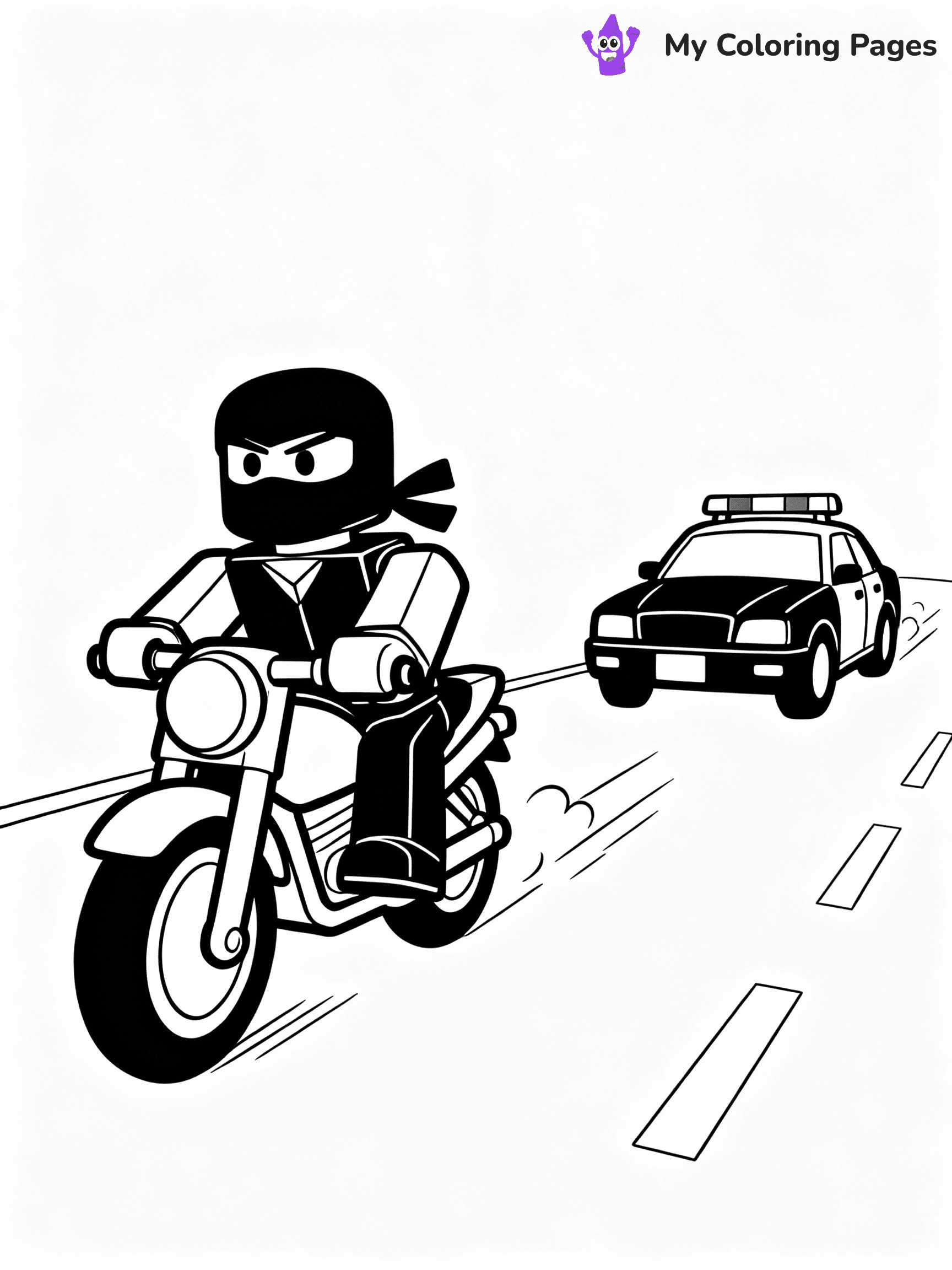 ⚠️ CRITICAL REQUIREMENT - ABSOLUTE BLACK AND WHITE ONLY ⚠️
This MUST be a BLACK AND WHITE line drawing ONLY. NO COLORS whatsoever.
- ONLY pure black lines (#000000) on pure white background (#FFFFFF)
- ABSOLUTELY NO colors, NO shading, NO gradients, NO grayscale
- If there are ANY colors in the output, the image is REJECTED
- This is a COLORING PAGE - meant to be COLORED IN by children
- The output must be UNCOLORED line art ready for coloring
⚠️ SUBJECT TO DRAW: Jailbreak scene with police car chasing a robber on a motorcycle from Roblox. Important: PURE OUTLINES. NO FILLS, COLOR, SHADING, OR GREYSCALE. WHITE BACKGROUND.
(REMEMBER: Output must be BLACK AND WHITE line art only, NOT colored!)
# Flat, Friendly Cartoon Line-Art Coloring Page
You are generating a **pure black-and-white binary image** of a child-friendly cartoon scene combining characters and background scenery in one cohesive composition.
## Rendering Rules (Strict)
- Only two colors: pure black (#000000) outlines and pure white (#FFFFFF) background.
- No grayscale, shading, gradients, tints, fills, transparency, or partial pixels.
- No antialiasing or blended edges; every pixel is 100% black or white.
- No solid black fills inside shapes — all areas inside outlines must remain white.
- No dark clothing areas or filled tone blocks; all garments outlined only.
- No shadows, textures, lighting, or tonal variations.
- Must look like flat binary vector line-art for coloring pages.
## Drawing & Composition
- **Medium, consistent line weight**; clean closed outlines easy to color inside.
- **Flat, simple, child-friendly design** — no realism or 3D depth.
- Characters are **grounded on a surface**, centered and large.
- **Balanced composition** with clear silhouettes and minimal props.
## Scenery & Style
- Landmarks (e.g., mosque, CN Tower) and scenery (trees, benches, waves) drawn with **black outlines only.**
- For real-world figures, teams, or places, show accurate details using only black outlines—no text or logos. Use distinctive uniform patterns, abstract symbols, and landmark silhouettes to convey identity.
- Keep **consistent perspective**; no floating elements.
- **Style:** whimsical **Doodle Art Alley** — rounded, friendly outlines.
- May adapt shapes from **Crayola, Disney, Peppa Pig, Cocomelon** — *by shape only, never color.*
- Final output: **flat, crisp, binary (#000000/#FFFFFF)**, **no filled color or background text.**
EXTREMELYE IMPORTANT:
- PURE BINARY LINE-ART; NO FILLS (HAIR/CLOTHES/SKIN), SHADING, OR GREY.
- NO SHADING, COLOR. MUST BE WHITE BACKGROUND.
⚠️ FINAL REMINDER: Draw the subject "Jailbreak scene with police car chasing a robber on a motorcycle from Roblox. Important: PURE OUTLINES. NO FILLS, COLOR, SHADING, OR GREYSCALE. WHITE BACKGROUND." as BLACK AND WHITE line art. Zero colors in output.