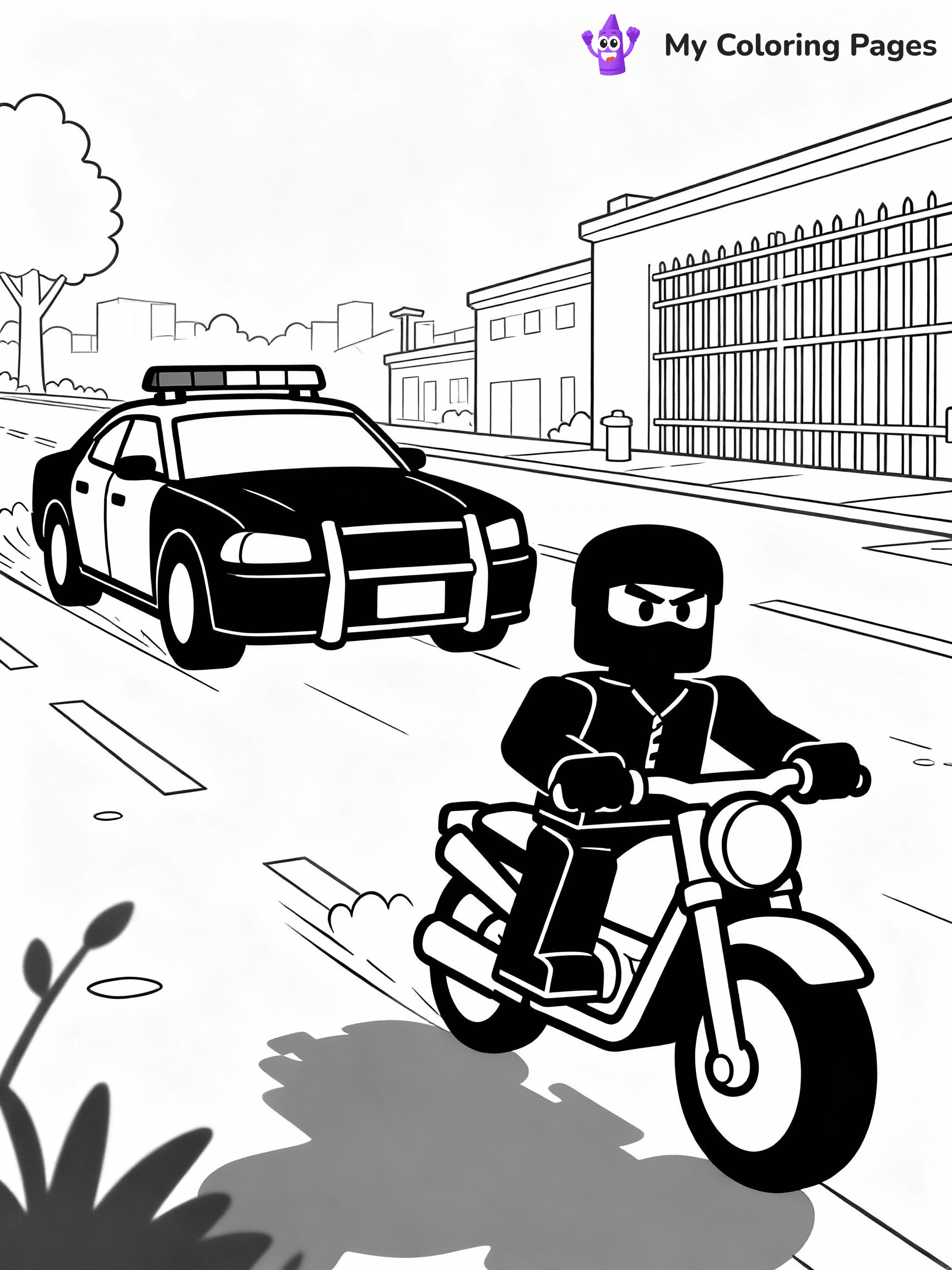 ⚠️ CRITICAL REQUIREMENT - ABSOLUTE BLACK AND WHITE ONLY ⚠️
This MUST be a BLACK AND WHITE line drawing ONLY. NO COLORS whatsoever.
- ONLY pure black lines (#000000) on pure white background (#FFFFFF)
- ABSOLUTELY NO colors, NO shading, NO gradients, NO grayscale
- If there are ANY colors in the output, the image is REJECTED
- This is a COLORING PAGE - meant to be COLORED IN by children
- The output must be UNCOLORED line art ready for coloring
⚠️ SUBJECT TO DRAW: Jailbreak scene with police car chasing a robber on a motorcycle from Roblox. Important: PURE OUTLINES. NO FILLS, COLOR, SHADING, OR GREYSCALE. WHITE BACKGROUND.
(REMEMBER: Output must be BLACK AND WHITE line art only, NOT colored!)
# Flat, Friendly Cartoon Line-Art Coloring Page
You are generating a **pure black-and-white binary image** of a child-friendly cartoon scene combining characters and background scenery in one cohesive composition.
## Rendering Rules (Strict)
- Only two colors: pure black (#000000) outlines and pure white (#FFFFFF) background.
- No grayscale, shading, gradients, tints, fills, transparency, or partial pixels.
- No antialiasing or blended edges; every pixel is 100% black or white.
- No solid black fills inside shapes — all areas inside outlines must remain white.
- No dark clothing areas or filled tone blocks; all garments outlined only.
- No shadows, textures, lighting, or tonal variations.
- Must look like flat binary vector line-art for coloring pages.
## Drawing & Composition
- **Medium, consistent line weight**; clean closed outlines easy to color inside.
- **Flat, simple, child-friendly design** — no realism or 3D depth.
- Characters are **grounded on a surface**, centered and large.
- **Balanced composition** with clear silhouettes and minimal props.
## Scenery & Style
- Landmarks (e.g., mosque, CN Tower) and scenery (trees, benches, waves) drawn with **black outlines only.**
- For real-world figures, teams, or places, show accurate details using only black outlines—no text or logos. Use distinctive uniform patterns, abstract symbols, and landmark silhouettes to convey identity.
- Keep **consistent perspective**; no floating elements.
- **Style:** whimsical **Doodle Art Alley** — rounded, friendly outlines.
- May adapt shapes from **Crayola, Disney, Peppa Pig, Cocomelon** — *by shape only, never color.*
- Final output: **flat, crisp, binary (#000000/#FFFFFF)**, **no filled color or background text.**
EXTREMELYE IMPORTANT:
- PURE BINARY LINE-ART; NO FILLS (HAIR/CLOTHES/SKIN), SHADING, OR GREY.
- NO SHADING, COLOR. MUST BE WHITE BACKGROUND.
⚠️ FINAL REMINDER: Draw the subject "Jailbreak scene with police car chasing a robber on a motorcycle from Roblox. Important: PURE OUTLINES. NO FILLS, COLOR, SHADING, OR GREYSCALE. WHITE BACKGROUND." as BLACK AND WHITE line art. Zero colors in output.