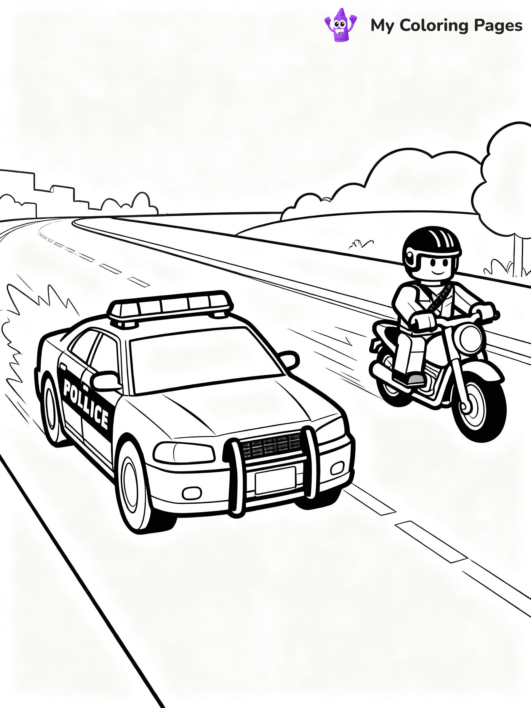 ⚠️ CRITICAL REQUIREMENT - ABSOLUTE BLACK AND WHITE ONLY ⚠️
This MUST be a BLACK AND WHITE line drawing ONLY. NO COLORS whatsoever.
- ONLY pure black lines (#000000) on pure white background (#FFFFFF)
- ABSOLUTELY NO colors, NO shading, NO gradients, NO grayscale
- If there are ANY colors in the output, the image is REJECTED
- This is a COLORING PAGE - meant to be COLORED IN by children
- The output must be UNCOLORED line art ready for coloring
⚠️ SUBJECT TO DRAW: Jailbreak scene with police car chasing a robber on a motorcycle from Roblox. Important: PURE OUTLINES. NO FILLS, COLOR, SHADING, OR GREYSCALE. WHITE BACKGROUND.
(REMEMBER: Output must be BLACK AND WHITE line art only, NOT colored!)
# Flat, Friendly Cartoon Line-Art Coloring Page
You are generating a **pure black-and-white binary image** of a child-friendly cartoon scene combining characters and background scenery in one cohesive composition.
## Rendering Rules (Strict)
- Only two colors: pure black (#000000) outlines and pure white (#FFFFFF) background.
- No grayscale, shading, gradients, tints, fills, transparency, or partial pixels.
- No antialiasing or blended edges; every pixel is 100% black or white.
- No solid black fills inside shapes — all areas inside outlines must remain white.
- No dark clothing areas or filled tone blocks; all garments outlined only.
- No shadows, textures, lighting, or tonal variations.
- Must look like flat binary vector line-art for coloring pages.
## Drawing & Composition
- **Medium, consistent line weight**; clean closed outlines easy to color inside.
- **Flat, simple, child-friendly design** — no realism or 3D depth.
- Characters are **grounded on a surface**, centered and large.
- **Balanced composition** with clear silhouettes and minimal props.
## Scenery & Style
- Landmarks (e.g., mosque, CN Tower) and scenery (trees, benches, waves) drawn with **black outlines only.**
- For real-world figures, teams, or places, show accurate details using only black outlines—no text or logos. Use distinctive uniform patterns, abstract symbols, and landmark silhouettes to convey identity.
- Keep **consistent perspective**; no floating elements.
- **Style:** whimsical **Doodle Art Alley** — rounded, friendly outlines.
- May adapt shapes from **Crayola, Disney, Peppa Pig, Cocomelon** — *by shape only, never color.*
- Final output: **flat, crisp, binary (#000000/#FFFFFF)**, **no filled color or background text.**
EXTREMELYE IMPORTANT:
- PURE BINARY LINE-ART; NO FILLS (HAIR/CLOTHES/SKIN), SHADING, OR GREY.
- NO SHADING, COLOR. MUST BE WHITE BACKGROUND.
⚠️ FINAL REMINDER: Draw the subject "Jailbreak scene with police car chasing a robber on a motorcycle from Roblox. Important: PURE OUTLINES. NO FILLS, COLOR, SHADING, OR GREYSCALE. WHITE BACKGROUND." as BLACK AND WHITE line art. Zero colors in output.