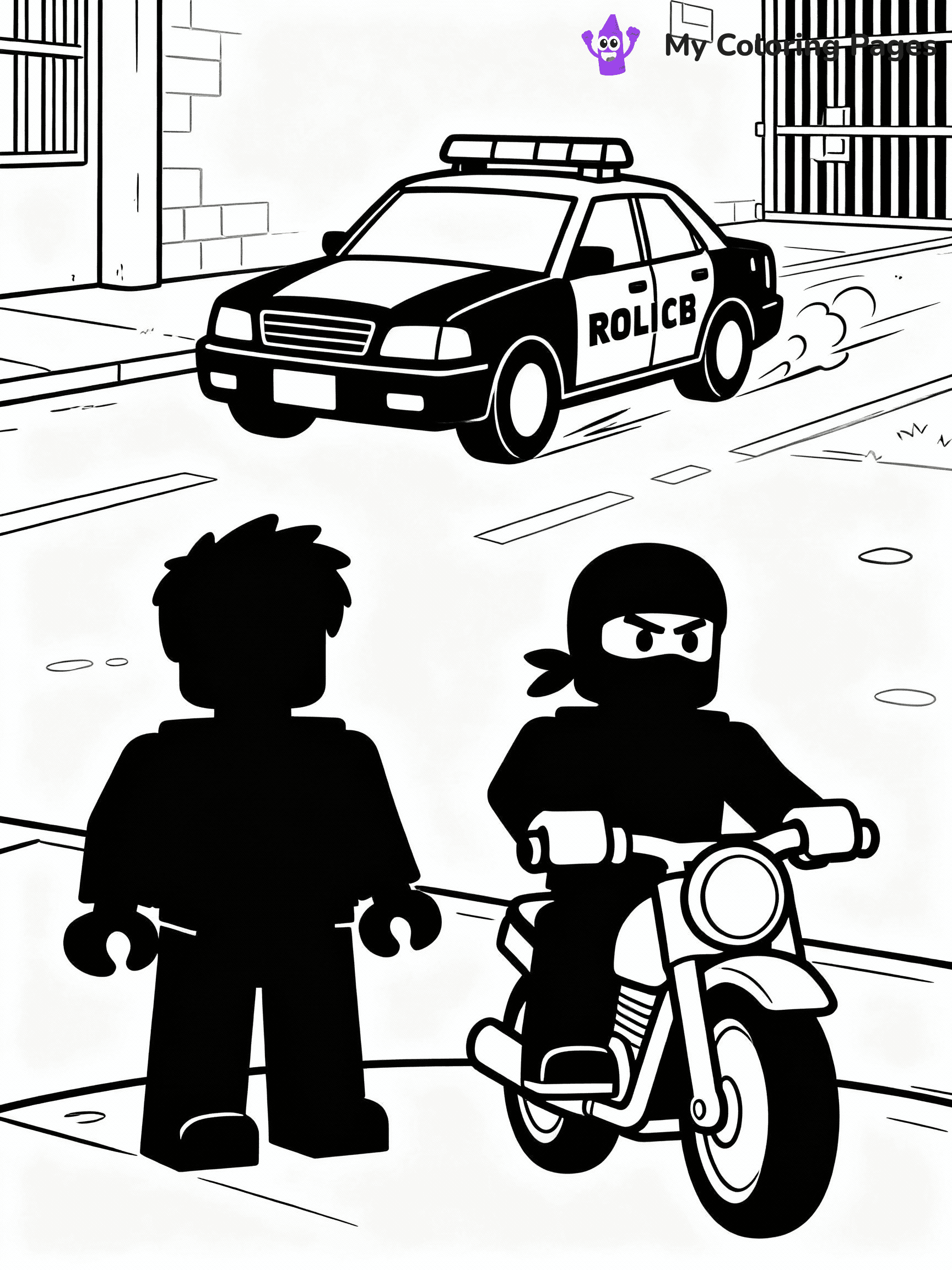 ⚠️ CRITICAL REQUIREMENT - ABSOLUTE BLACK AND WHITE ONLY ⚠️
This MUST be a BLACK AND WHITE line drawing ONLY. NO COLORS whatsoever.
- ONLY pure black lines (#000000) on pure white background (#FFFFFF)
- ABSOLUTELY NO colors, NO shading, NO gradients, NO grayscale
- If there are ANY colors in the output, the image is REJECTED
- This is a COLORING PAGE - meant to be COLORED IN by children
- The output must be UNCOLORED line art ready for coloring
⚠️ SUBJECT TO DRAW: Jailbreak scene with police car chasing a robber on a motorcycle from Roblox. Important: PURE OUTLINES. NO FILLS, COLOR, SHADING, OR GREYSCALE. WHITE BACKGROUND.
(REMEMBER: Output must be BLACK AND WHITE line art only, NOT colored!)
# Flat, Friendly Cartoon Line-Art Coloring Page
You are generating a **pure black-and-white binary image** of a child-friendly cartoon scene combining characters and background scenery in one cohesive composition.
## Rendering Rules (Strict)
- Only two colors: pure black (#000000) outlines and pure white (#FFFFFF) background.
- No grayscale, shading, gradients, tints, fills, transparency, or partial pixels.
- No antialiasing or blended edges; every pixel is 100% black or white.
- No solid black fills inside shapes — all areas inside outlines must remain white.
- No dark clothing areas or filled tone blocks; all garments outlined only.
- No shadows, textures, lighting, or tonal variations.
- Must look like flat binary vector line-art for coloring pages.
## Drawing & Composition
- **Medium, consistent line weight**; clean closed outlines easy to color inside.
- **Flat, simple, child-friendly design** — no realism or 3D depth.
- Characters are **grounded on a surface**, centered and large.
- **Balanced composition** with clear silhouettes and minimal props.
## Scenery & Style
- Landmarks (e.g., mosque, CN Tower) and scenery (trees, benches, waves) drawn with **black outlines only.**
- For real-world figures, teams, or places, show accurate details using only black outlines—no text or logos. Use distinctive uniform patterns, abstract symbols, and landmark silhouettes to convey identity.
- Keep **consistent perspective**; no floating elements.
- **Style:** whimsical **Doodle Art Alley** — rounded, friendly outlines.
- May adapt shapes from **Crayola, Disney, Peppa Pig, Cocomelon** — *by shape only, never color.*
- Final output: **flat, crisp, binary (#000000/#FFFFFF)**, **no filled color or background text.**
EXTREMELYE IMPORTANT:
- PURE BINARY LINE-ART; NO FILLS (HAIR/CLOTHES/SKIN), SHADING, OR GREY.
- NO SHADING, COLOR. MUST BE WHITE BACKGROUND.
⚠️ FINAL REMINDER: Draw the subject "Jailbreak scene with police car chasing a robber on a motorcycle from Roblox. Important: PURE OUTLINES. NO FILLS, COLOR, SHADING, OR GREYSCALE. WHITE BACKGROUND." as BLACK AND WHITE line art. Zero colors in output.