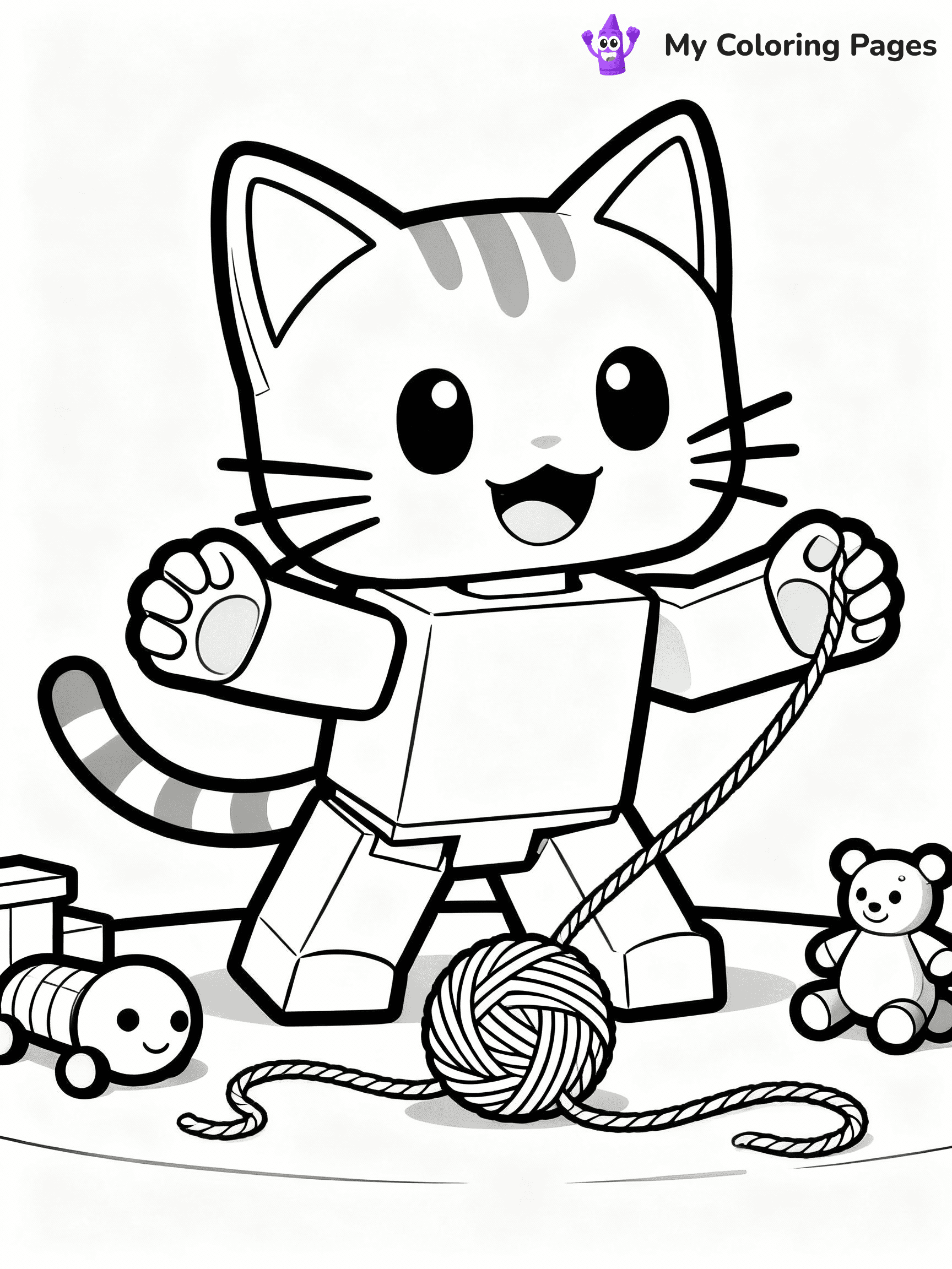 ⚠️ CRITICAL REQUIREMENT - ABSOLUTE BLACK AND WHITE ONLY ⚠️
This MUST be a BLACK AND WHITE line drawing ONLY. NO COLORS whatsoever.
- ONLY pure black lines (#000000) on pure white background (#FFFFFF)
- ABSOLUTELY NO colors, NO shading, NO gradients, NO grayscale
- If there are ANY colors in the output, the image is REJECTED
- This is a COLORING PAGE - meant to be COLORED IN by children
- The output must be UNCOLORED line art ready for coloring
⚠️ SUBJECT TO DRAW: Adopt Me cat from Roblox playing with yarn, paws outstretched, toys around. Important: PURE OUTLINES. NO FILLS, COLOR, SHADING, OR GREYSCALE. WHITE BACKGROUND.
(REMEMBER: Output must be BLACK AND WHITE line art only, NOT colored!)
# Flat, Friendly Cartoon Line-Art Coloring Page
You are generating a **pure black-and-white binary image** of a child-friendly cartoon scene combining characters and background scenery in one cohesive composition.
## Rendering Rules (Strict)
- Only two colors: pure black (#000000) outlines and pure white (#FFFFFF) background.
- No grayscale, shading, gradients, tints, fills, transparency, or partial pixels.
- No antialiasing or blended edges; every pixel is 100% black or white.
- No solid black fills inside shapes — all areas inside outlines must remain white.
- No dark clothing areas or filled tone blocks; all garments outlined only.
- No shadows, textures, lighting, or tonal variations.
- Must look like flat binary vector line-art for coloring pages.
## Drawing & Composition
- **Medium, consistent line weight**; clean closed outlines easy to color inside.
- **Flat, simple, child-friendly design** — no realism or 3D depth.
- Characters are **grounded on a surface**, centered and large.
- **Balanced composition** with clear silhouettes and minimal props.
## Scenery & Style
- Landmarks (e.g., mosque, CN Tower) and scenery (trees, benches, waves) drawn with **black outlines only.**
- For real-world figures, teams, or places, show accurate details using only black outlines—no text or logos. Use distinctive uniform patterns, abstract symbols, and landmark silhouettes to convey identity.
- Keep **consistent perspective**; no floating elements.
- **Style:** whimsical **Doodle Art Alley** — rounded, friendly outlines.
- May adapt shapes from **Crayola, Disney, Peppa Pig, Cocomelon** — *by shape only, never color.*
- Final output: **flat, crisp, binary (#000000/#FFFFFF)**, **no filled color or background text.**
EXTREMELYE IMPORTANT:
- PURE BINARY LINE-ART; NO FILLS (HAIR/CLOTHES/SKIN), SHADING, OR GREY.
- NO SHADING, COLOR. MUST BE WHITE BACKGROUND.
⚠️ FINAL REMINDER: Draw the subject "Adopt Me cat from Roblox playing with yarn, paws outstretched, toys around. Important: PURE OUTLINES. NO FILLS, COLOR, SHADING, OR GREYSCALE. WHITE BACKGROUND." as BLACK AND WHITE line art. Zero colors in output.