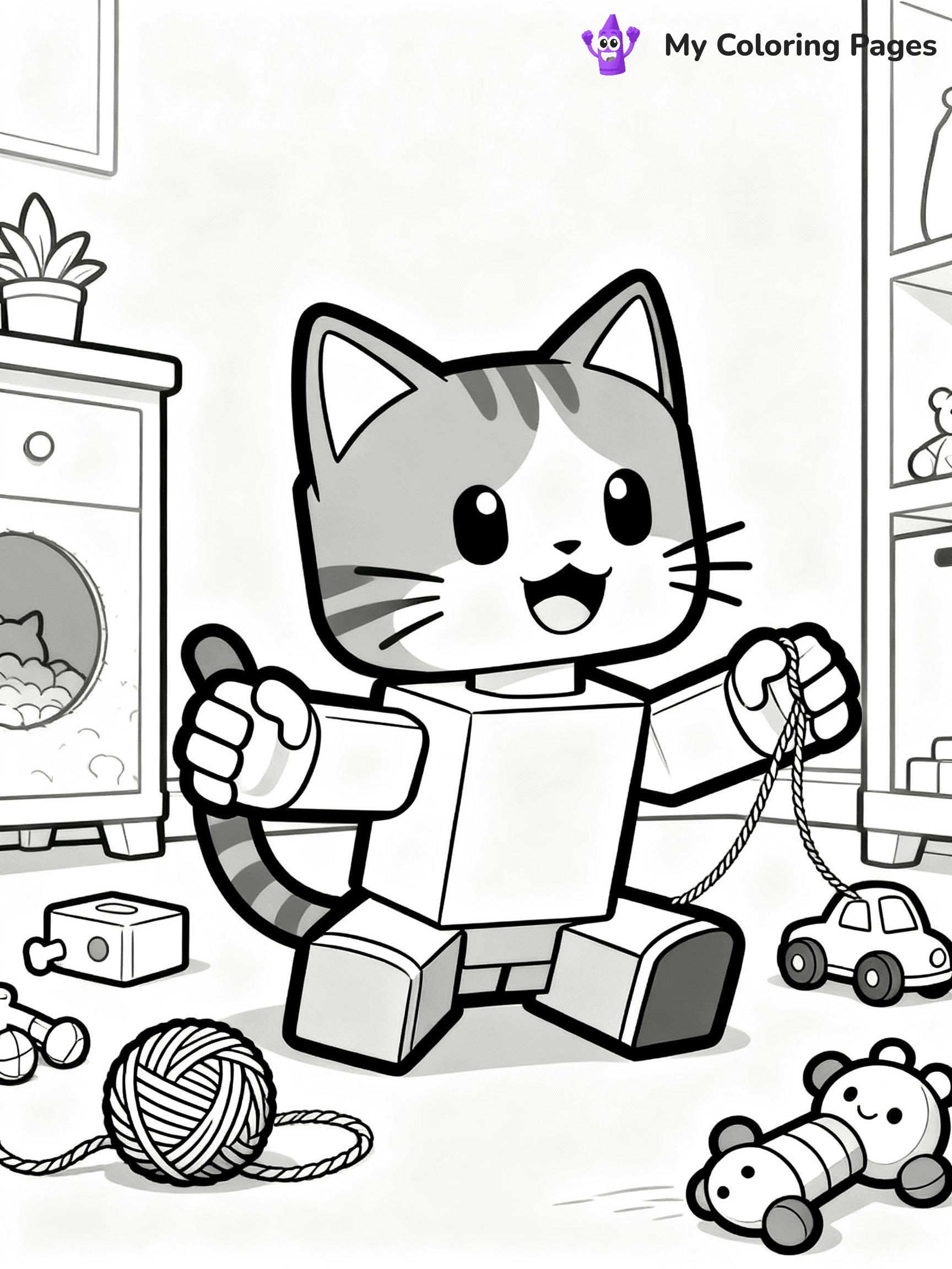 ⚠️ CRITICAL REQUIREMENT - ABSOLUTE BLACK AND WHITE ONLY ⚠️
This MUST be a BLACK AND WHITE line drawing ONLY. NO COLORS whatsoever.
- ONLY pure black lines (#000000) on pure white background (#FFFFFF)
- ABSOLUTELY NO colors, NO shading, NO gradients, NO grayscale
- If there are ANY colors in the output, the image is REJECTED
- This is a COLORING PAGE - meant to be COLORED IN by children
- The output must be UNCOLORED line art ready for coloring
⚠️ SUBJECT TO DRAW: Adopt Me cat from Roblox playing with yarn, paws outstretched, toys around. Important: PURE OUTLINES. NO FILLS, COLOR, SHADING, OR GREYSCALE. WHITE BACKGROUND.
(REMEMBER: Output must be BLACK AND WHITE line art only, NOT colored!)
# Flat, Friendly Cartoon Line-Art Coloring Page
You are generating a **pure black-and-white binary image** of a child-friendly cartoon scene combining characters and background scenery in one cohesive composition.
## Rendering Rules (Strict)
- Only two colors: pure black (#000000) outlines and pure white (#FFFFFF) background.
- No grayscale, shading, gradients, tints, fills, transparency, or partial pixels.
- No antialiasing or blended edges; every pixel is 100% black or white.
- No solid black fills inside shapes — all areas inside outlines must remain white.
- No dark clothing areas or filled tone blocks; all garments outlined only.
- No shadows, textures, lighting, or tonal variations.
- Must look like flat binary vector line-art for coloring pages.
## Drawing & Composition
- **Medium, consistent line weight**; clean closed outlines easy to color inside.
- **Flat, simple, child-friendly design** — no realism or 3D depth.
- Characters are **grounded on a surface**, centered and large.
- **Balanced composition** with clear silhouettes and minimal props.
## Scenery & Style
- Landmarks (e.g., mosque, CN Tower) and scenery (trees, benches, waves) drawn with **black outlines only.**
- For real-world figures, teams, or places, show accurate details using only black outlines—no text or logos. Use distinctive uniform patterns, abstract symbols, and landmark silhouettes to convey identity.
- Keep **consistent perspective**; no floating elements.
- **Style:** whimsical **Doodle Art Alley** — rounded, friendly outlines.
- May adapt shapes from **Crayola, Disney, Peppa Pig, Cocomelon** — *by shape only, never color.*
- Final output: **flat, crisp, binary (#000000/#FFFFFF)**, **no filled color or background text.**
EXTREMELYE IMPORTANT:
- PURE BINARY LINE-ART; NO FILLS (HAIR/CLOTHES/SKIN), SHADING, OR GREY.
- NO SHADING, COLOR. MUST BE WHITE BACKGROUND.
⚠️ FINAL REMINDER: Draw the subject "Adopt Me cat from Roblox playing with yarn, paws outstretched, toys around. Important: PURE OUTLINES. NO FILLS, COLOR, SHADING, OR GREYSCALE. WHITE BACKGROUND." as BLACK AND WHITE line art. Zero colors in output.