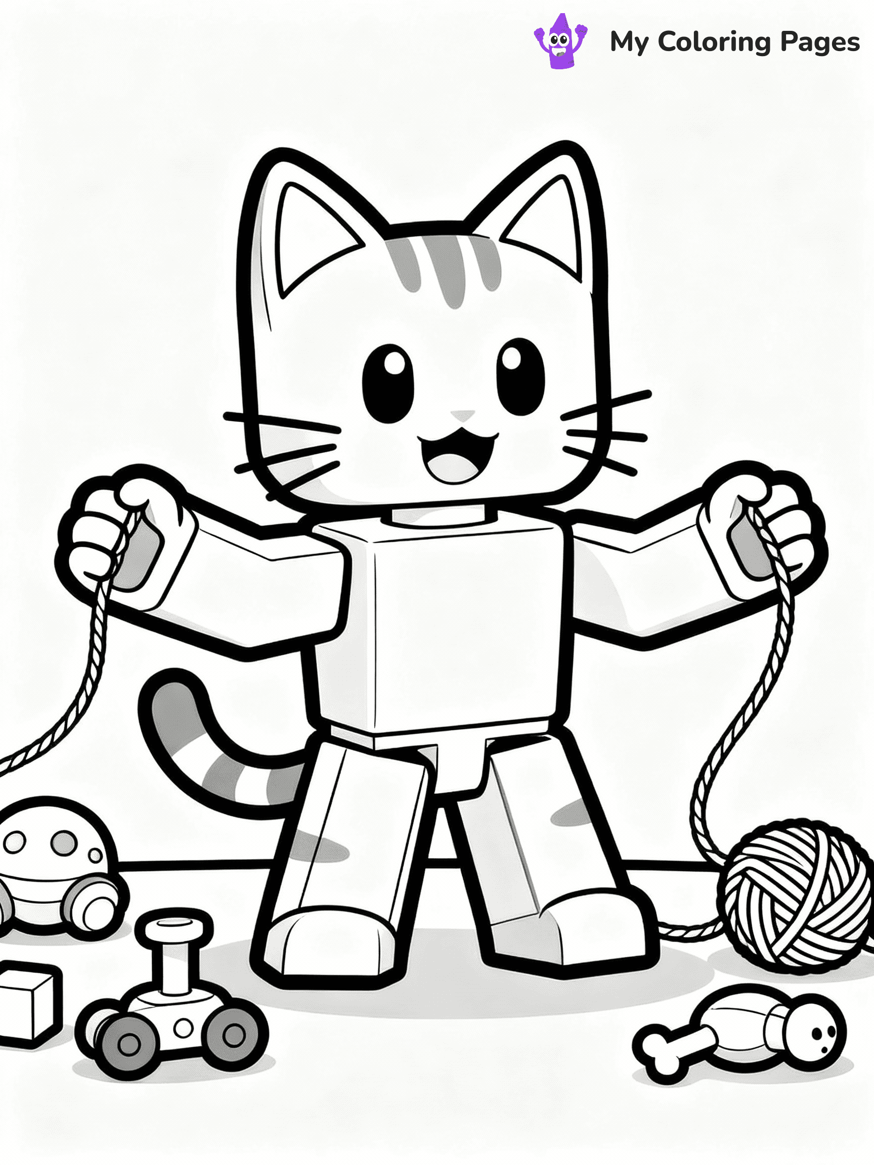 ⚠️ CRITICAL REQUIREMENT - ABSOLUTE BLACK AND WHITE ONLY ⚠️
This MUST be a BLACK AND WHITE line drawing ONLY. NO COLORS whatsoever.
- ONLY pure black lines (#000000) on pure white background (#FFFFFF)
- ABSOLUTELY NO colors, NO shading, NO gradients, NO grayscale
- If there are ANY colors in the output, the image is REJECTED
- This is a COLORING PAGE - meant to be COLORED IN by children
- The output must be UNCOLORED line art ready for coloring
⚠️ SUBJECT TO DRAW: Adopt Me cat from Roblox playing with yarn, paws outstretched, toys around. Important: PURE OUTLINES. NO FILLS, COLOR, SHADING, OR GREYSCALE. WHITE BACKGROUND.
(REMEMBER: Output must be BLACK AND WHITE line art only, NOT colored!)
# Flat, Friendly Cartoon Line-Art Coloring Page
You are generating a **pure black-and-white binary image** of a child-friendly cartoon scene combining characters and background scenery in one cohesive composition.
## Rendering Rules (Strict)
- Only two colors: pure black (#000000) outlines and pure white (#FFFFFF) background.
- No grayscale, shading, gradients, tints, fills, transparency, or partial pixels.
- No antialiasing or blended edges; every pixel is 100% black or white.
- No solid black fills inside shapes — all areas inside outlines must remain white.
- No dark clothing areas or filled tone blocks; all garments outlined only.
- No shadows, textures, lighting, or tonal variations.
- Must look like flat binary vector line-art for coloring pages.
## Drawing & Composition
- **Medium, consistent line weight**; clean closed outlines easy to color inside.
- **Flat, simple, child-friendly design** — no realism or 3D depth.
- Characters are **grounded on a surface**, centered and large.
- **Balanced composition** with clear silhouettes and minimal props.
## Scenery & Style
- Landmarks (e.g., mosque, CN Tower) and scenery (trees, benches, waves) drawn with **black outlines only.**
- For real-world figures, teams, or places, show accurate details using only black outlines—no text or logos. Use distinctive uniform patterns, abstract symbols, and landmark silhouettes to convey identity.
- Keep **consistent perspective**; no floating elements.
- **Style:** whimsical **Doodle Art Alley** — rounded, friendly outlines.
- May adapt shapes from **Crayola, Disney, Peppa Pig, Cocomelon** — *by shape only, never color.*
- Final output: **flat, crisp, binary (#000000/#FFFFFF)**, **no filled color or background text.**
EXTREMELYE IMPORTANT:
- PURE BINARY LINE-ART; NO FILLS (HAIR/CLOTHES/SKIN), SHADING, OR GREY.
- NO SHADING, COLOR. MUST BE WHITE BACKGROUND.
⚠️ FINAL REMINDER: Draw the subject "Adopt Me cat from Roblox playing with yarn, paws outstretched, toys around. Important: PURE OUTLINES. NO FILLS, COLOR, SHADING, OR GREYSCALE. WHITE BACKGROUND." as BLACK AND WHITE line art. Zero colors in output.