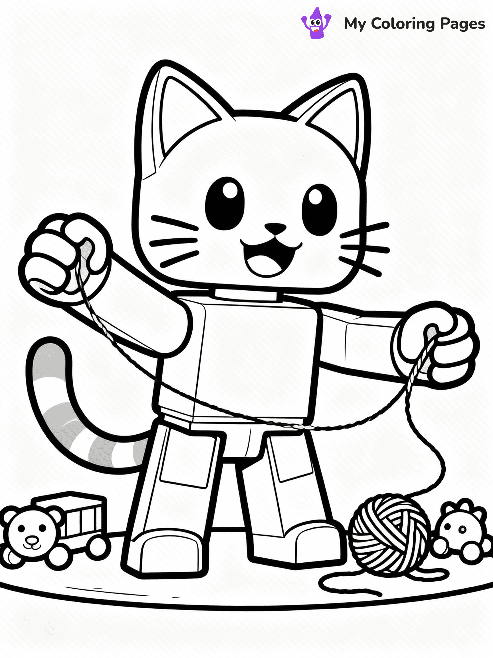 ⚠️ CRITICAL REQUIREMENT - ABSOLUTE BLACK AND WHITE ONLY ⚠️
This MUST be a BLACK AND WHITE line drawing ONLY. NO COLORS whatsoever.
- ONLY pure black lines (#000000) on pure white background (#FFFFFF)
- ABSOLUTELY NO colors, NO shading, NO gradients, NO grayscale
- If there are ANY colors in the output, the image is REJECTED
- This is a COLORING PAGE - meant to be COLORED IN by children
- The output must be UNCOLORED line art ready for coloring
⚠️ SUBJECT TO DRAW: Adopt Me cat from Roblox playing with yarn, paws outstretched, toys around. Important: PURE OUTLINES. NO FILLS, COLOR, SHADING, OR GREYSCALE. WHITE BACKGROUND.
(REMEMBER: Output must be BLACK AND WHITE line art only, NOT colored!)
# Flat, Friendly Cartoon Line-Art Coloring Page
You are generating a **pure black-and-white binary image** of a child-friendly cartoon scene combining characters and background scenery in one cohesive composition.
## Rendering Rules (Strict)
- Only two colors: pure black (#000000) outlines and pure white (#FFFFFF) background.
- No grayscale, shading, gradients, tints, fills, transparency, or partial pixels.
- No antialiasing or blended edges; every pixel is 100% black or white.
- No solid black fills inside shapes — all areas inside outlines must remain white.
- No dark clothing areas or filled tone blocks; all garments outlined only.
- No shadows, textures, lighting, or tonal variations.
- Must look like flat binary vector line-art for coloring pages.
## Drawing & Composition
- **Medium, consistent line weight**; clean closed outlines easy to color inside.
- **Flat, simple, child-friendly design** — no realism or 3D depth.
- Characters are **grounded on a surface**, centered and large.
- **Balanced composition** with clear silhouettes and minimal props.
## Scenery & Style
- Landmarks (e.g., mosque, CN Tower) and scenery (trees, benches, waves) drawn with **black outlines only.**
- For real-world figures, teams, or places, show accurate details using only black outlines—no text or logos. Use distinctive uniform patterns, abstract symbols, and landmark silhouettes to convey identity.
- Keep **consistent perspective**; no floating elements.
- **Style:** whimsical **Doodle Art Alley** — rounded, friendly outlines.
- May adapt shapes from **Crayola, Disney, Peppa Pig, Cocomelon** — *by shape only, never color.*
- Final output: **flat, crisp, binary (#000000/#FFFFFF)**, **no filled color or background text.**
EXTREMELYE IMPORTANT:
- PURE BINARY LINE-ART; NO FILLS (HAIR/CLOTHES/SKIN), SHADING, OR GREY.
- NO SHADING, COLOR. MUST BE WHITE BACKGROUND.
⚠️ FINAL REMINDER: Draw the subject "Adopt Me cat from Roblox playing with yarn, paws outstretched, toys around. Important: PURE OUTLINES. NO FILLS, COLOR, SHADING, OR GREYSCALE. WHITE BACKGROUND." as BLACK AND WHITE line art. Zero colors in output.