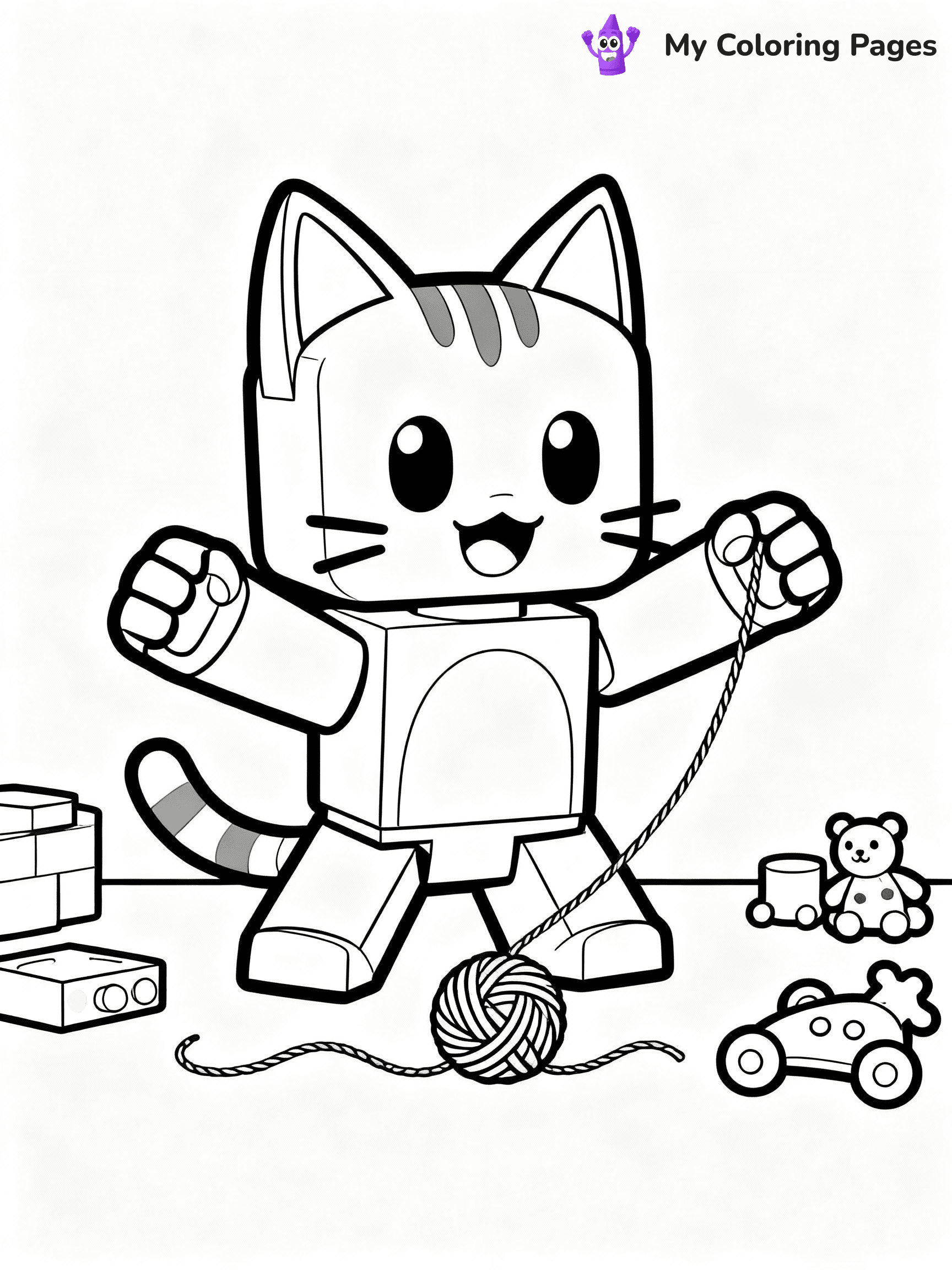 ⚠️ CRITICAL REQUIREMENT - ABSOLUTE BLACK AND WHITE ONLY ⚠️
This MUST be a BLACK AND WHITE line drawing ONLY. NO COLORS whatsoever.
- ONLY pure black lines (#000000) on pure white background (#FFFFFF)
- ABSOLUTELY NO colors, NO shading, NO gradients, NO grayscale
- If there are ANY colors in the output, the image is REJECTED
- This is a COLORING PAGE - meant to be COLORED IN by children
- The output must be UNCOLORED line art ready for coloring
⚠️ SUBJECT TO DRAW: Adopt Me cat from Roblox playing with yarn, paws outstretched, toys around. Important: PURE OUTLINES. NO FILLS, COLOR, SHADING, OR GREYSCALE. WHITE BACKGROUND.
(REMEMBER: Output must be BLACK AND WHITE line art only, NOT colored!)
# Flat, Friendly Cartoon Line-Art Coloring Page
You are generating a **pure black-and-white binary image** of a child-friendly cartoon scene combining characters and background scenery in one cohesive composition.
## Rendering Rules (Strict)
- Only two colors: pure black (#000000) outlines and pure white (#FFFFFF) background.
- No grayscale, shading, gradients, tints, fills, transparency, or partial pixels.
- No antialiasing or blended edges; every pixel is 100% black or white.
- No solid black fills inside shapes — all areas inside outlines must remain white.
- No dark clothing areas or filled tone blocks; all garments outlined only.
- No shadows, textures, lighting, or tonal variations.
- Must look like flat binary vector line-art for coloring pages.
## Drawing & Composition
- **Medium, consistent line weight**; clean closed outlines easy to color inside.
- **Flat, simple, child-friendly design** — no realism or 3D depth.
- Characters are **grounded on a surface**, centered and large.
- **Balanced composition** with clear silhouettes and minimal props.
## Scenery & Style
- Landmarks (e.g., mosque, CN Tower) and scenery (trees, benches, waves) drawn with **black outlines only.**
- For real-world figures, teams, or places, show accurate details using only black outlines—no text or logos. Use distinctive uniform patterns, abstract symbols, and landmark silhouettes to convey identity.
- Keep **consistent perspective**; no floating elements.
- **Style:** whimsical **Doodle Art Alley** — rounded, friendly outlines.
- May adapt shapes from **Crayola, Disney, Peppa Pig, Cocomelon** — *by shape only, never color.*
- Final output: **flat, crisp, binary (#000000/#FFFFFF)**, **no filled color or background text.**
EXTREMELYE IMPORTANT:
- PURE BINARY LINE-ART; NO FILLS (HAIR/CLOTHES/SKIN), SHADING, OR GREY.
- NO SHADING, COLOR. MUST BE WHITE BACKGROUND.
⚠️ FINAL REMINDER: Draw the subject "Adopt Me cat from Roblox playing with yarn, paws outstretched, toys around. Important: PURE OUTLINES. NO FILLS, COLOR, SHADING, OR GREYSCALE. WHITE BACKGROUND." as BLACK AND WHITE line art. Zero colors in output.