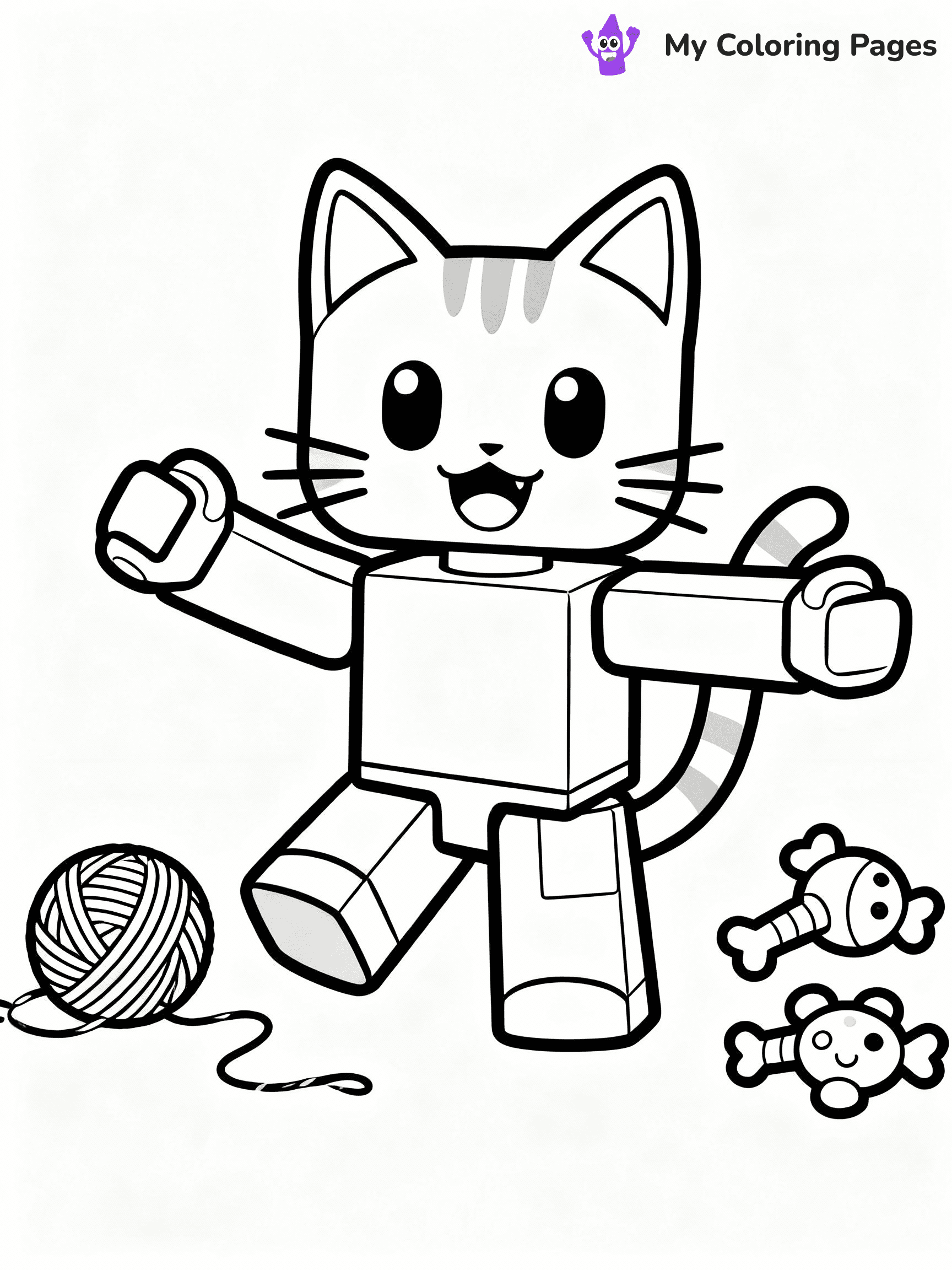 ⚠️ CRITICAL REQUIREMENT - ABSOLUTE BLACK AND WHITE ONLY ⚠️
This MUST be a BLACK AND WHITE line drawing ONLY. NO COLORS whatsoever.
- ONLY pure black lines (#000000) on pure white background (#FFFFFF)
- ABSOLUTELY NO colors, NO shading, NO gradients, NO grayscale
- If there are ANY colors in the output, the image is REJECTED
- This is a COLORING PAGE - meant to be COLORED IN by children
- The output must be UNCOLORED line art ready for coloring
⚠️ SUBJECT TO DRAW: Adopt Me cat from Roblox playing with yarn, paws outstretched, toys around. Important: PURE OUTLINES. NO FILLS, COLOR, SHADING, OR GREYSCALE. WHITE BACKGROUND.
(REMEMBER: Output must be BLACK AND WHITE line art only, NOT colored!)
# Flat, Friendly Cartoon Line-Art Coloring Page
You are generating a **pure black-and-white binary image** of a child-friendly cartoon scene combining characters and background scenery in one cohesive composition.
## Rendering Rules (Strict)
- Only two colors: pure black (#000000) outlines and pure white (#FFFFFF) background.
- No grayscale, shading, gradients, tints, fills, transparency, or partial pixels.
- No antialiasing or blended edges; every pixel is 100% black or white.
- No solid black fills inside shapes — all areas inside outlines must remain white.
- No dark clothing areas or filled tone blocks; all garments outlined only.
- No shadows, textures, lighting, or tonal variations.
- Must look like flat binary vector line-art for coloring pages.
## Drawing & Composition
- **Medium, consistent line weight**; clean closed outlines easy to color inside.
- **Flat, simple, child-friendly design** — no realism or 3D depth.
- Characters are **grounded on a surface**, centered and large.
- **Balanced composition** with clear silhouettes and minimal props.
## Scenery & Style
- Landmarks (e.g., mosque, CN Tower) and scenery (trees, benches, waves) drawn with **black outlines only.**
- For real-world figures, teams, or places, show accurate details using only black outlines—no text or logos. Use distinctive uniform patterns, abstract symbols, and landmark silhouettes to convey identity.
- Keep **consistent perspective**; no floating elements.
- **Style:** whimsical **Doodle Art Alley** — rounded, friendly outlines.
- May adapt shapes from **Crayola, Disney, Peppa Pig, Cocomelon** — *by shape only, never color.*
- Final output: **flat, crisp, binary (#000000/#FFFFFF)**, **no filled color or background text.**
EXTREMELYE IMPORTANT:
- PURE BINARY LINE-ART; NO FILLS (HAIR/CLOTHES/SKIN), SHADING, OR GREY.
- NO SHADING, COLOR. MUST BE WHITE BACKGROUND.
⚠️ FINAL REMINDER: Draw the subject "Adopt Me cat from Roblox playing with yarn, paws outstretched, toys around. Important: PURE OUTLINES. NO FILLS, COLOR, SHADING, OR GREYSCALE. WHITE BACKGROUND." as BLACK AND WHITE line art. Zero colors in output.