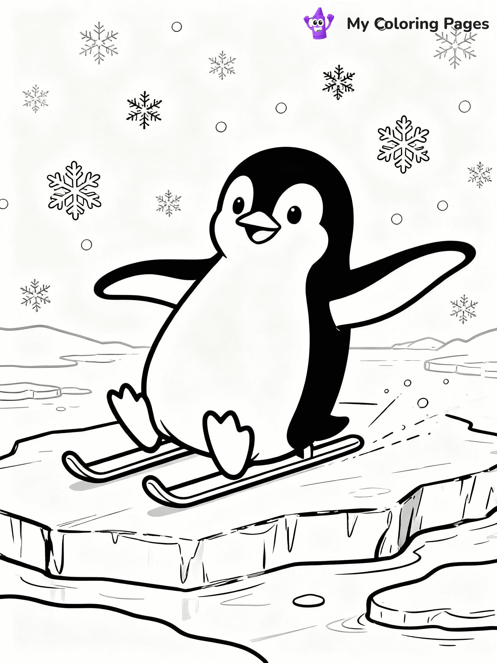 ⚠️ CRITICAL REQUIREMENT - ABSOLUTE BLACK AND WHITE ONLY ⚠️
This MUST be a BLACK AND WHITE line drawing ONLY. NO COLORS whatsoever.
- ONLY pure black lines (#000000) on pure white background (#FFFFFF)
- ABSOLUTELY NO colors, NO shading, NO gradients, NO grayscale
- If there are ANY colors in the output, the image is REJECTED
- This is a COLORING PAGE - meant to be COLORED IN by children
- The output must be UNCOLORED line art ready for coloring
⚠️ SUBJECT TO DRAW: Playful penguin sliding on ice, flippers extended, snowflakes falling. Important: PURE OUTLINES. NO FILLS, COLOR, SHADING, OR GREYSCALE. WHITE BACKGROUND.
(REMEMBER: Output must be BLACK AND WHITE line art only, NOT colored!)
# Flat, Friendly Cartoon Line-Art Coloring Page
You are generating a **pure black-and-white binary image** of a child-friendly cartoon scene combining characters and background scenery in one cohesive composition.
## Rendering Rules (Strict)
- Only two colors: pure black (#000000) outlines and pure white (#FFFFFF) background.
- No grayscale, shading, gradients, tints, fills, transparency, or partial pixels.
- No antialiasing or blended edges; every pixel is 100% black or white.
- No solid black fills inside shapes — all areas inside outlines must remain white.
- No dark clothing areas or filled tone blocks; all garments outlined only.
- No shadows, textures, lighting, or tonal variations.
- Must look like flat binary vector line-art for coloring pages.
## Drawing & Composition
- **Medium, consistent line weight**; clean closed outlines easy to color inside.
- **Flat, simple, child-friendly design** — no realism or 3D depth.
- Characters are **grounded on a surface**, centered and large.
- **Balanced composition** with clear silhouettes and minimal props.
## Scenery & Style
- Landmarks (e.g., mosque, CN Tower) and scenery (trees, benches, waves) drawn with **black outlines only.**
- For real-world figures, teams, or places, show accurate details using only black outlines—no text or logos. Use distinctive uniform patterns, abstract symbols, and landmark silhouettes to convey identity.
- Keep **consistent perspective**; no floating elements.
- **Style:** whimsical **Doodle Art Alley** — rounded, friendly outlines.
- May adapt shapes from **Crayola, Disney, Peppa Pig, Cocomelon** — *by shape only, never color.*
- Final output: **flat, crisp, binary (#000000/#FFFFFF)**, **no filled color or background text.**
EXTREMELYE IMPORTANT:
- PURE BINARY LINE-ART; NO FILLS (HAIR/CLOTHES/SKIN), SHADING, OR GREY.
- NO SHADING, COLOR. MUST BE WHITE BACKGROUND.
⚠️ FINAL REMINDER: Draw the subject "Playful penguin sliding on ice, flippers extended, snowflakes falling. Important: PURE OUTLINES. NO FILLS, COLOR, SHADING, OR GREYSCALE. WHITE BACKGROUND." as BLACK AND WHITE line art. Zero colors in output.