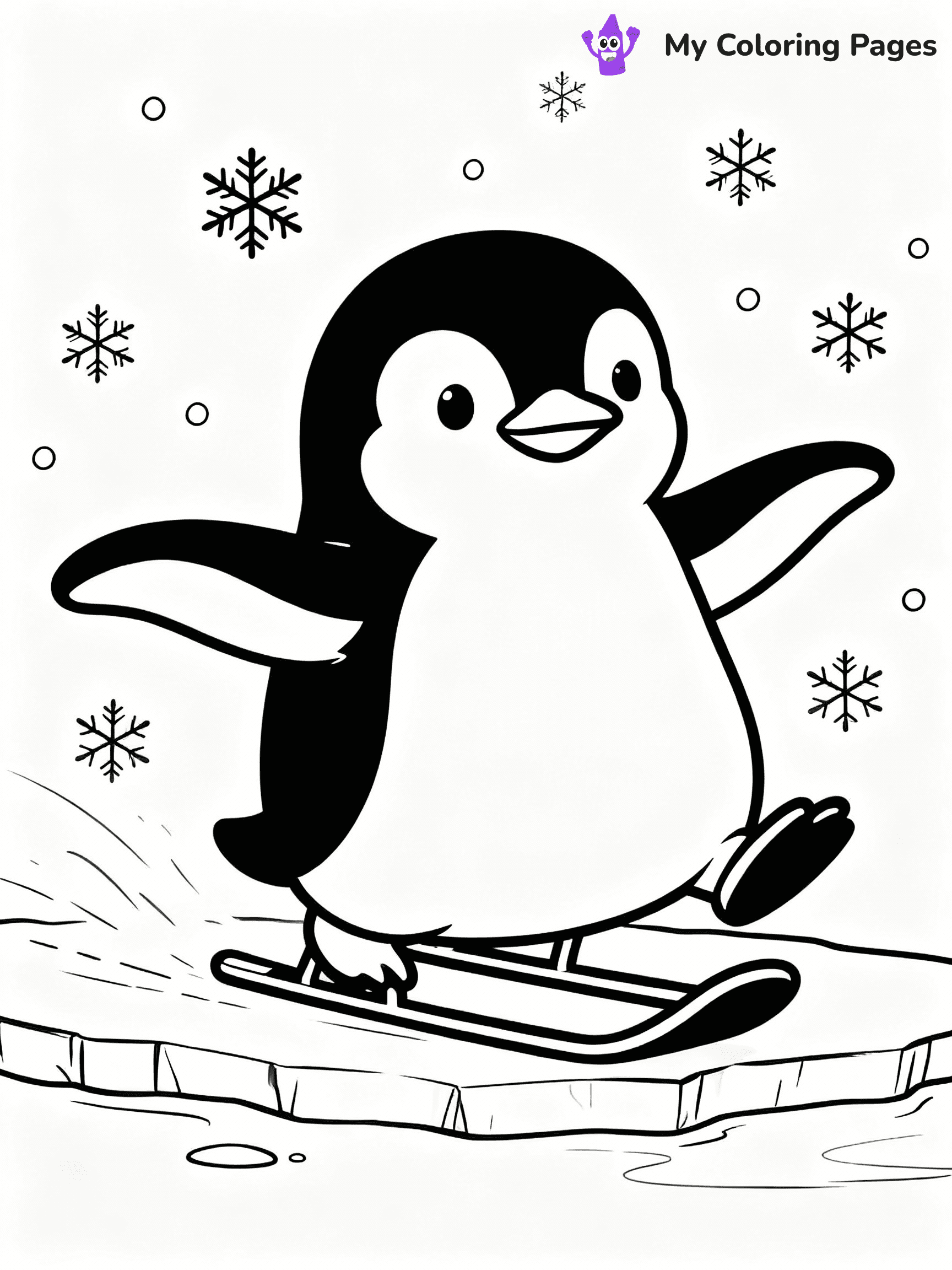 ⚠️ CRITICAL REQUIREMENT - ABSOLUTE BLACK AND WHITE ONLY ⚠️
This MUST be a BLACK AND WHITE line drawing ONLY. NO COLORS whatsoever.
- ONLY pure black lines (#000000) on pure white background (#FFFFFF)
- ABSOLUTELY NO colors, NO shading, NO gradients, NO grayscale
- If there are ANY colors in the output, the image is REJECTED
- This is a COLORING PAGE - meant to be COLORED IN by children
- The output must be UNCOLORED line art ready for coloring
⚠️ SUBJECT TO DRAW: Playful penguin sliding on ice, flippers extended, snowflakes falling. Important: PURE OUTLINES. NO FILLS, COLOR, SHADING, OR GREYSCALE. WHITE BACKGROUND.
(REMEMBER: Output must be BLACK AND WHITE line art only, NOT colored!)
# Flat, Friendly Cartoon Line-Art Coloring Page
You are generating a **pure black-and-white binary image** of a child-friendly cartoon scene combining characters and background scenery in one cohesive composition.
## Rendering Rules (Strict)
- Only two colors: pure black (#000000) outlines and pure white (#FFFFFF) background.
- No grayscale, shading, gradients, tints, fills, transparency, or partial pixels.
- No antialiasing or blended edges; every pixel is 100% black or white.
- No solid black fills inside shapes — all areas inside outlines must remain white.
- No dark clothing areas or filled tone blocks; all garments outlined only.
- No shadows, textures, lighting, or tonal variations.
- Must look like flat binary vector line-art for coloring pages.
## Drawing & Composition
- **Medium, consistent line weight**; clean closed outlines easy to color inside.
- **Flat, simple, child-friendly design** — no realism or 3D depth.
- Characters are **grounded on a surface**, centered and large.
- **Balanced composition** with clear silhouettes and minimal props.
## Scenery & Style
- Landmarks (e.g., mosque, CN Tower) and scenery (trees, benches, waves) drawn with **black outlines only.**
- For real-world figures, teams, or places, show accurate details using only black outlines—no text or logos. Use distinctive uniform patterns, abstract symbols, and landmark silhouettes to convey identity.
- Keep **consistent perspective**; no floating elements.
- **Style:** whimsical **Doodle Art Alley** — rounded, friendly outlines.
- May adapt shapes from **Crayola, Disney, Peppa Pig, Cocomelon** — *by shape only, never color.*
- Final output: **flat, crisp, binary (#000000/#FFFFFF)**, **no filled color or background text.**
EXTREMELYE IMPORTANT:
- PURE BINARY LINE-ART; NO FILLS (HAIR/CLOTHES/SKIN), SHADING, OR GREY.
- NO SHADING, COLOR. MUST BE WHITE BACKGROUND.
⚠️ FINAL REMINDER: Draw the subject "Playful penguin sliding on ice, flippers extended, snowflakes falling. Important: PURE OUTLINES. NO FILLS, COLOR, SHADING, OR GREYSCALE. WHITE BACKGROUND." as BLACK AND WHITE line art. Zero colors in output.