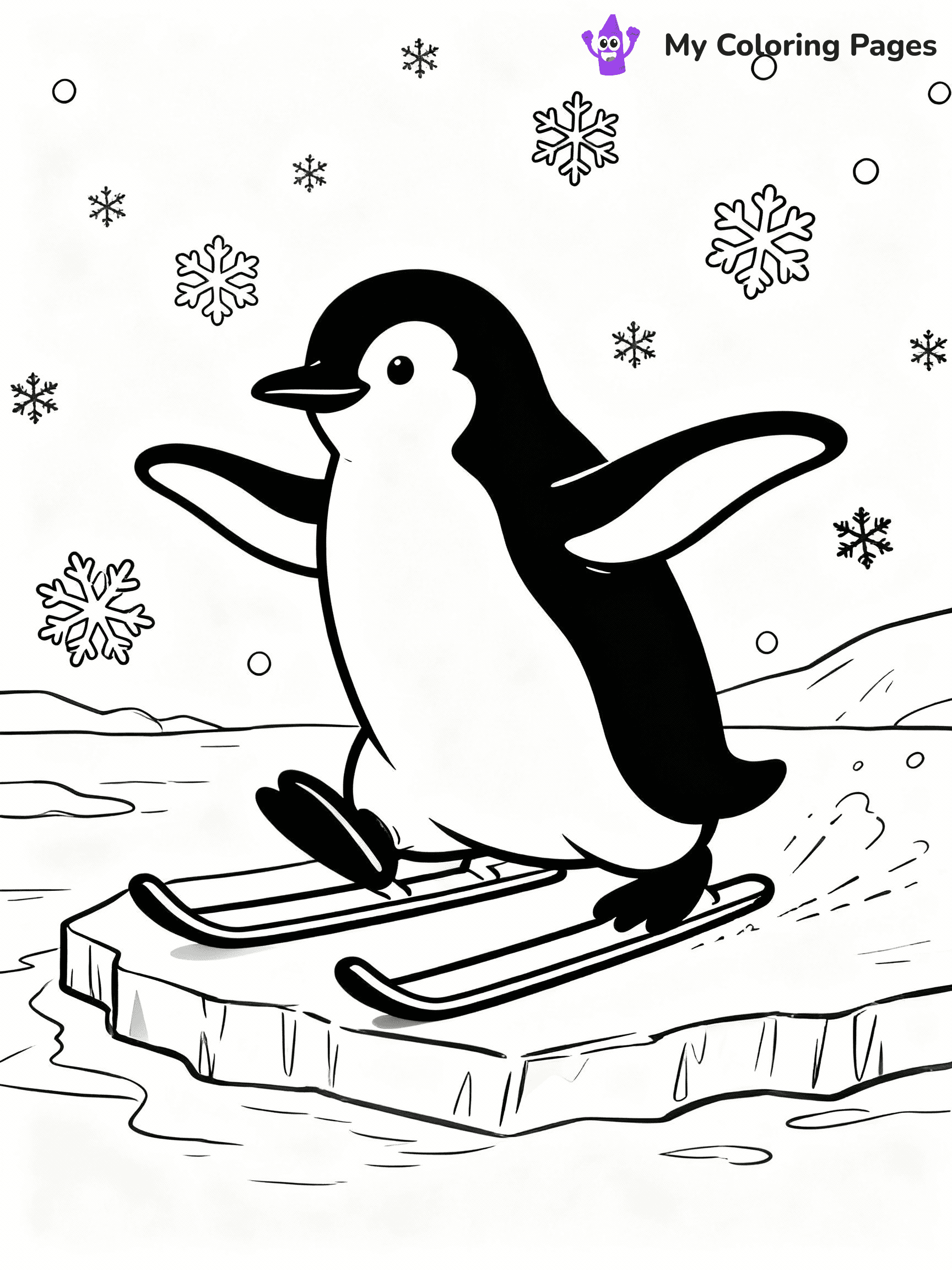 ⚠️ CRITICAL REQUIREMENT - ABSOLUTE BLACK AND WHITE ONLY ⚠️
This MUST be a BLACK AND WHITE line drawing ONLY. NO COLORS whatsoever.
- ONLY pure black lines (#000000) on pure white background (#FFFFFF)
- ABSOLUTELY NO colors, NO shading, NO gradients, NO grayscale
- If there are ANY colors in the output, the image is REJECTED
- This is a COLORING PAGE - meant to be COLORED IN by children
- The output must be UNCOLORED line art ready for coloring
⚠️ SUBJECT TO DRAW: Playful penguin sliding on ice, flippers extended, snowflakes falling. Important: PURE OUTLINES. NO FILLS, COLOR, SHADING, OR GREYSCALE. WHITE BACKGROUND.
(REMEMBER: Output must be BLACK AND WHITE line art only, NOT colored!)
# Flat, Friendly Cartoon Line-Art Coloring Page
You are generating a **pure black-and-white binary image** of a child-friendly cartoon scene combining characters and background scenery in one cohesive composition.
## Rendering Rules (Strict)
- Only two colors: pure black (#000000) outlines and pure white (#FFFFFF) background.
- No grayscale, shading, gradients, tints, fills, transparency, or partial pixels.
- No antialiasing or blended edges; every pixel is 100% black or white.
- No solid black fills inside shapes — all areas inside outlines must remain white.
- No dark clothing areas or filled tone blocks; all garments outlined only.
- No shadows, textures, lighting, or tonal variations.
- Must look like flat binary vector line-art for coloring pages.
## Drawing & Composition
- **Medium, consistent line weight**; clean closed outlines easy to color inside.
- **Flat, simple, child-friendly design** — no realism or 3D depth.
- Characters are **grounded on a surface**, centered and large.
- **Balanced composition** with clear silhouettes and minimal props.
## Scenery & Style
- Landmarks (e.g., mosque, CN Tower) and scenery (trees, benches, waves) drawn with **black outlines only.**
- For real-world figures, teams, or places, show accurate details using only black outlines—no text or logos. Use distinctive uniform patterns, abstract symbols, and landmark silhouettes to convey identity.
- Keep **consistent perspective**; no floating elements.
- **Style:** whimsical **Doodle Art Alley** — rounded, friendly outlines.
- May adapt shapes from **Crayola, Disney, Peppa Pig, Cocomelon** — *by shape only, never color.*
- Final output: **flat, crisp, binary (#000000/#FFFFFF)**, **no filled color or background text.**
EXTREMELYE IMPORTANT:
- PURE BINARY LINE-ART; NO FILLS (HAIR/CLOTHES/SKIN), SHADING, OR GREY.
- NO SHADING, COLOR. MUST BE WHITE BACKGROUND.
⚠️ FINAL REMINDER: Draw the subject "Playful penguin sliding on ice, flippers extended, snowflakes falling. Important: PURE OUTLINES. NO FILLS, COLOR, SHADING, OR GREYSCALE. WHITE BACKGROUND." as BLACK AND WHITE line art. Zero colors in output.