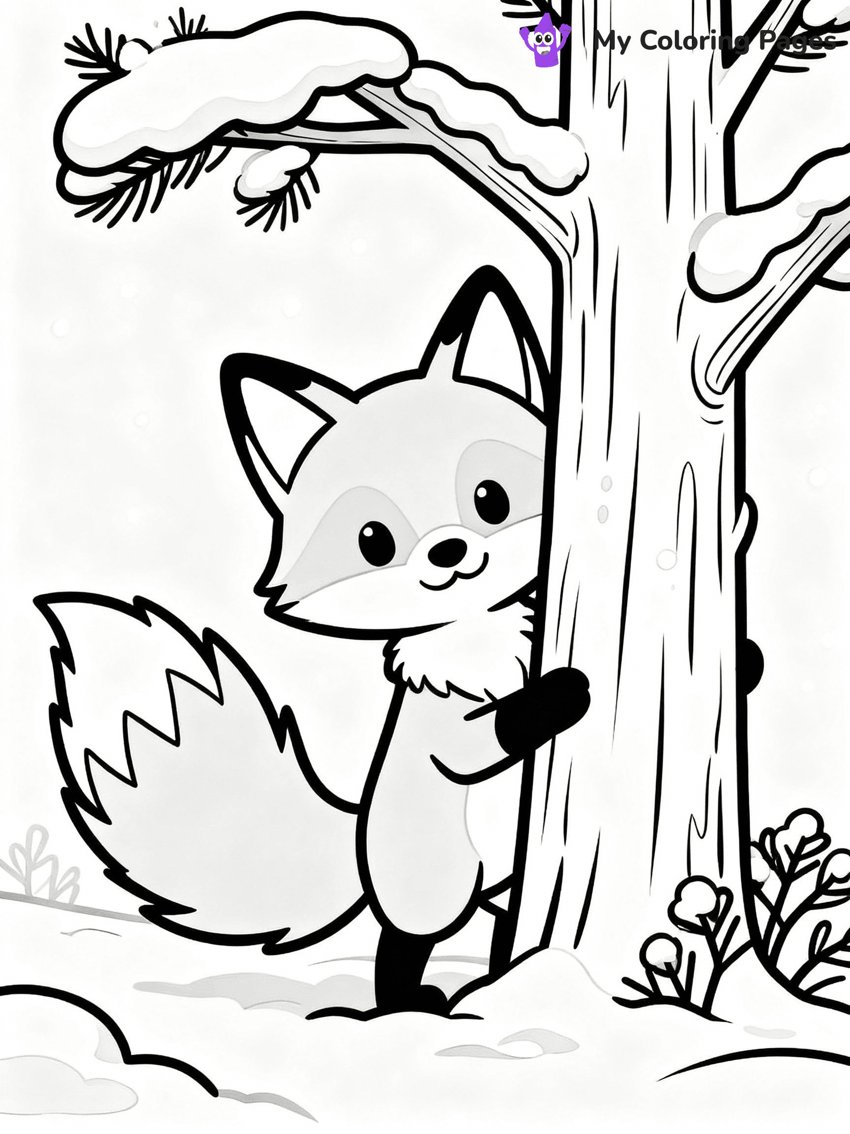 ⚠️ CRITICAL REQUIREMENT - ABSOLUTE BLACK AND WHITE ONLY ⚠️
This MUST be a BLACK AND WHITE line drawing ONLY. NO COLORS whatsoever.
- ONLY pure black lines (#000000) on pure white background (#FFFFFF)
- ABSOLUTELY NO colors, NO shading, NO gradients, NO grayscale
- If there are ANY colors in the output, the image is REJECTED
- This is a COLORING PAGE - meant to be COLORED IN by children
- The output must be UNCOLORED line art ready for coloring
⚠️ SUBJECT TO DRAW: Adorable winter fox peeking from behind snow-covered tree, tail bushy. Important: PURE OUTLINES. NO FILLS, COLOR, SHADING, OR GREYSCALE. WHITE BACKGROUND.
(REMEMBER: Output must be BLACK AND WHITE line art only, NOT colored!)
# Flat, Friendly Cartoon Line-Art Coloring Page
You are generating a **pure black-and-white binary image** of a child-friendly cartoon scene combining characters and background scenery in one cohesive composition.
## Rendering Rules (Strict)
- Only two colors: pure black (#000000) outlines and pure white (#FFFFFF) background.
- No grayscale, shading, gradients, tints, fills, transparency, or partial pixels.
- No antialiasing or blended edges; every pixel is 100% black or white.
- No solid black fills inside shapes — all areas inside outlines must remain white.
- No dark clothing areas or filled tone blocks; all garments outlined only.
- No shadows, textures, lighting, or tonal variations.
- Must look like flat binary vector line-art for coloring pages.
## Drawing & Composition
- **Medium, consistent line weight**; clean closed outlines easy to color inside.
- **Flat, simple, child-friendly design** — no realism or 3D depth.
- Characters are **grounded on a surface**, centered and large.
- **Balanced composition** with clear silhouettes and minimal props.
## Scenery & Style
- Landmarks (e.g., mosque, CN Tower) and scenery (trees, benches, waves) drawn with **black outlines only.**
- For real-world figures, teams, or places, show accurate details using only black outlines—no text or logos. Use distinctive uniform patterns, abstract symbols, and landmark silhouettes to convey identity.
- Keep **consistent perspective**; no floating elements.
- **Style:** whimsical **Doodle Art Alley** — rounded, friendly outlines.
- May adapt shapes from **Crayola, Disney, Peppa Pig, Cocomelon** — *by shape only, never color.*
- Final output: **flat, crisp, binary (#000000/#FFFFFF)**, **no filled color or background text.**
EXTREMELYE IMPORTANT:
- PURE BINARY LINE-ART; NO FILLS (HAIR/CLOTHES/SKIN), SHADING, OR GREY.
- NO SHADING, COLOR. MUST BE WHITE BACKGROUND.
⚠️ FINAL REMINDER: Draw the subject "Adorable winter fox peeking from behind snow-covered tree, tail bushy. Important: PURE OUTLINES. NO FILLS, COLOR, SHADING, OR GREYSCALE. WHITE BACKGROUND." as BLACK AND WHITE line art. Zero colors in output.