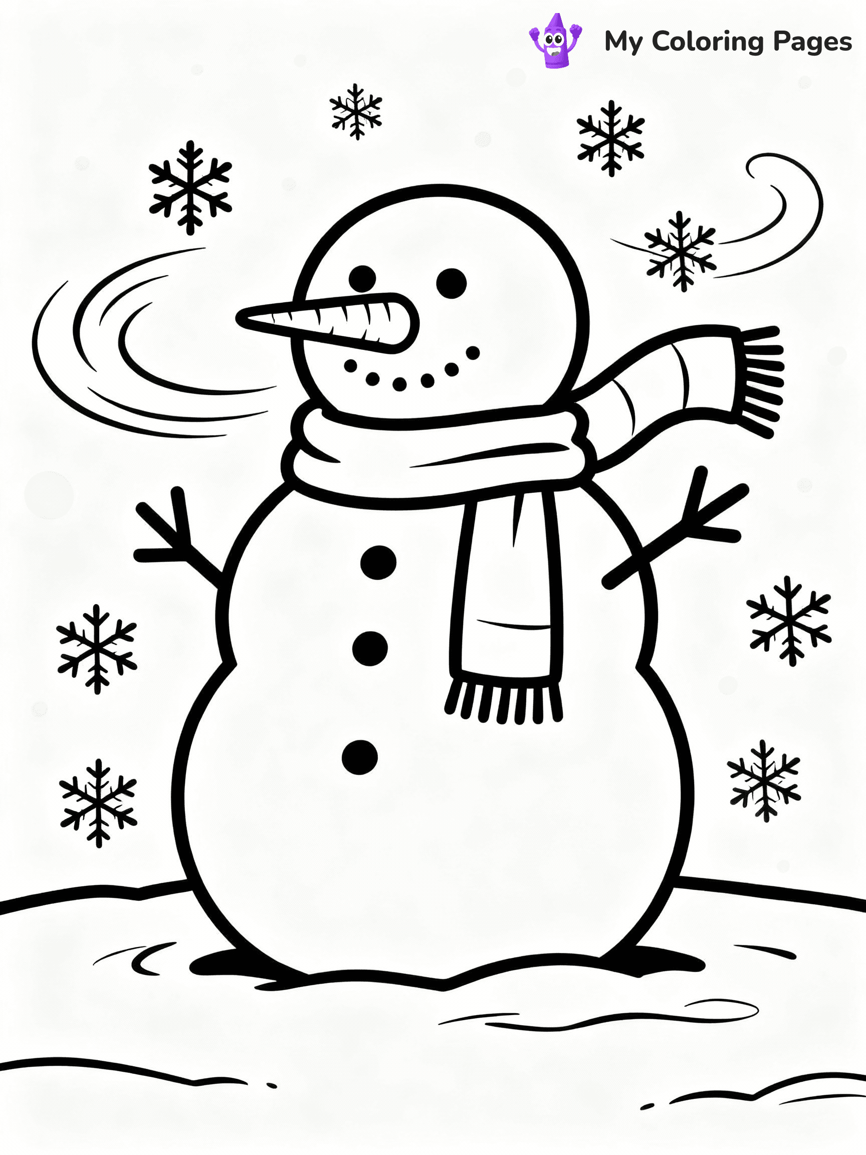 ⚠️ CRITICAL REQUIREMENT - ABSOLUTE BLACK AND WHITE ONLY ⚠️
This MUST be a BLACK AND WHITE line drawing ONLY. NO COLORS whatsoever.
- ONLY pure black lines (#000000) on pure white background (#FFFFFF)
- ABSOLUTELY NO colors, NO shading, NO gradients, NO grayscale
- If there are ANY colors in the output, the image is REJECTED
- This is a COLORING PAGE - meant to be COLORED IN by children
- The output must be UNCOLORED line art ready for coloring
⚠️ SUBJECT TO DRAW: Snowman with scarf and carrot nose, snowflakes swirling around. Important: PURE OUTLINES. NO FILLS, COLOR, SHADING, OR GREYSCALE. WHITE BACKGROUND.
(REMEMBER: Output must be BLACK AND WHITE line art only, NOT colored!)
# Flat, Friendly Cartoon Line-Art Coloring Page
You are generating a **pure black-and-white binary image** of a child-friendly cartoon scene combining characters and background scenery in one cohesive composition.
## Rendering Rules (Strict)
- Only two colors: pure black (#000000) outlines and pure white (#FFFFFF) background.
- No grayscale, shading, gradients, tints, fills, transparency, or partial pixels.
- No antialiasing or blended edges; every pixel is 100% black or white.
- No solid black fills inside shapes — all areas inside outlines must remain white.
- No dark clothing areas or filled tone blocks; all garments outlined only.
- No shadows, textures, lighting, or tonal variations.
- Must look like flat binary vector line-art for coloring pages.
## Drawing & Composition
- **Medium, consistent line weight**; clean closed outlines easy to color inside.
- **Flat, simple, child-friendly design** — no realism or 3D depth.
- Characters are **grounded on a surface**, centered and large.
- **Balanced composition** with clear silhouettes and minimal props.
## Scenery & Style
- Landmarks (e.g., mosque, CN Tower) and scenery (trees, benches, waves) drawn with **black outlines only.**
- For real-world figures, teams, or places, show accurate details using only black outlines—no text or logos. Use distinctive uniform patterns, abstract symbols, and landmark silhouettes to convey identity.
- Keep **consistent perspective**; no floating elements.
- **Style:** whimsical **Doodle Art Alley** — rounded, friendly outlines.
- May adapt shapes from **Crayola, Disney, Peppa Pig, Cocomelon** — *by shape only, never color.*
- Final output: **flat, crisp, binary (#000000/#FFFFFF)**, **no filled color or background text.**
EXTREMELYE IMPORTANT:
- PURE BINARY LINE-ART; NO FILLS (HAIR/CLOTHES/SKIN), SHADING, OR GREY.
- NO SHADING, COLOR. MUST BE WHITE BACKGROUND.
⚠️ FINAL REMINDER: Draw the subject "Snowman with scarf and carrot nose, snowflakes swirling around. Important: PURE OUTLINES. NO FILLS, COLOR, SHADING, OR GREYSCALE. WHITE BACKGROUND." as BLACK AND WHITE line art. Zero colors in output.