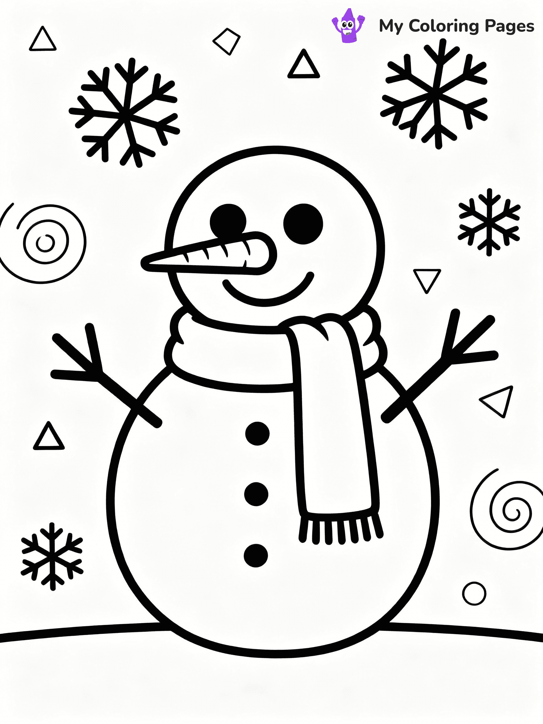 ⚠️ CRITICAL REQUIREMENT - ABSOLUTE BLACK AND WHITE ONLY ⚠️
This MUST be a BLACK AND WHITE line drawing ONLY. NO COLORS whatsoever.
- ONLY pure black lines (#000000) on pure white background (#FFFFFF)
- ABSOLUTELY NO colors, NO shading, NO gradients, NO grayscale
- If there are ANY colors in the output, the image is REJECTED
- This is a COLORING PAGE - meant to be COLORED IN by children
- The output must be UNCOLORED line art ready for coloring
⚠️ SUBJECT TO DRAW: Snowman with scarf and carrot nose, snowflakes swirling around. Important: PURE OUTLINES. NO FILLS, COLOR, SHADING, OR GREYSCALE. WHITE BACKGROUND.
(REMEMBER: Output must be BLACK AND WHITE line art only, NOT colored!)
# Flat, Friendly Cartoon Line-Art Coloring Page
You are generating a **pure black-and-white binary image** of a child-friendly cartoon scene combining characters and background scenery in one cohesive composition.
## Rendering Rules (Strict)
- Only two colors: pure black (#000000) outlines and pure white (#FFFFFF) background.
- No grayscale, shading, gradients, tints, fills, transparency, or partial pixels.
- No antialiasing or blended edges; every pixel is 100% black or white.
- No solid black fills inside shapes — all areas inside outlines must remain white.
- No dark clothing areas or filled tone blocks; all garments outlined only.
- No shadows, textures, lighting, or tonal variations.
- Must look like flat binary vector line-art for coloring pages.
## Drawing & Composition
- **Medium, consistent line weight**; clean closed outlines easy to color inside.
- **Flat, simple, child-friendly design** — no realism or 3D depth.
- Characters are **grounded on a surface**, centered and large.
- **Balanced composition** with clear silhouettes and minimal props.
## Scenery & Style
- Landmarks (e.g., mosque, CN Tower) and scenery (trees, benches, waves) drawn with **black outlines only.**
- For real-world figures, teams, or places, show accurate details using only black outlines—no text or logos. Use distinctive uniform patterns, abstract symbols, and landmark silhouettes to convey identity.
- Keep **consistent perspective**; no floating elements.
- **Style:** whimsical **Doodle Art Alley** — rounded, friendly outlines.
- May adapt shapes from **Crayola, Disney, Peppa Pig, Cocomelon** — *by shape only, never color.*
- Final output: **flat, crisp, binary (#000000/#FFFFFF)**, **no filled color or background text.**
EXTREMELYE IMPORTANT:
- PURE BINARY LINE-ART; NO FILLS (HAIR/CLOTHES/SKIN), SHADING, OR GREY.
- NO SHADING, COLOR. MUST BE WHITE BACKGROUND.
⚠️ FINAL REMINDER: Draw the subject "Snowman with scarf and carrot nose, snowflakes swirling around. Important: PURE OUTLINES. NO FILLS, COLOR, SHADING, OR GREYSCALE. WHITE BACKGROUND." as BLACK AND WHITE line art. Zero colors in output.