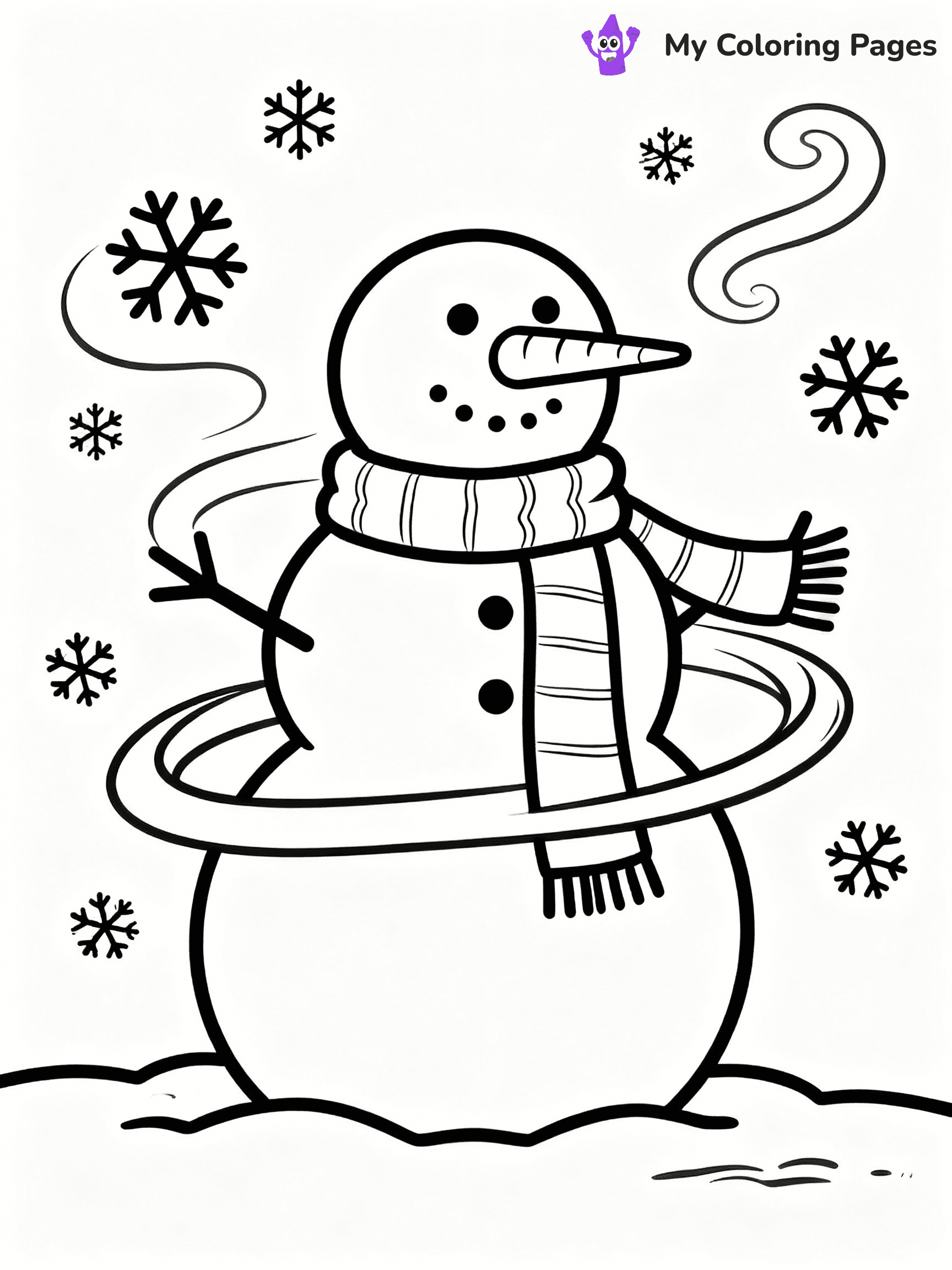 ⚠️ CRITICAL REQUIREMENT - ABSOLUTE BLACK AND WHITE ONLY ⚠️
This MUST be a BLACK AND WHITE line drawing ONLY. NO COLORS whatsoever.
- ONLY pure black lines (#000000) on pure white background (#FFFFFF)
- ABSOLUTELY NO colors, NO shading, NO gradients, NO grayscale
- If there are ANY colors in the output, the image is REJECTED
- This is a COLORING PAGE - meant to be COLORED IN by children
- The output must be UNCOLORED line art ready for coloring
⚠️ SUBJECT TO DRAW: Snowman with scarf and carrot nose, snowflakes swirling around. Important: PURE OUTLINES. NO FILLS, COLOR, SHADING, OR GREYSCALE. WHITE BACKGROUND.
(REMEMBER: Output must be BLACK AND WHITE line art only, NOT colored!)
# Flat, Friendly Cartoon Line-Art Coloring Page
You are generating a **pure black-and-white binary image** of a child-friendly cartoon scene combining characters and background scenery in one cohesive composition.
## Rendering Rules (Strict)
- Only two colors: pure black (#000000) outlines and pure white (#FFFFFF) background.
- No grayscale, shading, gradients, tints, fills, transparency, or partial pixels.
- No antialiasing or blended edges; every pixel is 100% black or white.
- No solid black fills inside shapes — all areas inside outlines must remain white.
- No dark clothing areas or filled tone blocks; all garments outlined only.
- No shadows, textures, lighting, or tonal variations.
- Must look like flat binary vector line-art for coloring pages.
## Drawing & Composition
- **Medium, consistent line weight**; clean closed outlines easy to color inside.
- **Flat, simple, child-friendly design** — no realism or 3D depth.
- Characters are **grounded on a surface**, centered and large.
- **Balanced composition** with clear silhouettes and minimal props.
## Scenery & Style
- Landmarks (e.g., mosque, CN Tower) and scenery (trees, benches, waves) drawn with **black outlines only.**
- For real-world figures, teams, or places, show accurate details using only black outlines—no text or logos. Use distinctive uniform patterns, abstract symbols, and landmark silhouettes to convey identity.
- Keep **consistent perspective**; no floating elements.
- **Style:** whimsical **Doodle Art Alley** — rounded, friendly outlines.
- May adapt shapes from **Crayola, Disney, Peppa Pig, Cocomelon** — *by shape only, never color.*
- Final output: **flat, crisp, binary (#000000/#FFFFFF)**, **no filled color or background text.**
EXTREMELYE IMPORTANT:
- PURE BINARY LINE-ART; NO FILLS (HAIR/CLOTHES/SKIN), SHADING, OR GREY.
- NO SHADING, COLOR. MUST BE WHITE BACKGROUND.
⚠️ FINAL REMINDER: Draw the subject "Snowman with scarf and carrot nose, snowflakes swirling around. Important: PURE OUTLINES. NO FILLS, COLOR, SHADING, OR GREYSCALE. WHITE BACKGROUND." as BLACK AND WHITE line art. Zero colors in output.