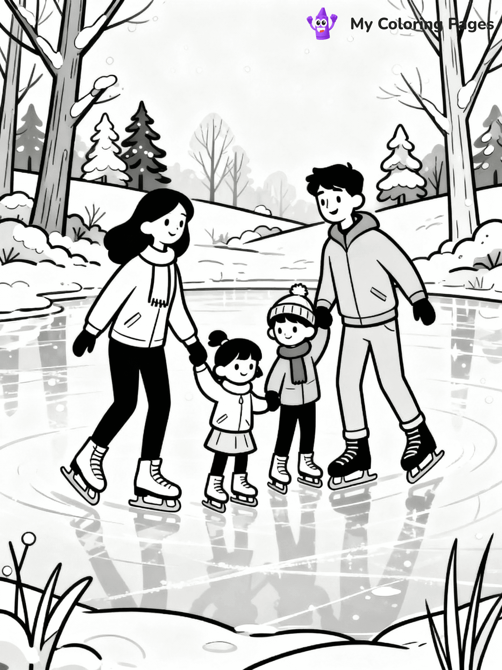 ⚠️ CRITICAL REQUIREMENT - ABSOLUTE BLACK AND WHITE ONLY ⚠️
This MUST be a BLACK AND WHITE line drawing ONLY. NO COLORS whatsoever.
- ONLY pure black lines (#000000) on pure white background (#FFFFFF)
- ABSOLUTELY NO colors, NO shading, NO gradients, NO grayscale
- If there are ANY colors in the output, the image is REJECTED
- This is a COLORING PAGE - meant to be COLORED IN by children
- The output must be UNCOLORED line art ready for coloring
⚠️ SUBJECT TO DRAW: Family ice skating on frozen pond, trees and snow-dusted landscape around. Important: PURE OUTLINES. NO FILLS, COLOR, SHADING, OR GREYSCALE. WHITE BACKGROUND.
(REMEMBER: Output must be BLACK AND WHITE line art only, NOT colored!)
# Flat, Friendly Cartoon Line-Art Coloring Page
You are generating a **pure black-and-white binary image** of a child-friendly cartoon scene combining characters and background scenery in one cohesive composition.
## Rendering Rules (Strict)
- Only two colors: pure black (#000000) outlines and pure white (#FFFFFF) background.
- No grayscale, shading, gradients, tints, fills, transparency, or partial pixels.
- No antialiasing or blended edges; every pixel is 100% black or white.
- No solid black fills inside shapes — all areas inside outlines must remain white.
- No dark clothing areas or filled tone blocks; all garments outlined only.
- No shadows, textures, lighting, or tonal variations.
- Must look like flat binary vector line-art for coloring pages.
## Drawing & Composition
- **Medium, consistent line weight**; clean closed outlines easy to color inside.
- **Flat, simple, child-friendly design** — no realism or 3D depth.
- Characters are **grounded on a surface**, centered and large.
- **Balanced composition** with clear silhouettes and minimal props.
## Scenery & Style
- Landmarks (e.g., mosque, CN Tower) and scenery (trees, benches, waves) drawn with **black outlines only.**
- For real-world figures, teams, or places, show accurate details using only black outlines—no text or logos. Use distinctive uniform patterns, abstract symbols, and landmark silhouettes to convey identity.
- Keep **consistent perspective**; no floating elements.
- **Style:** whimsical **Doodle Art Alley** — rounded, friendly outlines.
- May adapt shapes from **Crayola, Disney, Peppa Pig, Cocomelon** — *by shape only, never color.*
- Final output: **flat, crisp, binary (#000000/#FFFFFF)**, **no filled color or background text.**
EXTREMELYE IMPORTANT:
- PURE BINARY LINE-ART; NO FILLS (HAIR/CLOTHES/SKIN), SHADING, OR GREY.
- NO SHADING, COLOR. MUST BE WHITE BACKGROUND.
⚠️ FINAL REMINDER: Draw the subject "Family ice skating on frozen pond, trees and snow-dusted landscape around. Important: PURE OUTLINES. NO FILLS, COLOR, SHADING, OR GREYSCALE. WHITE BACKGROUND." as BLACK AND WHITE line art. Zero colors in output.