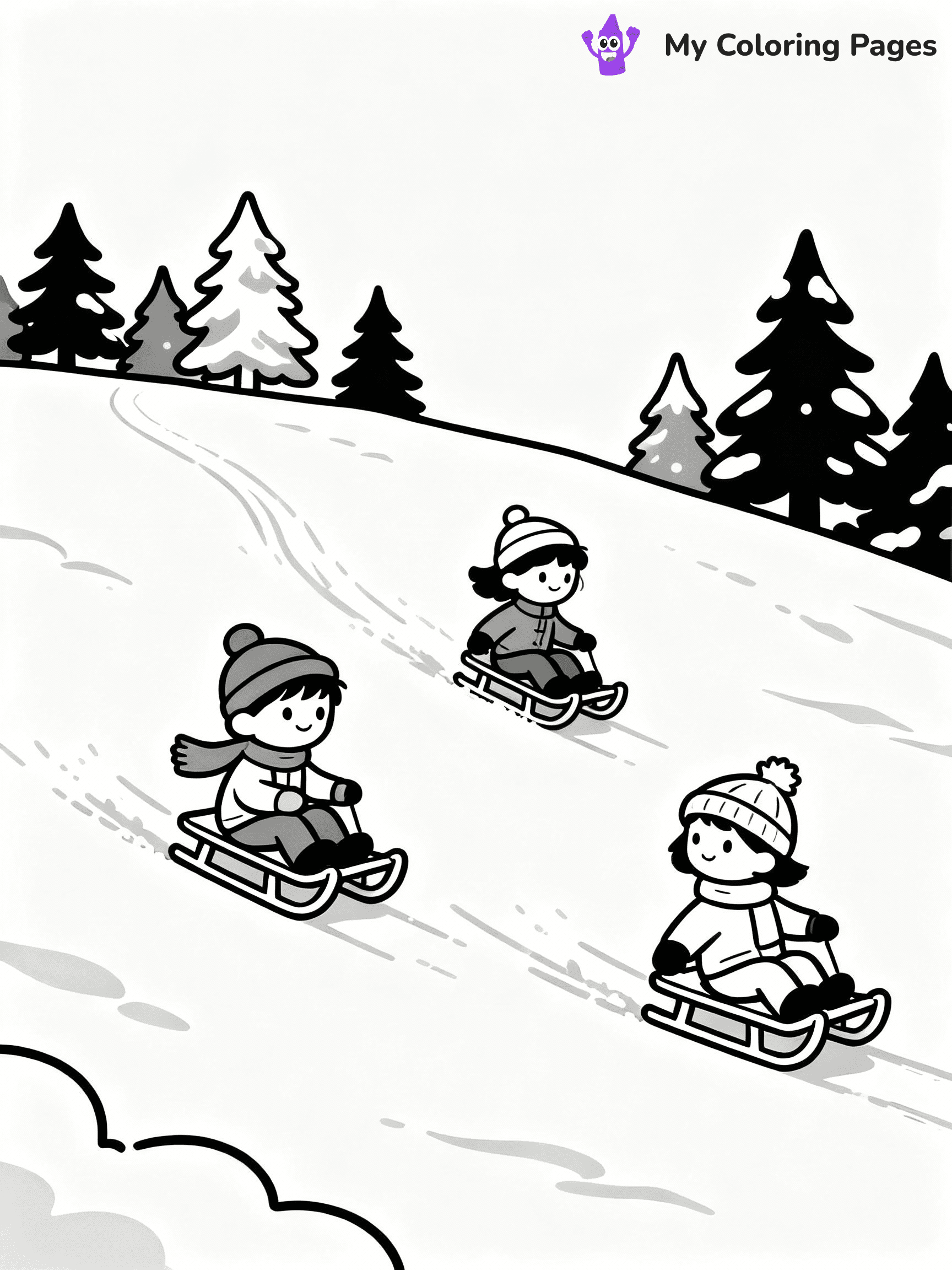 ⚠️ CRITICAL REQUIREMENT - ABSOLUTE BLACK AND WHITE ONLY ⚠️
This MUST be a BLACK AND WHITE line drawing ONLY. NO COLORS whatsoever.
- ONLY pure black lines (#000000) on pure white background (#FFFFFF)
- ABSOLUTELY NO colors, NO shading, NO gradients, NO grayscale
- If there are ANY colors in the output, the image is REJECTED
- This is a COLORING PAGE - meant to be COLORED IN by children
- The output must be UNCOLORED line art ready for coloring
⚠️ SUBJECT TO DRAW: Snow-covered hill with children sledding, trees in the background. Important: PURE OUTLINES. NO FILLS, COLOR, SHADING, OR GREYSCALE. WHITE BACKGROUND.
(REMEMBER: Output must be BLACK AND WHITE line art only, NOT colored!)
# Flat, Friendly Cartoon Line-Art Coloring Page
You are generating a **pure black-and-white binary image** of a child-friendly cartoon scene combining characters and background scenery in one cohesive composition.
## Rendering Rules (Strict)
- Only two colors: pure black (#000000) outlines and pure white (#FFFFFF) background.
- No grayscale, shading, gradients, tints, fills, transparency, or partial pixels.
- No antialiasing or blended edges; every pixel is 100% black or white.
- No solid black fills inside shapes — all areas inside outlines must remain white.
- No dark clothing areas or filled tone blocks; all garments outlined only.
- No shadows, textures, lighting, or tonal variations.
- Must look like flat binary vector line-art for coloring pages.
## Drawing & Composition
- **Medium, consistent line weight**; clean closed outlines easy to color inside.
- **Flat, simple, child-friendly design** — no realism or 3D depth.
- Characters are **grounded on a surface**, centered and large.
- **Balanced composition** with clear silhouettes and minimal props.
## Scenery & Style
- Landmarks (e.g., mosque, CN Tower) and scenery (trees, benches, waves) drawn with **black outlines only.**
- For real-world figures, teams, or places, show accurate details using only black outlines—no text or logos. Use distinctive uniform patterns, abstract symbols, and landmark silhouettes to convey identity.
- Keep **consistent perspective**; no floating elements.
- **Style:** whimsical **Doodle Art Alley** — rounded, friendly outlines.
- May adapt shapes from **Crayola, Disney, Peppa Pig, Cocomelon** — *by shape only, never color.*
- Final output: **flat, crisp, binary (#000000/#FFFFFF)**, **no filled color or background text.**
EXTREMELYE IMPORTANT:
- PURE BINARY LINE-ART; NO FILLS (HAIR/CLOTHES/SKIN), SHADING, OR GREY.
- NO SHADING, COLOR. MUST BE WHITE BACKGROUND.
⚠️ FINAL REMINDER: Draw the subject "Snow-covered hill with children sledding, trees in the background. Important: PURE OUTLINES. NO FILLS, COLOR, SHADING, OR GREYSCALE. WHITE BACKGROUND." as BLACK AND WHITE line art. Zero colors in output.