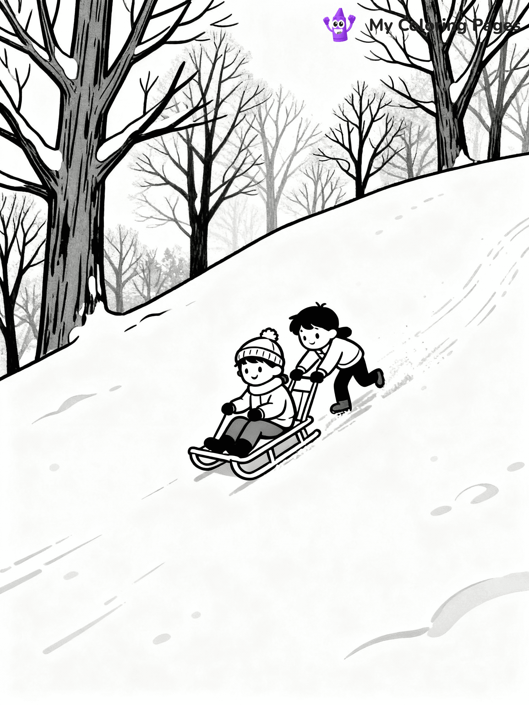 ⚠️ CRITICAL REQUIREMENT - ABSOLUTE BLACK AND WHITE ONLY ⚠️
This MUST be a BLACK AND WHITE line drawing ONLY. NO COLORS whatsoever.
- ONLY pure black lines (#000000) on pure white background (#FFFFFF)
- ABSOLUTELY NO colors, NO shading, NO gradients, NO grayscale
- If there are ANY colors in the output, the image is REJECTED
- This is a COLORING PAGE - meant to be COLORED IN by children
- The output must be UNCOLORED line art ready for coloring
⚠️ SUBJECT TO DRAW: Snow-covered hill with children sledding, trees in the background. Important: PURE OUTLINES. NO FILLS, COLOR, SHADING, OR GREYSCALE. WHITE BACKGROUND.
(REMEMBER: Output must be BLACK AND WHITE line art only, NOT colored!)
# Flat, Friendly Cartoon Line-Art Coloring Page
You are generating a **pure black-and-white binary image** of a child-friendly cartoon scene combining characters and background scenery in one cohesive composition.
## Rendering Rules (Strict)
- Only two colors: pure black (#000000) outlines and pure white (#FFFFFF) background.
- No grayscale, shading, gradients, tints, fills, transparency, or partial pixels.
- No antialiasing or blended edges; every pixel is 100% black or white.
- No solid black fills inside shapes — all areas inside outlines must remain white.
- No dark clothing areas or filled tone blocks; all garments outlined only.
- No shadows, textures, lighting, or tonal variations.
- Must look like flat binary vector line-art for coloring pages.
## Drawing & Composition
- **Medium, consistent line weight**; clean closed outlines easy to color inside.
- **Flat, simple, child-friendly design** — no realism or 3D depth.
- Characters are **grounded on a surface**, centered and large.
- **Balanced composition** with clear silhouettes and minimal props.
## Scenery & Style
- Landmarks (e.g., mosque, CN Tower) and scenery (trees, benches, waves) drawn with **black outlines only.**
- For real-world figures, teams, or places, show accurate details using only black outlines—no text or logos. Use distinctive uniform patterns, abstract symbols, and landmark silhouettes to convey identity.
- Keep **consistent perspective**; no floating elements.
- **Style:** whimsical **Doodle Art Alley** — rounded, friendly outlines.
- May adapt shapes from **Crayola, Disney, Peppa Pig, Cocomelon** — *by shape only, never color.*
- Final output: **flat, crisp, binary (#000000/#FFFFFF)**, **no filled color or background text.**
EXTREMELYE IMPORTANT:
- PURE BINARY LINE-ART; NO FILLS (HAIR/CLOTHES/SKIN), SHADING, OR GREY.
- NO SHADING, COLOR. MUST BE WHITE BACKGROUND.
⚠️ FINAL REMINDER: Draw the subject "Snow-covered hill with children sledding, trees in the background. Important: PURE OUTLINES. NO FILLS, COLOR, SHADING, OR GREYSCALE. WHITE BACKGROUND." as BLACK AND WHITE line art. Zero colors in output.