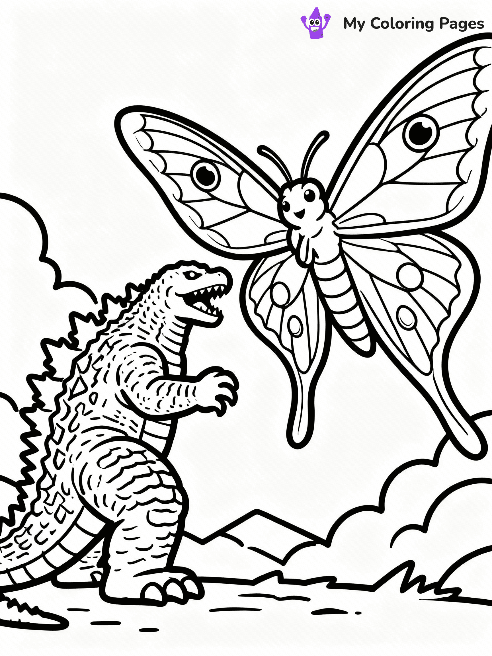 ⚠️ CRITICAL REQUIREMENT - ABSOLUTE BLACK AND WHITE ONLY ⚠️
This MUST be a BLACK AND WHITE line drawing ONLY. NO COLORS whatsoever.
- ONLY pure black lines (#000000) on pure white background (#FFFFFF)
- ABSOLUTELY NO colors, NO shading, NO gradients, NO grayscale
- If there are ANY colors in the output, the image is REJECTED
- This is a COLORING PAGE - meant to be COLORED IN by children
- The output must be UNCOLORED line art ready for coloring
⚠️ SUBJECT TO DRAW: Godzilla facing off against a giant Mothra, dramatic pose, intense atmosphere
(REMEMBER: Output must be BLACK AND WHITE line art only, NOT colored!)
# COLORING PAGE: BLACK OUTLINES ONLY - WHITE BACKGROUND MANDATORY
Create a **coloring book page** using EXACTLY two values: black lines, white space.
## NON-NEGOTIABLE BINARY RULES
- **ONLY #000000 (black) and #FFFFFF (white)** - NO other values exist
- **EVERY PIXEL = BLACK OR WHITE** - no gray/shading/antialiasing
- **WHITE BACKGROUND MANDATORY** - entire canvas stays white
- **ALL SHAPES HOLLOW** - everything is empty outlines waiting to be colored
- **FORBIDDEN:** fills, shading, gradients, patterns, textures, colors
- **NO SOLID REGIONS** - if it's not a thin line, it's wrong
## Universal Line Standards
- Black outlines ONLY - thin, uniform weight
- Every shape completely empty inside
- Closed contours suitable for coloring
- Simple flat illustration - zero depth/3D/realism
- **Style:** Whimsical Doodle Art Alley - rounded, friendly outlines (unless specified)
## Everything = Outline Only
- Characters/animals: hollow shapes
- Objects/clothing: empty contours
- Backgrounds/scenery: line work only
- Natural elements: outlined forms
- Dark/night areas: don't exist (use outlined symbols)
- Textures/patterns: convert to simple lines
## The Test
Can a child color EVERY white space with crayons? If any area is pre-filled/shaded/gray or colored in, it FAILS. Every shape must be waiting to receive color.
**FINAL OUTPUT**: Binary coloring page. Black lines define shapes. White spaces ready for coloring. Nothing else exists. No exceptions. Print-ready.
⚠️ FINAL REMINDER: Draw the subject "Godzilla facing off against a giant Mothra, dramatic pose, intense atmosphere" as BLACK AND WHITE line art. Zero colors in output.