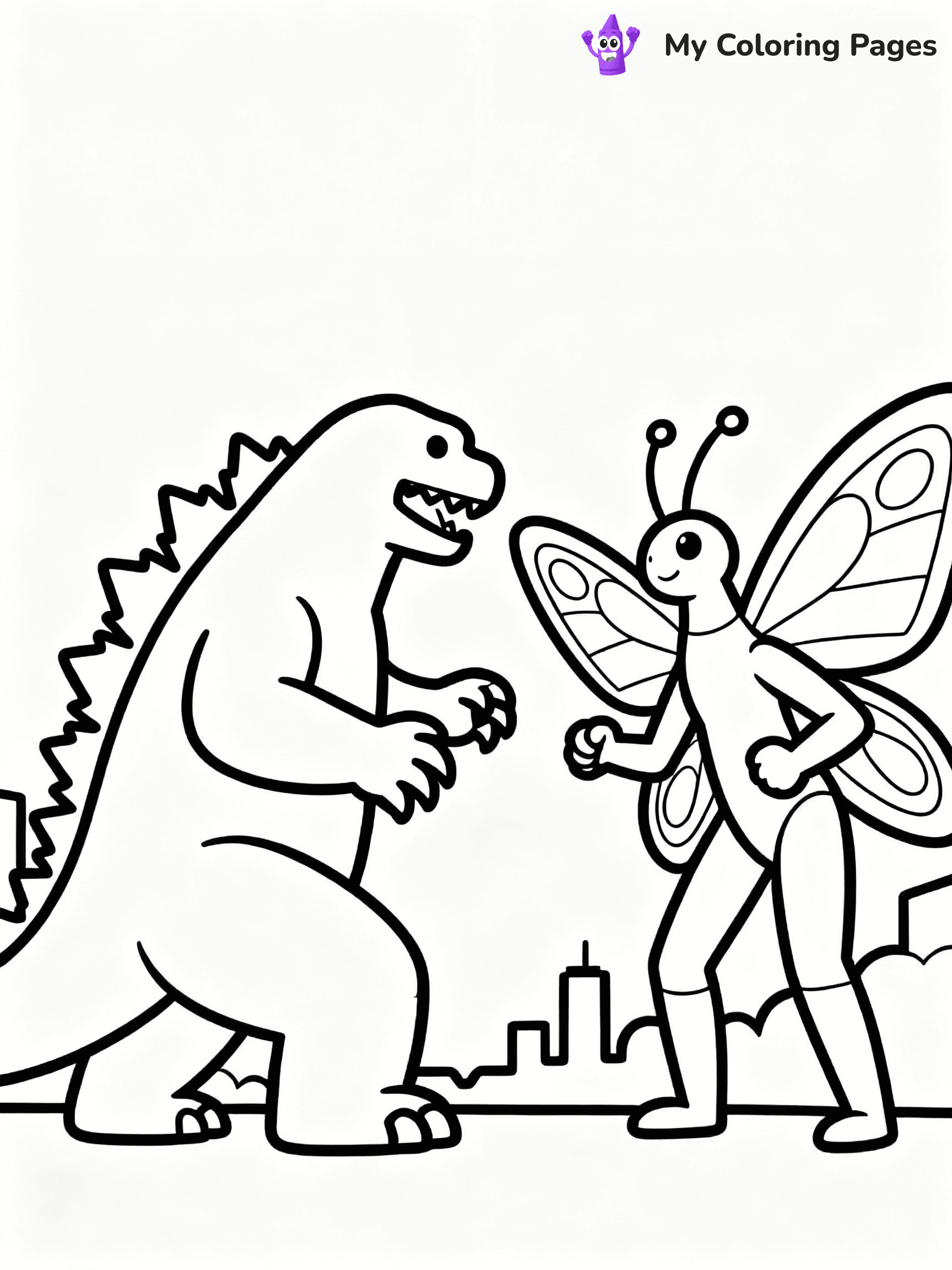 ⚠️ CRITICAL REQUIREMENT - ABSOLUTE BLACK AND WHITE ONLY ⚠️
This MUST be a BLACK AND WHITE line drawing ONLY. NO COLORS whatsoever.
- ONLY pure black lines (#000000) on pure white background (#FFFFFF)
- ABSOLUTELY NO colors, NO shading, NO gradients, NO grayscale
- If there are ANY colors in the output, the image is REJECTED
- This is a COLORING PAGE - meant to be COLORED IN by children
- The output must be UNCOLORED line art ready for coloring
⚠️ SUBJECT TO DRAW: Godzilla facing off against a giant Mothra, dramatic pose, intense atmosphere
(REMEMBER: Output must be BLACK AND WHITE line art only, NOT colored!)
# COLORING PAGE: BLACK OUTLINES ONLY - WHITE BACKGROUND MANDATORY
Create a **coloring book page** using EXACTLY two values: black lines, white space.
## NON-NEGOTIABLE BINARY RULES
- **ONLY #000000 (black) and #FFFFFF (white)** - NO other values exist
- **EVERY PIXEL = BLACK OR WHITE** - no gray/shading/antialiasing
- **WHITE BACKGROUND MANDATORY** - entire canvas stays white
- **ALL SHAPES HOLLOW** - everything is empty outlines waiting to be colored
- **FORBIDDEN:** fills, shading, gradients, patterns, textures, colors
- **NO SOLID REGIONS** - if it's not a thin line, it's wrong
## Universal Line Standards
- Black outlines ONLY - thin, uniform weight
- Every shape completely empty inside
- Closed contours suitable for coloring
- Simple flat illustration - zero depth/3D/realism
- **Style:** Whimsical Doodle Art Alley - rounded, friendly outlines (unless specified)
## Everything = Outline Only
- Characters/animals: hollow shapes
- Objects/clothing: empty contours
- Backgrounds/scenery: line work only
- Natural elements: outlined forms
- Dark/night areas: don't exist (use outlined symbols)
- Textures/patterns: convert to simple lines
## The Test
Can a child color EVERY white space with crayons? If any area is pre-filled/shaded/gray or colored in, it FAILS. Every shape must be waiting to receive color.
**FINAL OUTPUT**: Binary coloring page. Black lines define shapes. White spaces ready for coloring. Nothing else exists. No exceptions. Print-ready.
⚠️ FINAL REMINDER: Draw the subject "Godzilla facing off against a giant Mothra, dramatic pose, intense atmosphere" as BLACK AND WHITE line art. Zero colors in output.