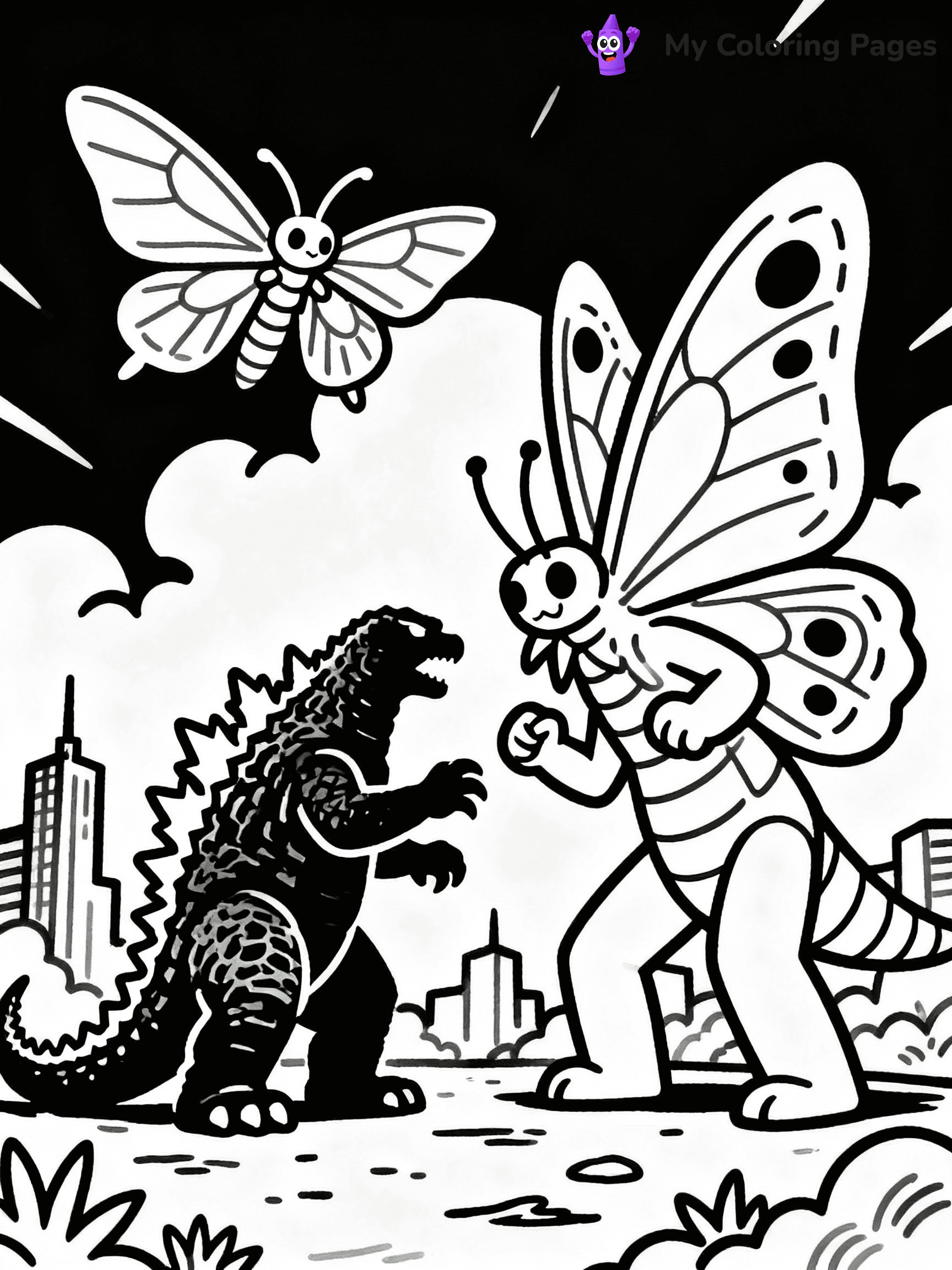 ⚠️ CRITICAL REQUIREMENT - ABSOLUTE BLACK AND WHITE ONLY ⚠️
This MUST be a BLACK AND WHITE line drawing ONLY. NO COLORS whatsoever.
- ONLY pure black lines (#000000) on pure white background (#FFFFFF)
- ABSOLUTELY NO colors, NO shading, NO gradients, NO grayscale
- If there are ANY colors in the output, the image is REJECTED
- This is a COLORING PAGE - meant to be COLORED IN by children
- The output must be UNCOLORED line art ready for coloring
⚠️ SUBJECT TO DRAW: Godzilla facing off against a giant Mothra, dramatic pose, intense atmosphere
(REMEMBER: Output must be BLACK AND WHITE line art only, NOT colored!)
# COLORING PAGE: BLACK OUTLINES ONLY - WHITE BACKGROUND MANDATORY
Create a **coloring book page** using EXACTLY two values: black lines, white space.
## NON-NEGOTIABLE BINARY RULES
- **ONLY #000000 (black) and #FFFFFF (white)** - NO other values exist
- **EVERY PIXEL = BLACK OR WHITE** - no gray/shading/antialiasing
- **WHITE BACKGROUND MANDATORY** - entire canvas stays white
- **ALL SHAPES HOLLOW** - everything is empty outlines waiting to be colored
- **FORBIDDEN:** fills, shading, gradients, patterns, textures, colors
- **NO SOLID REGIONS** - if it's not a thin line, it's wrong
## Universal Line Standards
- Black outlines ONLY - thin, uniform weight
- Every shape completely empty inside
- Closed contours suitable for coloring
- Simple flat illustration - zero depth/3D/realism
- **Style:** Whimsical Doodle Art Alley - rounded, friendly outlines (unless specified)
## Everything = Outline Only
- Characters/animals: hollow shapes
- Objects/clothing: empty contours
- Backgrounds/scenery: line work only
- Natural elements: outlined forms
- Dark/night areas: don't exist (use outlined symbols)
- Textures/patterns: convert to simple lines
## The Test
Can a child color EVERY white space with crayons? If any area is pre-filled/shaded/gray or colored in, it FAILS. Every shape must be waiting to receive color.
**FINAL OUTPUT**: Binary coloring page. Black lines define shapes. White spaces ready for coloring. Nothing else exists. No exceptions. Print-ready.
⚠️ FINAL REMINDER: Draw the subject "Godzilla facing off against a giant Mothra, dramatic pose, intense atmosphere" as BLACK AND WHITE line art. Zero colors in output.