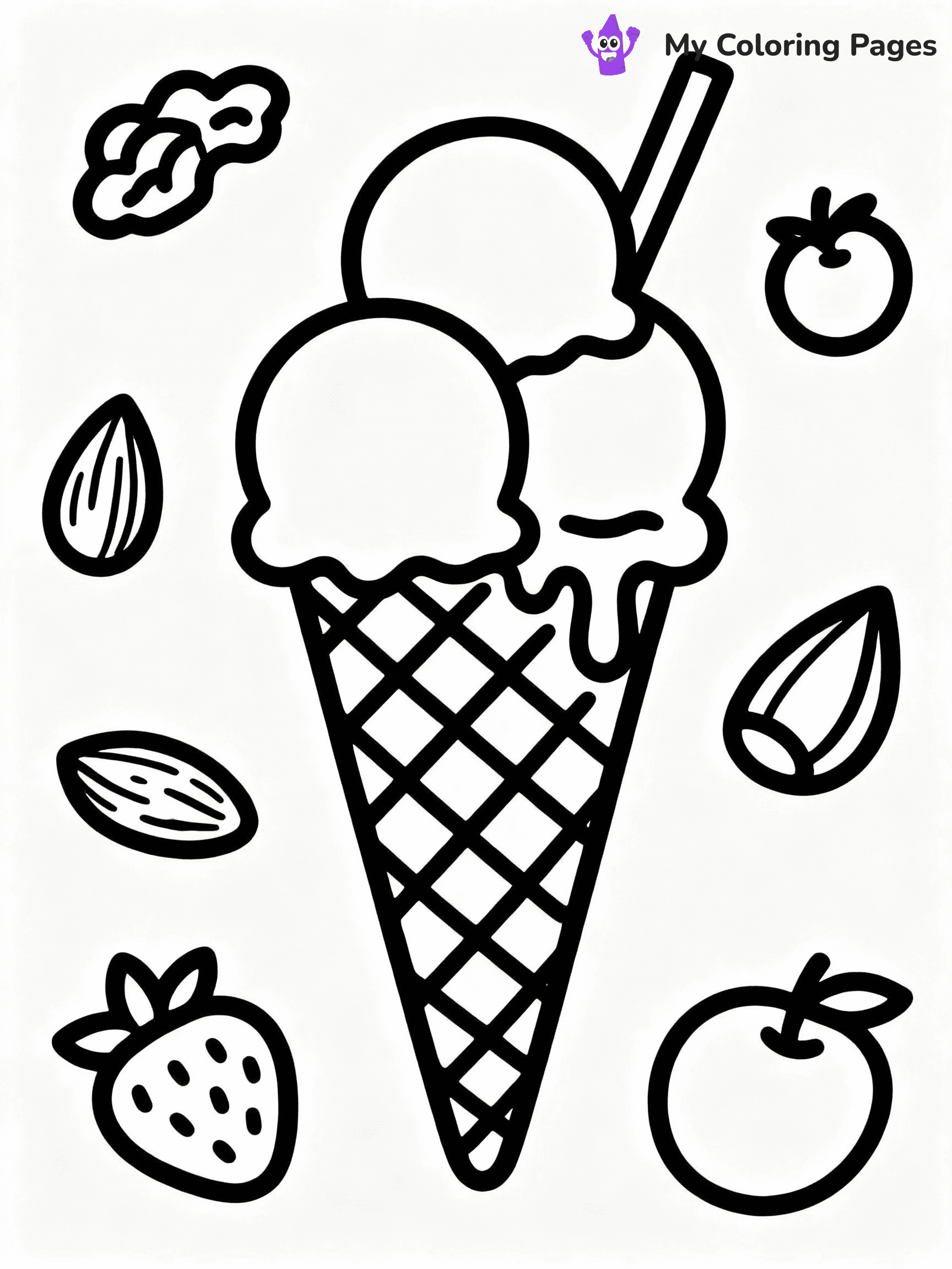 ⚠️ CRITICAL REQUIREMENT - ABSOLUTE BLACK AND WHITE ONLY ⚠️
This MUST be a BLACK AND WHITE line drawing ONLY. NO COLORS whatsoever.
- ONLY pure black lines (#000000) on pure white background (#FFFFFF)
- ABSOLUTELY NO colors, NO shading, NO gradients, NO grayscale
- If there are ANY colors in the output, the image is REJECTED
- This is a COLORING PAGE - meant to be COLORED IN by children
- The output must be UNCOLORED line art ready for coloring
⚠️ SUBJECT TO DRAW: Waffle cone with three scoops, one scoop melting, detailed texture, fun toppings like nuts and fruit
(REMEMBER: Output must be BLACK AND WHITE line art only, NOT colored!)
# COLORING PAGE: BLACK OUTLINES ONLY - WHITE BACKGROUND MANDATORY
Create a **coloring book page** using EXACTLY two values: black lines, white space.
## NON-NEGOTIABLE BINARY RULES
- **ONLY #000000 (black) and #FFFFFF (white)** - NO other values exist
- **EVERY PIXEL = BLACK OR WHITE** - no gray/shading/antialiasing
- **WHITE BACKGROUND MANDATORY** - entire canvas stays white
- **ALL SHAPES HOLLOW** - everything is empty outlines waiting to be colored
- **FORBIDDEN:** fills, shading, gradients, patterns, textures, colors
- **NO SOLID REGIONS** - if it's not a thin line, it's wrong
## Universal Line Standards
- Black outlines ONLY - thin, uniform weight
- Every shape completely empty inside
- Closed contours suitable for coloring
- Simple flat illustration - zero depth/3D/realism
- **Style:** Whimsical Doodle Art Alley - rounded, friendly outlines (unless specified)
## Everything = Outline Only
- Characters/animals: hollow shapes
- Objects/clothing: empty contours
- Backgrounds/scenery: line work only
- Natural elements: outlined forms
- Dark/night areas: don't exist (use outlined symbols)
- Textures/patterns: convert to simple lines
## The Test
Can a child color EVERY white space with crayons? If any area is pre-filled/shaded/gray or colored in, it FAILS. Every shape must be waiting to receive color.
**FINAL OUTPUT**: Binary coloring page. Black lines define shapes. White spaces ready for coloring. Nothing else exists. No exceptions. Print-ready.
⚠️ FINAL REMINDER: Draw the subject "Waffle cone with three scoops, one scoop melting, detailed texture, fun toppings like nuts and fruit" as BLACK AND WHITE line art. Zero colors in output.