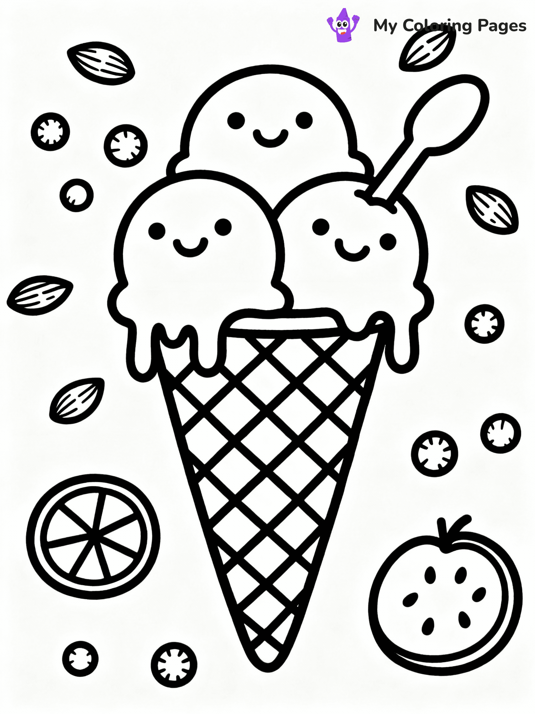 ⚠️ CRITICAL REQUIREMENT - ABSOLUTE BLACK AND WHITE ONLY ⚠️
This MUST be a BLACK AND WHITE line drawing ONLY. NO COLORS whatsoever.
- ONLY pure black lines (#000000) on pure white background (#FFFFFF)
- ABSOLUTELY NO colors, NO shading, NO gradients, NO grayscale
- If there are ANY colors in the output, the image is REJECTED
- This is a COLORING PAGE - meant to be COLORED IN by children
- The output must be UNCOLORED line art ready for coloring
⚠️ SUBJECT TO DRAW: Waffle cone with three scoops, one scoop melting, detailed texture, fun toppings like nuts and fruit
(REMEMBER: Output must be BLACK AND WHITE line art only, NOT colored!)
# COLORING PAGE: BLACK OUTLINES ONLY - WHITE BACKGROUND MANDATORY
Create a **coloring book page** using EXACTLY two values: black lines, white space.
## NON-NEGOTIABLE BINARY RULES
- **ONLY #000000 (black) and #FFFFFF (white)** - NO other values exist
- **EVERY PIXEL = BLACK OR WHITE** - no gray/shading/antialiasing
- **WHITE BACKGROUND MANDATORY** - entire canvas stays white
- **ALL SHAPES HOLLOW** - everything is empty outlines waiting to be colored
- **FORBIDDEN:** fills, shading, gradients, patterns, textures, colors
- **NO SOLID REGIONS** - if it's not a thin line, it's wrong
## Universal Line Standards
- Black outlines ONLY - thin, uniform weight
- Every shape completely empty inside
- Closed contours suitable for coloring
- Simple flat illustration - zero depth/3D/realism
- **Style:** Whimsical Doodle Art Alley - rounded, friendly outlines (unless specified)
## Everything = Outline Only
- Characters/animals: hollow shapes
- Objects/clothing: empty contours
- Backgrounds/scenery: line work only
- Natural elements: outlined forms
- Dark/night areas: don't exist (use outlined symbols)
- Textures/patterns: convert to simple lines
## The Test
Can a child color EVERY white space with crayons? If any area is pre-filled/shaded/gray or colored in, it FAILS. Every shape must be waiting to receive color.
**FINAL OUTPUT**: Binary coloring page. Black lines define shapes. White spaces ready for coloring. Nothing else exists. No exceptions. Print-ready.
⚠️ FINAL REMINDER: Draw the subject "Waffle cone with three scoops, one scoop melting, detailed texture, fun toppings like nuts and fruit" as BLACK AND WHITE line art. Zero colors in output.
