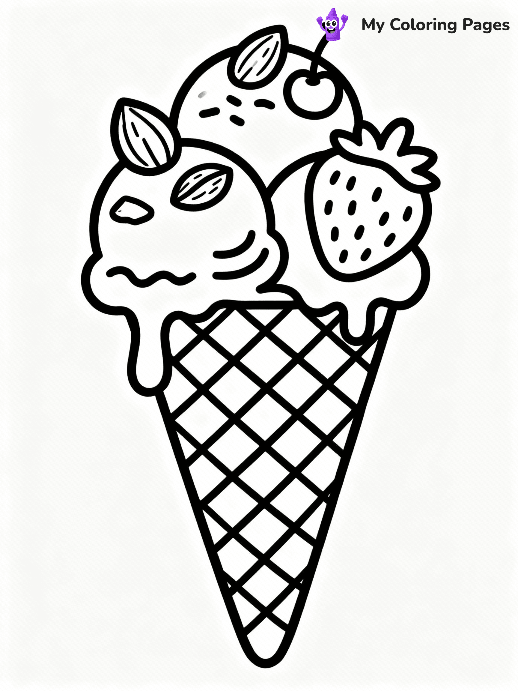 ⚠️ CRITICAL REQUIREMENT - ABSOLUTE BLACK AND WHITE ONLY ⚠️
This MUST be a BLACK AND WHITE line drawing ONLY. NO COLORS whatsoever.
- ONLY pure black lines (#000000) on pure white background (#FFFFFF)
- ABSOLUTELY NO colors, NO shading, NO gradients, NO grayscale
- If there are ANY colors in the output, the image is REJECTED
- This is a COLORING PAGE - meant to be COLORED IN by children
- The output must be UNCOLORED line art ready for coloring
⚠️ SUBJECT TO DRAW: Waffle cone with three scoops, one scoop melting, detailed texture, fun toppings like nuts and fruit
(REMEMBER: Output must be BLACK AND WHITE line art only, NOT colored!)
# COLORING PAGE: BLACK OUTLINES ONLY - WHITE BACKGROUND MANDATORY
Create a **coloring book page** using EXACTLY two values: black lines, white space.
## NON-NEGOTIABLE BINARY RULES
- **ONLY #000000 (black) and #FFFFFF (white)** - NO other values exist
- **EVERY PIXEL = BLACK OR WHITE** - no gray/shading/antialiasing
- **WHITE BACKGROUND MANDATORY** - entire canvas stays white
- **ALL SHAPES HOLLOW** - everything is empty outlines waiting to be colored
- **FORBIDDEN:** fills, shading, gradients, patterns, textures, colors
- **NO SOLID REGIONS** - if it's not a thin line, it's wrong
## Universal Line Standards
- Black outlines ONLY - thin, uniform weight
- Every shape completely empty inside
- Closed contours suitable for coloring
- Simple flat illustration - zero depth/3D/realism
- **Style:** Whimsical Doodle Art Alley - rounded, friendly outlines (unless specified)
## Everything = Outline Only
- Characters/animals: hollow shapes
- Objects/clothing: empty contours
- Backgrounds/scenery: line work only
- Natural elements: outlined forms
- Dark/night areas: don't exist (use outlined symbols)
- Textures/patterns: convert to simple lines
## The Test
Can a child color EVERY white space with crayons? If any area is pre-filled/shaded/gray or colored in, it FAILS. Every shape must be waiting to receive color.
**FINAL OUTPUT**: Binary coloring page. Black lines define shapes. White spaces ready for coloring. Nothing else exists. No exceptions. Print-ready.
⚠️ FINAL REMINDER: Draw the subject "Waffle cone with three scoops, one scoop melting, detailed texture, fun toppings like nuts and fruit" as BLACK AND WHITE line art. Zero colors in output.