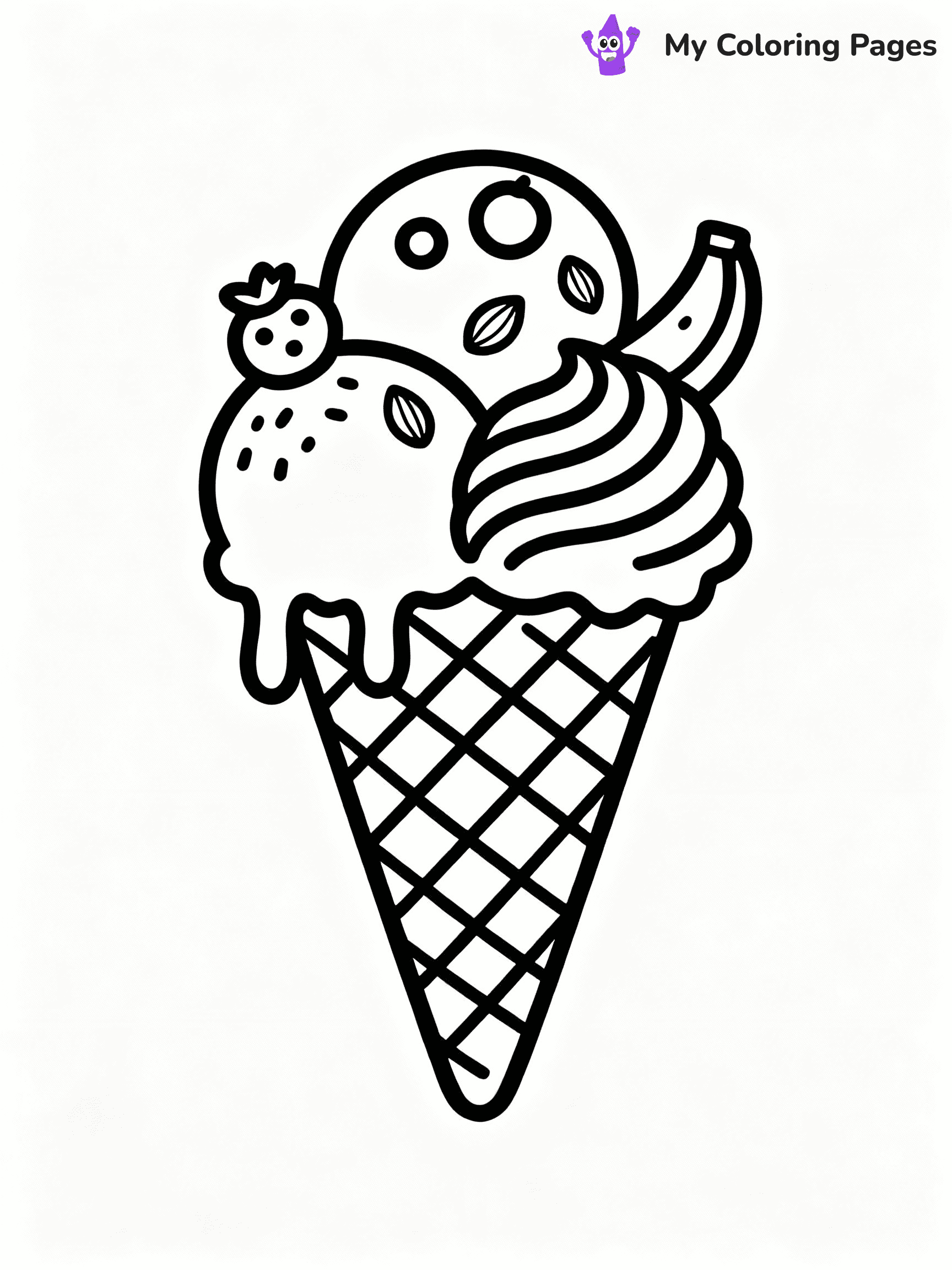 ⚠️ CRITICAL REQUIREMENT - ABSOLUTE BLACK AND WHITE ONLY ⚠️
This MUST be a BLACK AND WHITE line drawing ONLY. NO COLORS whatsoever.
- ONLY pure black lines (#000000) on pure white background (#FFFFFF)
- ABSOLUTELY NO colors, NO shading, NO gradients, NO grayscale
- If there are ANY colors in the output, the image is REJECTED
- This is a COLORING PAGE - meant to be COLORED IN by children
- The output must be UNCOLORED line art ready for coloring
⚠️ SUBJECT TO DRAW: Waffle cone with three scoops, one scoop melting, detailed texture, fun toppings like nuts and fruit
(REMEMBER: Output must be BLACK AND WHITE line art only, NOT colored!)
# COLORING PAGE: BLACK OUTLINES ONLY - WHITE BACKGROUND MANDATORY
Create a **coloring book page** using EXACTLY two values: black lines, white space.
## NON-NEGOTIABLE BINARY RULES
- **ONLY #000000 (black) and #FFFFFF (white)** - NO other values exist
- **EVERY PIXEL = BLACK OR WHITE** - no gray/shading/antialiasing
- **WHITE BACKGROUND MANDATORY** - entire canvas stays white
- **ALL SHAPES HOLLOW** - everything is empty outlines waiting to be colored
- **FORBIDDEN:** fills, shading, gradients, patterns, textures, colors
- **NO SOLID REGIONS** - if it's not a thin line, it's wrong
## Universal Line Standards
- Black outlines ONLY - thin, uniform weight
- Every shape completely empty inside
- Closed contours suitable for coloring
- Simple flat illustration - zero depth/3D/realism
- **Style:** Whimsical Doodle Art Alley - rounded, friendly outlines (unless specified)
## Everything = Outline Only
- Characters/animals: hollow shapes
- Objects/clothing: empty contours
- Backgrounds/scenery: line work only
- Natural elements: outlined forms
- Dark/night areas: don't exist (use outlined symbols)
- Textures/patterns: convert to simple lines
## The Test
Can a child color EVERY white space with crayons? If any area is pre-filled/shaded/gray or colored in, it FAILS. Every shape must be waiting to receive color.
**FINAL OUTPUT**: Binary coloring page. Black lines define shapes. White spaces ready for coloring. Nothing else exists. No exceptions. Print-ready.
⚠️ FINAL REMINDER: Draw the subject "Waffle cone with three scoops, one scoop melting, detailed texture, fun toppings like nuts and fruit" as BLACK AND WHITE line art. Zero colors in output.