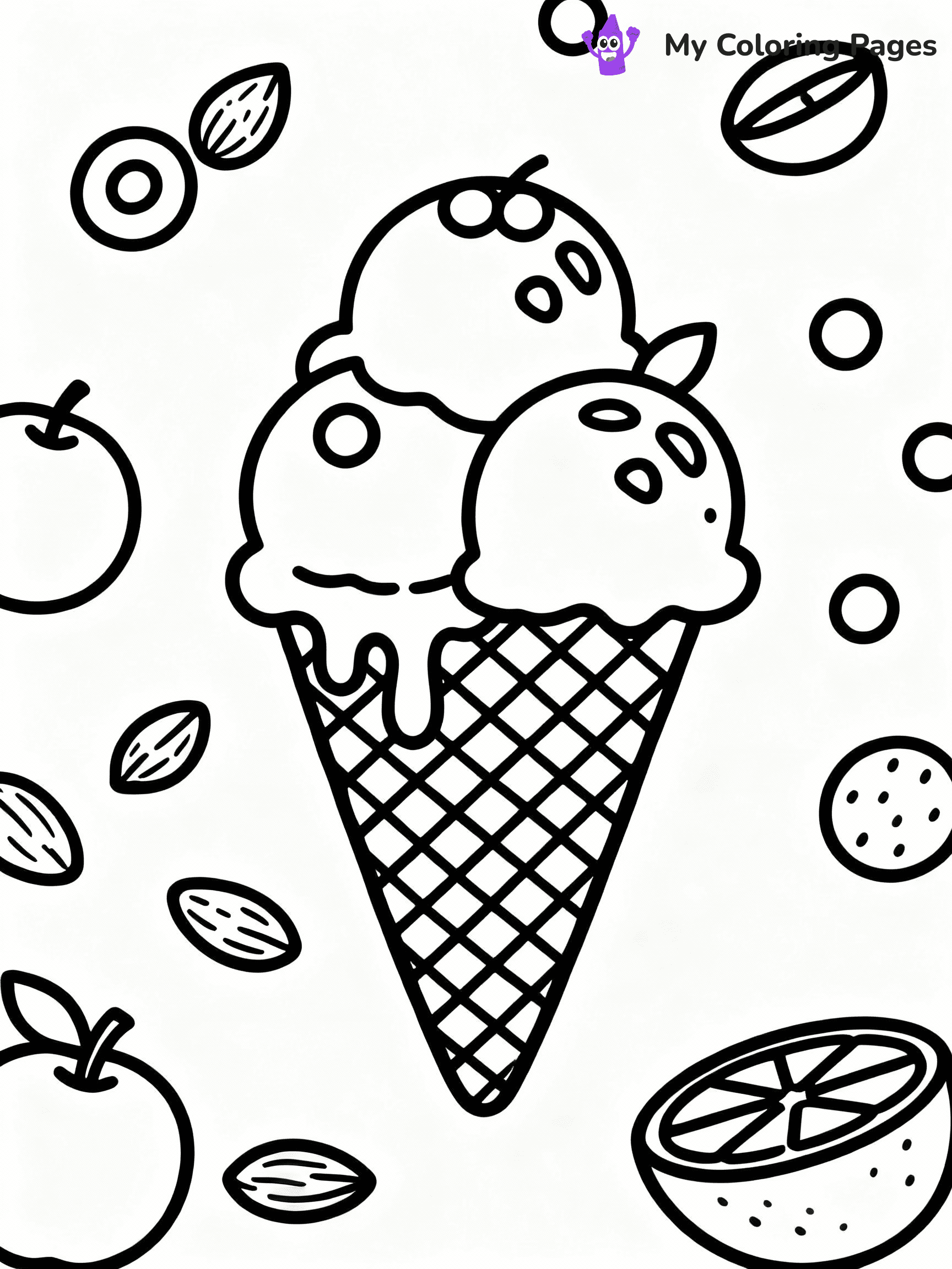 ⚠️ CRITICAL REQUIREMENT - ABSOLUTE BLACK AND WHITE ONLY ⚠️
This MUST be a BLACK AND WHITE line drawing ONLY. NO COLORS whatsoever.
- ONLY pure black lines (#000000) on pure white background (#FFFFFF)
- ABSOLUTELY NO colors, NO shading, NO gradients, NO grayscale
- If there are ANY colors in the output, the image is REJECTED
- This is a COLORING PAGE - meant to be COLORED IN by children
- The output must be UNCOLORED line art ready for coloring
⚠️ SUBJECT TO DRAW: Waffle cone with three scoops, one scoop melting, detailed texture, fun toppings like nuts and fruit
(REMEMBER: Output must be BLACK AND WHITE line art only, NOT colored!)
# COLORING PAGE: BLACK OUTLINES ONLY - WHITE BACKGROUND MANDATORY
Create a **coloring book page** using EXACTLY two values: black lines, white space.
## NON-NEGOTIABLE BINARY RULES
- **ONLY #000000 (black) and #FFFFFF (white)** - NO other values exist
- **EVERY PIXEL = BLACK OR WHITE** - no gray/shading/antialiasing
- **WHITE BACKGROUND MANDATORY** - entire canvas stays white
- **ALL SHAPES HOLLOW** - everything is empty outlines waiting to be colored
- **FORBIDDEN:** fills, shading, gradients, patterns, textures, colors
- **NO SOLID REGIONS** - if it's not a thin line, it's wrong
## Universal Line Standards
- Black outlines ONLY - thin, uniform weight
- Every shape completely empty inside
- Closed contours suitable for coloring
- Simple flat illustration - zero depth/3D/realism
- **Style:** Whimsical Doodle Art Alley - rounded, friendly outlines (unless specified)
## Everything = Outline Only
- Characters/animals: hollow shapes
- Objects/clothing: empty contours
- Backgrounds/scenery: line work only
- Natural elements: outlined forms
- Dark/night areas: don't exist (use outlined symbols)
- Textures/patterns: convert to simple lines
## The Test
Can a child color EVERY white space with crayons? If any area is pre-filled/shaded/gray or colored in, it FAILS. Every shape must be waiting to receive color.
**FINAL OUTPUT**: Binary coloring page. Black lines define shapes. White spaces ready for coloring. Nothing else exists. No exceptions. Print-ready.
⚠️ FINAL REMINDER: Draw the subject "Waffle cone with three scoops, one scoop melting, detailed texture, fun toppings like nuts and fruit" as BLACK AND WHITE line art. Zero colors in output.