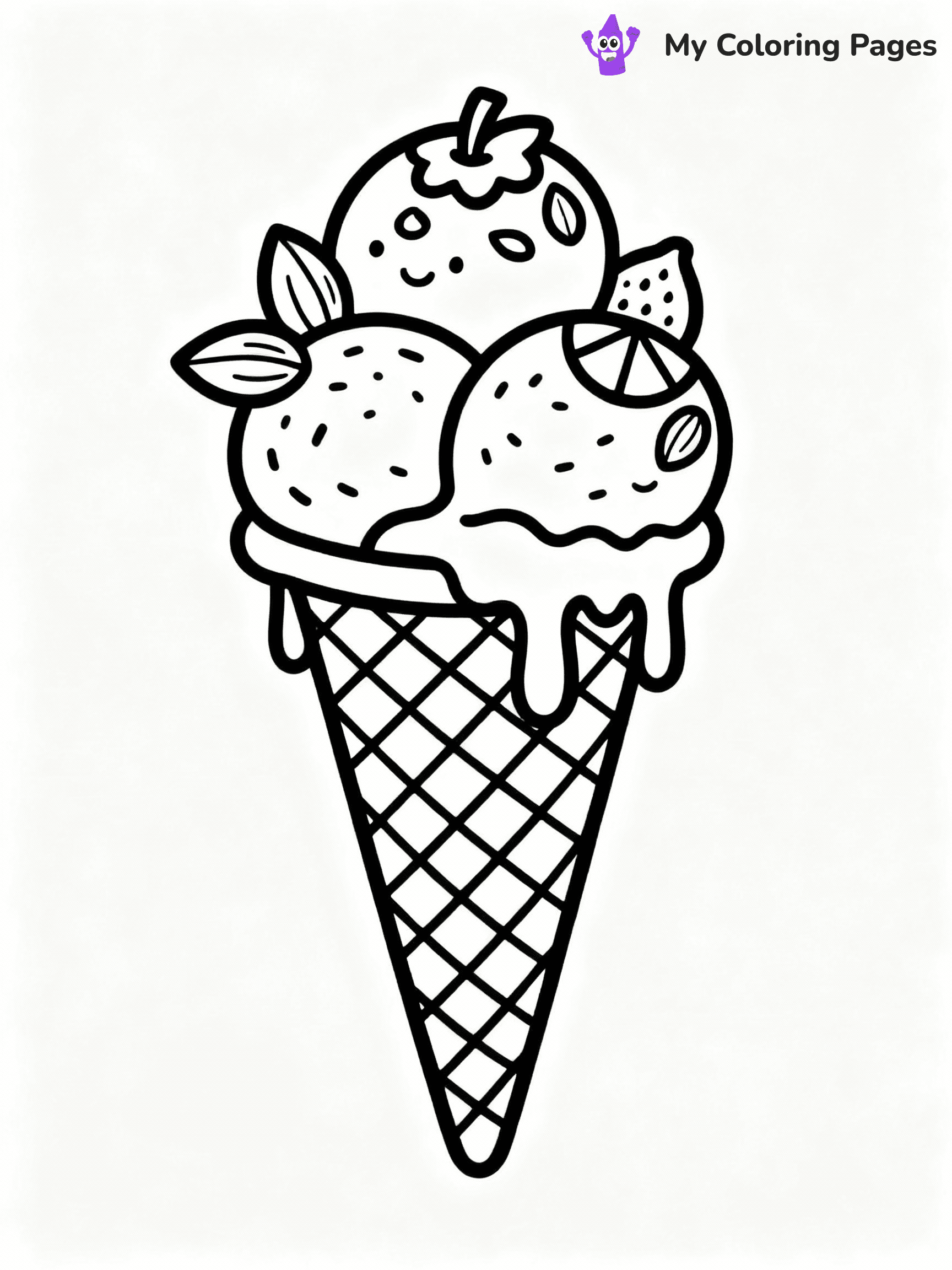 ⚠️ CRITICAL REQUIREMENT - ABSOLUTE BLACK AND WHITE ONLY ⚠️
This MUST be a BLACK AND WHITE line drawing ONLY. NO COLORS whatsoever.
- ONLY pure black lines (#000000) on pure white background (#FFFFFF)
- ABSOLUTELY NO colors, NO shading, NO gradients, NO grayscale
- If there are ANY colors in the output, the image is REJECTED
- This is a COLORING PAGE - meant to be COLORED IN by children
- The output must be UNCOLORED line art ready for coloring
⚠️ SUBJECT TO DRAW: Waffle cone with three scoops, one scoop melting, detailed texture, fun toppings like nuts and fruit
(REMEMBER: Output must be BLACK AND WHITE line art only, NOT colored!)
# COLORING PAGE: BLACK OUTLINES ONLY - WHITE BACKGROUND MANDATORY
Create a **coloring book page** using EXACTLY two values: black lines, white space.
## NON-NEGOTIABLE BINARY RULES
- **ONLY #000000 (black) and #FFFFFF (white)** - NO other values exist
- **EVERY PIXEL = BLACK OR WHITE** - no gray/shading/antialiasing
- **WHITE BACKGROUND MANDATORY** - entire canvas stays white
- **ALL SHAPES HOLLOW** - everything is empty outlines waiting to be colored
- **FORBIDDEN:** fills, shading, gradients, patterns, textures, colors
- **NO SOLID REGIONS** - if it's not a thin line, it's wrong
## Universal Line Standards
- Black outlines ONLY - thin, uniform weight
- Every shape completely empty inside
- Closed contours suitable for coloring
- Simple flat illustration - zero depth/3D/realism
- **Style:** Whimsical Doodle Art Alley - rounded, friendly outlines (unless specified)
## Everything = Outline Only
- Characters/animals: hollow shapes
- Objects/clothing: empty contours
- Backgrounds/scenery: line work only
- Natural elements: outlined forms
- Dark/night areas: don't exist (use outlined symbols)
- Textures/patterns: convert to simple lines
## The Test
Can a child color EVERY white space with crayons? If any area is pre-filled/shaded/gray or colored in, it FAILS. Every shape must be waiting to receive color.
**FINAL OUTPUT**: Binary coloring page. Black lines define shapes. White spaces ready for coloring. Nothing else exists. No exceptions. Print-ready.
⚠️ FINAL REMINDER: Draw the subject "Waffle cone with three scoops, one scoop melting, detailed texture, fun toppings like nuts and fruit" as BLACK AND WHITE line art. Zero colors in output.