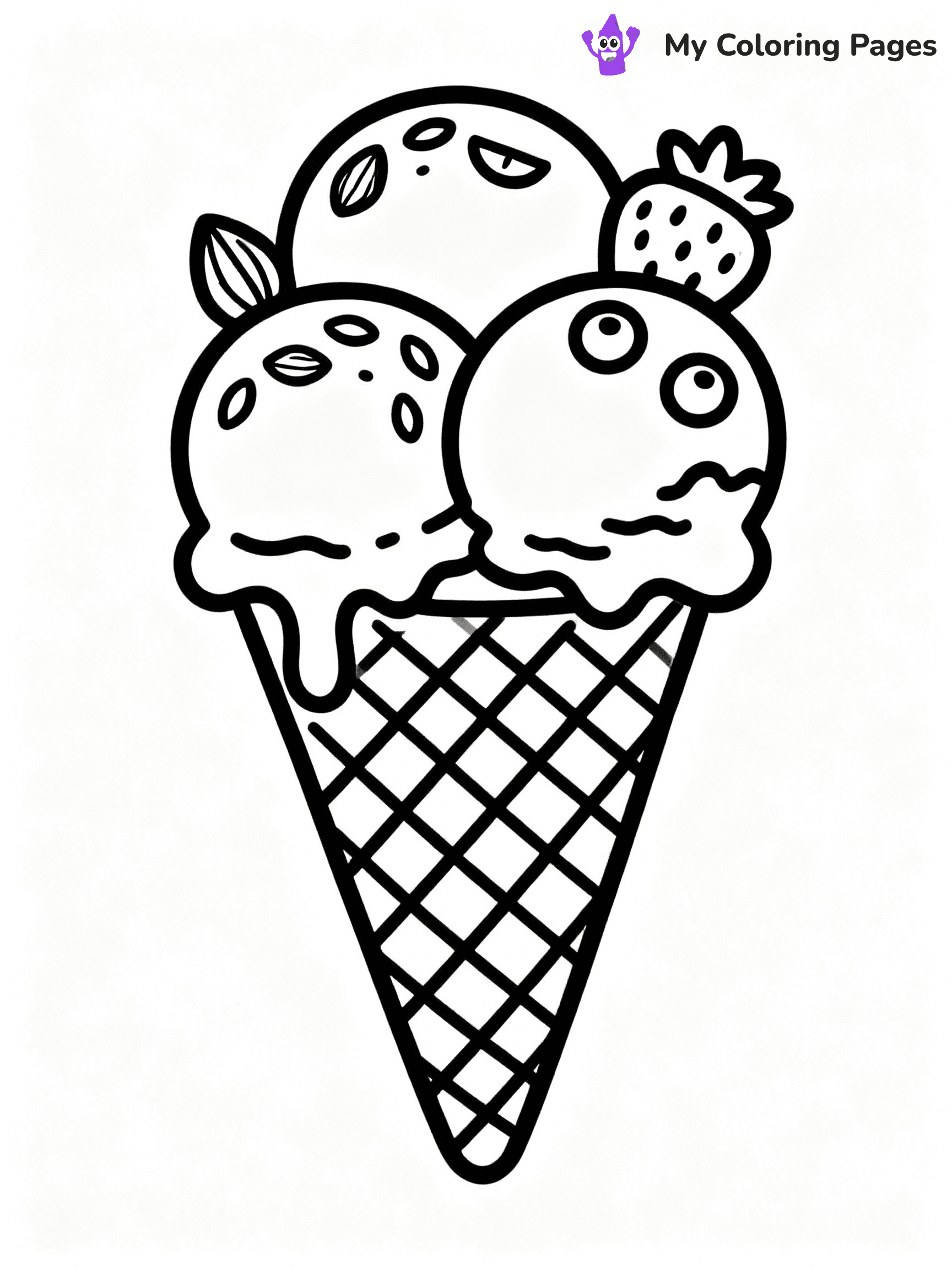 ⚠️ CRITICAL REQUIREMENT - ABSOLUTE BLACK AND WHITE ONLY ⚠️
This MUST be a BLACK AND WHITE line drawing ONLY. NO COLORS whatsoever.
- ONLY pure black lines (#000000) on pure white background (#FFFFFF)
- ABSOLUTELY NO colors, NO shading, NO gradients, NO grayscale
- If there are ANY colors in the output, the image is REJECTED
- This is a COLORING PAGE - meant to be COLORED IN by children
- The output must be UNCOLORED line art ready for coloring
⚠️ SUBJECT TO DRAW: Waffle cone with three scoops, one scoop melting, detailed texture, fun toppings like nuts and fruit
(REMEMBER: Output must be BLACK AND WHITE line art only, NOT colored!)
# COLORING PAGE: BLACK OUTLINES ONLY - WHITE BACKGROUND MANDATORY
Create a **coloring book page** using EXACTLY two values: black lines, white space.
## NON-NEGOTIABLE BINARY RULES
- **ONLY #000000 (black) and #FFFFFF (white)** - NO other values exist
- **EVERY PIXEL = BLACK OR WHITE** - no gray/shading/antialiasing
- **WHITE BACKGROUND MANDATORY** - entire canvas stays white
- **ALL SHAPES HOLLOW** - everything is empty outlines waiting to be colored
- **FORBIDDEN:** fills, shading, gradients, patterns, textures, colors
- **NO SOLID REGIONS** - if it's not a thin line, it's wrong
## Universal Line Standards
- Black outlines ONLY - thin, uniform weight
- Every shape completely empty inside
- Closed contours suitable for coloring
- Simple flat illustration - zero depth/3D/realism
- **Style:** Whimsical Doodle Art Alley - rounded, friendly outlines (unless specified)
## Everything = Outline Only
- Characters/animals: hollow shapes
- Objects/clothing: empty contours
- Backgrounds/scenery: line work only
- Natural elements: outlined forms
- Dark/night areas: don't exist (use outlined symbols)
- Textures/patterns: convert to simple lines
## The Test
Can a child color EVERY white space with crayons? If any area is pre-filled/shaded/gray or colored in, it FAILS. Every shape must be waiting to receive color.
**FINAL OUTPUT**: Binary coloring page. Black lines define shapes. White spaces ready for coloring. Nothing else exists. No exceptions. Print-ready.
⚠️ FINAL REMINDER: Draw the subject "Waffle cone with three scoops, one scoop melting, detailed texture, fun toppings like nuts and fruit" as BLACK AND WHITE line art. Zero colors in output.