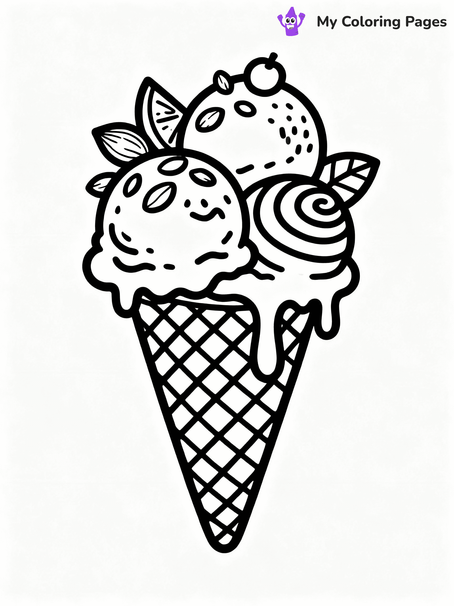 ⚠️ CRITICAL REQUIREMENT - ABSOLUTE BLACK AND WHITE ONLY ⚠️
This MUST be a BLACK AND WHITE line drawing ONLY. NO COLORS whatsoever.
- ONLY pure black lines (#000000) on pure white background (#FFFFFF)
- ABSOLUTELY NO colors, NO shading, NO gradients, NO grayscale
- If there are ANY colors in the output, the image is REJECTED
- This is a COLORING PAGE - meant to be COLORED IN by children
- The output must be UNCOLORED line art ready for coloring
⚠️ SUBJECT TO DRAW: Waffle cone with three scoops, one scoop melting, detailed texture, fun toppings like nuts and fruit
(REMEMBER: Output must be BLACK AND WHITE line art only, NOT colored!)
# COLORING PAGE: BLACK OUTLINES ONLY - WHITE BACKGROUND MANDATORY
Create a **coloring book page** using EXACTLY two values: black lines, white space.
## NON-NEGOTIABLE BINARY RULES
- **ONLY #000000 (black) and #FFFFFF (white)** - NO other values exist
- **EVERY PIXEL = BLACK OR WHITE** - no gray/shading/antialiasing
- **WHITE BACKGROUND MANDATORY** - entire canvas stays white
- **ALL SHAPES HOLLOW** - everything is empty outlines waiting to be colored
- **FORBIDDEN:** fills, shading, gradients, patterns, textures, colors
- **NO SOLID REGIONS** - if it's not a thin line, it's wrong
## Universal Line Standards
- Black outlines ONLY - thin, uniform weight
- Every shape completely empty inside
- Closed contours suitable for coloring
- Simple flat illustration - zero depth/3D/realism
- **Style:** Whimsical Doodle Art Alley - rounded, friendly outlines (unless specified)
## Everything = Outline Only
- Characters/animals: hollow shapes
- Objects/clothing: empty contours
- Backgrounds/scenery: line work only
- Natural elements: outlined forms
- Dark/night areas: don't exist (use outlined symbols)
- Textures/patterns: convert to simple lines
## The Test
Can a child color EVERY white space with crayons? If any area is pre-filled/shaded/gray or colored in, it FAILS. Every shape must be waiting to receive color.
**FINAL OUTPUT**: Binary coloring page. Black lines define shapes. White spaces ready for coloring. Nothing else exists. No exceptions. Print-ready.
⚠️ FINAL REMINDER: Draw the subject "Waffle cone with three scoops, one scoop melting, detailed texture, fun toppings like nuts and fruit" as BLACK AND WHITE line art. Zero colors in output.