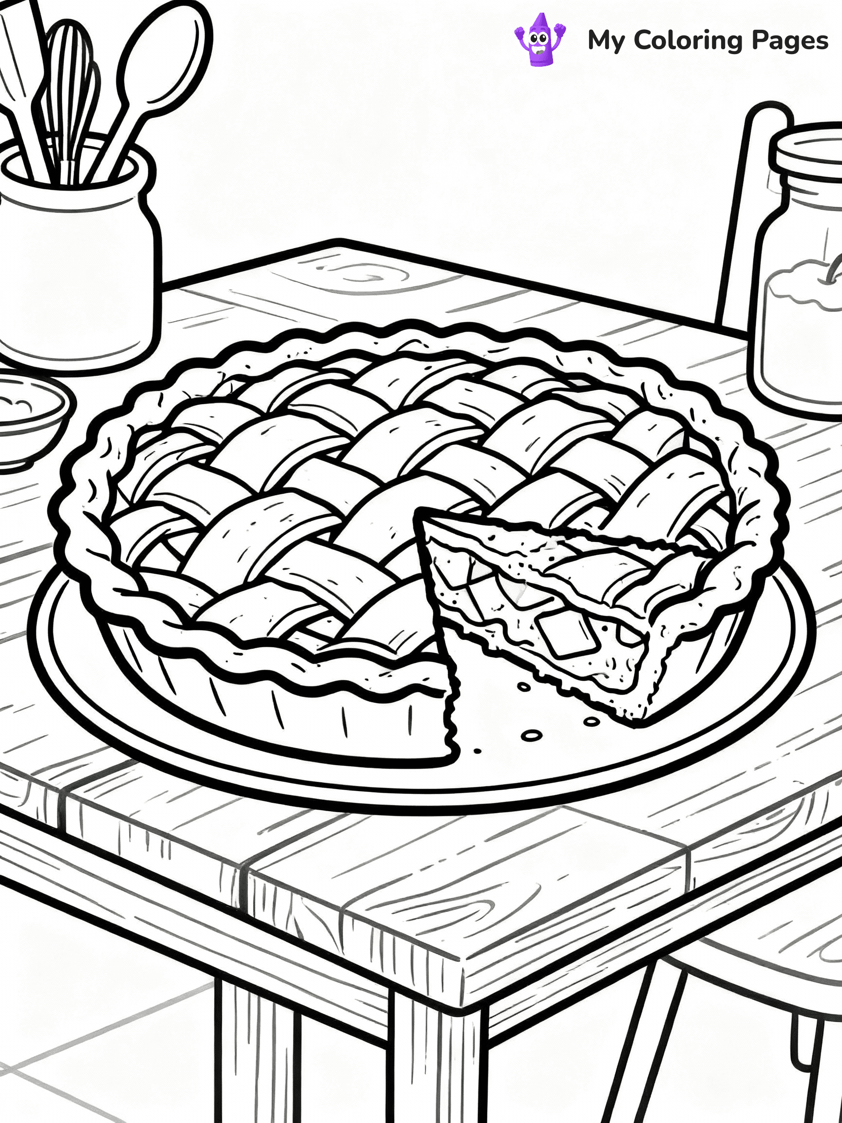 ⚠️ CRITICAL REQUIREMENT - ABSOLUTE BLACK AND WHITE ONLY ⚠️
This MUST be a BLACK AND WHITE line drawing ONLY. NO COLORS whatsoever.
- ONLY pure black lines (#000000) on pure white background (#FFFFFF)
- ABSOLUTELY NO colors, NO shading, NO gradients, NO grayscale
- If there are ANY colors in the output, the image is REJECTED
- This is a COLORING PAGE - meant to be COLORED IN by children
- The output must be UNCOLORED line art ready for coloring
⚠️ SUBJECT TO DRAW: Apple pie with slice removed, detailed crust and filling, rustic kitchen setting, outline style
(REMEMBER: Output must be BLACK AND WHITE line art only, NOT colored!)
# COLORING PAGE: BLACK OUTLINES ONLY - WHITE BACKGROUND MANDATORY
Create a **coloring book page** using EXACTLY two values: black lines, white space.
## NON-NEGOTIABLE BINARY RULES
- **ONLY #000000 (black) and #FFFFFF (white)** - NO other values exist
- **EVERY PIXEL = BLACK OR WHITE** - no gray/shading/antialiasing
- **WHITE BACKGROUND MANDATORY** - entire canvas stays white
- **ALL SHAPES HOLLOW** - everything is empty outlines waiting to be colored
- **FORBIDDEN:** fills, shading, gradients, patterns, textures, colors
- **NO SOLID REGIONS** - if it's not a thin line, it's wrong
## Universal Line Standards
- Black outlines ONLY - thin, uniform weight
- Every shape completely empty inside
- Closed contours suitable for coloring
- Simple flat illustration - zero depth/3D/realism
- **Style:** Whimsical Doodle Art Alley - rounded, friendly outlines (unless specified)
## Everything = Outline Only
- Characters/animals: hollow shapes
- Objects/clothing: empty contours
- Backgrounds/scenery: line work only
- Natural elements: outlined forms
- Dark/night areas: don't exist (use outlined symbols)
- Textures/patterns: convert to simple lines
## The Test
Can a child color EVERY white space with crayons? If any area is pre-filled/shaded/gray or colored in, it FAILS. Every shape must be waiting to receive color.
**FINAL OUTPUT**: Binary coloring page. Black lines define shapes. White spaces ready for coloring. Nothing else exists. No exceptions. Print-ready.
⚠️ FINAL REMINDER: Draw the subject "Apple pie with slice removed, detailed crust and filling, rustic kitchen setting, outline style" as BLACK AND WHITE line art. Zero colors in output.