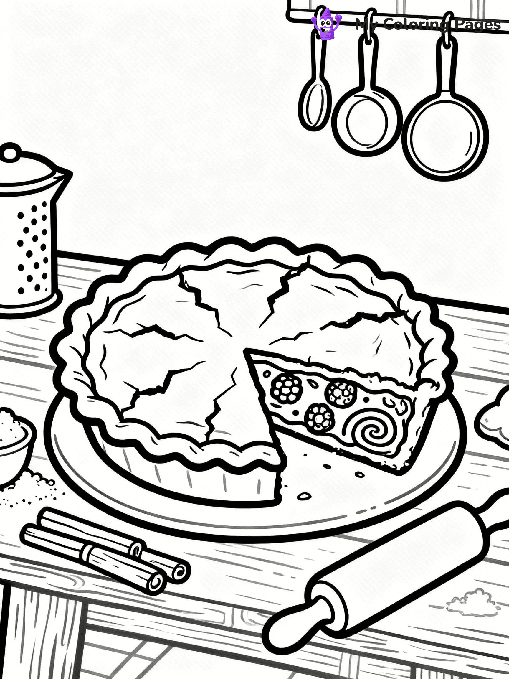 ⚠️ CRITICAL REQUIREMENT - ABSOLUTE BLACK AND WHITE ONLY ⚠️
This MUST be a BLACK AND WHITE line drawing ONLY. NO COLORS whatsoever.
- ONLY pure black lines (#000000) on pure white background (#FFFFFF)
- ABSOLUTELY NO colors, NO shading, NO gradients, NO grayscale
- If there are ANY colors in the output, the image is REJECTED
- This is a COLORING PAGE - meant to be COLORED IN by children
- The output must be UNCOLORED line art ready for coloring
⚠️ SUBJECT TO DRAW: Apple pie with slice removed, detailed crust and filling, rustic kitchen setting, outline style
(REMEMBER: Output must be BLACK AND WHITE line art only, NOT colored!)
# COLORING PAGE: BLACK OUTLINES ONLY - WHITE BACKGROUND MANDATORY
Create a **coloring book page** using EXACTLY two values: black lines, white space.
## NON-NEGOTIABLE BINARY RULES
- **ONLY #000000 (black) and #FFFFFF (white)** - NO other values exist
- **EVERY PIXEL = BLACK OR WHITE** - no gray/shading/antialiasing
- **WHITE BACKGROUND MANDATORY** - entire canvas stays white
- **ALL SHAPES HOLLOW** - everything is empty outlines waiting to be colored
- **FORBIDDEN:** fills, shading, gradients, patterns, textures, colors
- **NO SOLID REGIONS** - if it's not a thin line, it's wrong
## Universal Line Standards
- Black outlines ONLY - thin, uniform weight
- Every shape completely empty inside
- Closed contours suitable for coloring
- Simple flat illustration - zero depth/3D/realism
- **Style:** Whimsical Doodle Art Alley - rounded, friendly outlines (unless specified)
## Everything = Outline Only
- Characters/animals: hollow shapes
- Objects/clothing: empty contours
- Backgrounds/scenery: line work only
- Natural elements: outlined forms
- Dark/night areas: don't exist (use outlined symbols)
- Textures/patterns: convert to simple lines
## The Test
Can a child color EVERY white space with crayons? If any area is pre-filled/shaded/gray or colored in, it FAILS. Every shape must be waiting to receive color.
**FINAL OUTPUT**: Binary coloring page. Black lines define shapes. White spaces ready for coloring. Nothing else exists. No exceptions. Print-ready.
⚠️ FINAL REMINDER: Draw the subject "Apple pie with slice removed, detailed crust and filling, rustic kitchen setting, outline style" as BLACK AND WHITE line art. Zero colors in output.