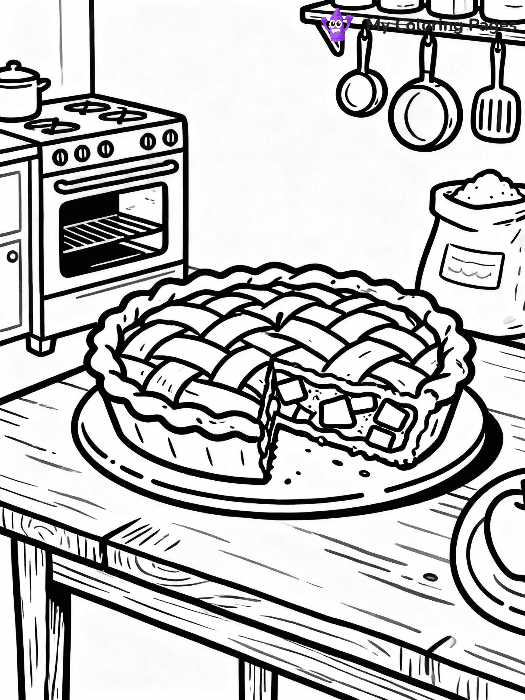 ⚠️ CRITICAL REQUIREMENT - ABSOLUTE BLACK AND WHITE ONLY ⚠️
This MUST be a BLACK AND WHITE line drawing ONLY. NO COLORS whatsoever.
- ONLY pure black lines (#000000) on pure white background (#FFFFFF)
- ABSOLUTELY NO colors, NO shading, NO gradients, NO grayscale
- If there are ANY colors in the output, the image is REJECTED
- This is a COLORING PAGE - meant to be COLORED IN by children
- The output must be UNCOLORED line art ready for coloring
⚠️ SUBJECT TO DRAW: Apple pie with slice removed, detailed crust and filling, rustic kitchen setting, outline style
(REMEMBER: Output must be BLACK AND WHITE line art only, NOT colored!)
# COLORING PAGE: BLACK OUTLINES ONLY - WHITE BACKGROUND MANDATORY
Create a **coloring book page** using EXACTLY two values: black lines, white space.
## NON-NEGOTIABLE BINARY RULES
- **ONLY #000000 (black) and #FFFFFF (white)** - NO other values exist
- **EVERY PIXEL = BLACK OR WHITE** - no gray/shading/antialiasing
- **WHITE BACKGROUND MANDATORY** - entire canvas stays white
- **ALL SHAPES HOLLOW** - everything is empty outlines waiting to be colored
- **FORBIDDEN:** fills, shading, gradients, patterns, textures, colors
- **NO SOLID REGIONS** - if it's not a thin line, it's wrong
## Universal Line Standards
- Black outlines ONLY - thin, uniform weight
- Every shape completely empty inside
- Closed contours suitable for coloring
- Simple flat illustration - zero depth/3D/realism
- **Style:** Whimsical Doodle Art Alley - rounded, friendly outlines (unless specified)
## Everything = Outline Only
- Characters/animals: hollow shapes
- Objects/clothing: empty contours
- Backgrounds/scenery: line work only
- Natural elements: outlined forms
- Dark/night areas: don't exist (use outlined symbols)
- Textures/patterns: convert to simple lines
## The Test
Can a child color EVERY white space with crayons? If any area is pre-filled/shaded/gray or colored in, it FAILS. Every shape must be waiting to receive color.
**FINAL OUTPUT**: Binary coloring page. Black lines define shapes. White spaces ready for coloring. Nothing else exists. No exceptions. Print-ready.
⚠️ FINAL REMINDER: Draw the subject "Apple pie with slice removed, detailed crust and filling, rustic kitchen setting, outline style" as BLACK AND WHITE line art. Zero colors in output.