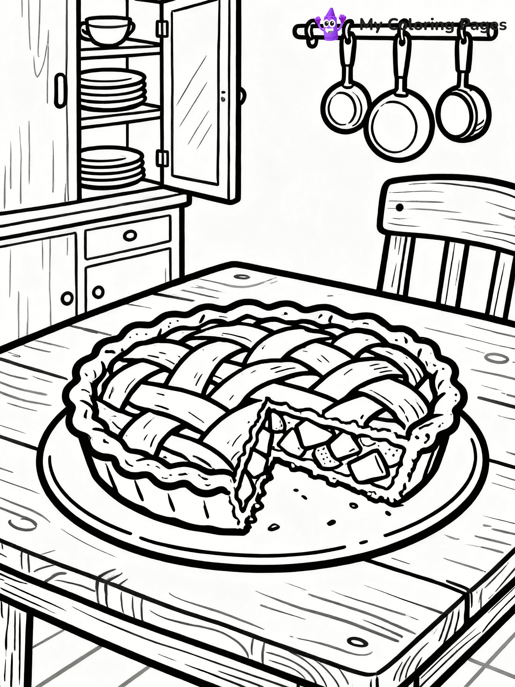 ⚠️ CRITICAL REQUIREMENT - ABSOLUTE BLACK AND WHITE ONLY ⚠️
This MUST be a BLACK AND WHITE line drawing ONLY. NO COLORS whatsoever.
- ONLY pure black lines (#000000) on pure white background (#FFFFFF)
- ABSOLUTELY NO colors, NO shading, NO gradients, NO grayscale
- If there are ANY colors in the output, the image is REJECTED
- This is a COLORING PAGE - meant to be COLORED IN by children
- The output must be UNCOLORED line art ready for coloring
⚠️ SUBJECT TO DRAW: Apple pie with slice removed, detailed crust and filling, rustic kitchen setting, outline style
(REMEMBER: Output must be BLACK AND WHITE line art only, NOT colored!)
# COLORING PAGE: BLACK OUTLINES ONLY - WHITE BACKGROUND MANDATORY
Create a **coloring book page** using EXACTLY two values: black lines, white space.
## NON-NEGOTIABLE BINARY RULES
- **ONLY #000000 (black) and #FFFFFF (white)** - NO other values exist
- **EVERY PIXEL = BLACK OR WHITE** - no gray/shading/antialiasing
- **WHITE BACKGROUND MANDATORY** - entire canvas stays white
- **ALL SHAPES HOLLOW** - everything is empty outlines waiting to be colored
- **FORBIDDEN:** fills, shading, gradients, patterns, textures, colors
- **NO SOLID REGIONS** - if it's not a thin line, it's wrong
## Universal Line Standards
- Black outlines ONLY - thin, uniform weight
- Every shape completely empty inside
- Closed contours suitable for coloring
- Simple flat illustration - zero depth/3D/realism
- **Style:** Whimsical Doodle Art Alley - rounded, friendly outlines (unless specified)
## Everything = Outline Only
- Characters/animals: hollow shapes
- Objects/clothing: empty contours
- Backgrounds/scenery: line work only
- Natural elements: outlined forms
- Dark/night areas: don't exist (use outlined symbols)
- Textures/patterns: convert to simple lines
## The Test
Can a child color EVERY white space with crayons? If any area is pre-filled/shaded/gray or colored in, it FAILS. Every shape must be waiting to receive color.
**FINAL OUTPUT**: Binary coloring page. Black lines define shapes. White spaces ready for coloring. Nothing else exists. No exceptions. Print-ready.
⚠️ FINAL REMINDER: Draw the subject "Apple pie with slice removed, detailed crust and filling, rustic kitchen setting, outline style" as BLACK AND WHITE line art. Zero colors in output.