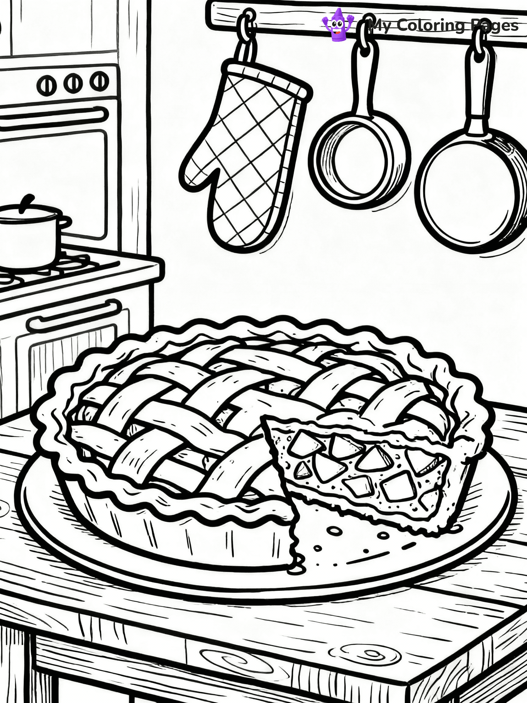 ⚠️ CRITICAL REQUIREMENT - ABSOLUTE BLACK AND WHITE ONLY ⚠️
This MUST be a BLACK AND WHITE line drawing ONLY. NO COLORS whatsoever.
- ONLY pure black lines (#000000) on pure white background (#FFFFFF)
- ABSOLUTELY NO colors, NO shading, NO gradients, NO grayscale
- If there are ANY colors in the output, the image is REJECTED
- This is a COLORING PAGE - meant to be COLORED IN by children
- The output must be UNCOLORED line art ready for coloring
⚠️ SUBJECT TO DRAW: Apple pie with slice removed, detailed crust and filling, rustic kitchen setting, outline style
(REMEMBER: Output must be BLACK AND WHITE line art only, NOT colored!)
# COLORING PAGE: BLACK OUTLINES ONLY - WHITE BACKGROUND MANDATORY
Create a **coloring book page** using EXACTLY two values: black lines, white space.
## NON-NEGOTIABLE BINARY RULES
- **ONLY #000000 (black) and #FFFFFF (white)** - NO other values exist
- **EVERY PIXEL = BLACK OR WHITE** - no gray/shading/antialiasing
- **WHITE BACKGROUND MANDATORY** - entire canvas stays white
- **ALL SHAPES HOLLOW** - everything is empty outlines waiting to be colored
- **FORBIDDEN:** fills, shading, gradients, patterns, textures, colors
- **NO SOLID REGIONS** - if it's not a thin line, it's wrong
## Universal Line Standards
- Black outlines ONLY - thin, uniform weight
- Every shape completely empty inside
- Closed contours suitable for coloring
- Simple flat illustration - zero depth/3D/realism
- **Style:** Whimsical Doodle Art Alley - rounded, friendly outlines (unless specified)
## Everything = Outline Only
- Characters/animals: hollow shapes
- Objects/clothing: empty contours
- Backgrounds/scenery: line work only
- Natural elements: outlined forms
- Dark/night areas: don't exist (use outlined symbols)
- Textures/patterns: convert to simple lines
## The Test
Can a child color EVERY white space with crayons? If any area is pre-filled/shaded/gray or colored in, it FAILS. Every shape must be waiting to receive color.
**FINAL OUTPUT**: Binary coloring page. Black lines define shapes. White spaces ready for coloring. Nothing else exists. No exceptions. Print-ready.
⚠️ FINAL REMINDER: Draw the subject "Apple pie with slice removed, detailed crust and filling, rustic kitchen setting, outline style" as BLACK AND WHITE line art. Zero colors in output.