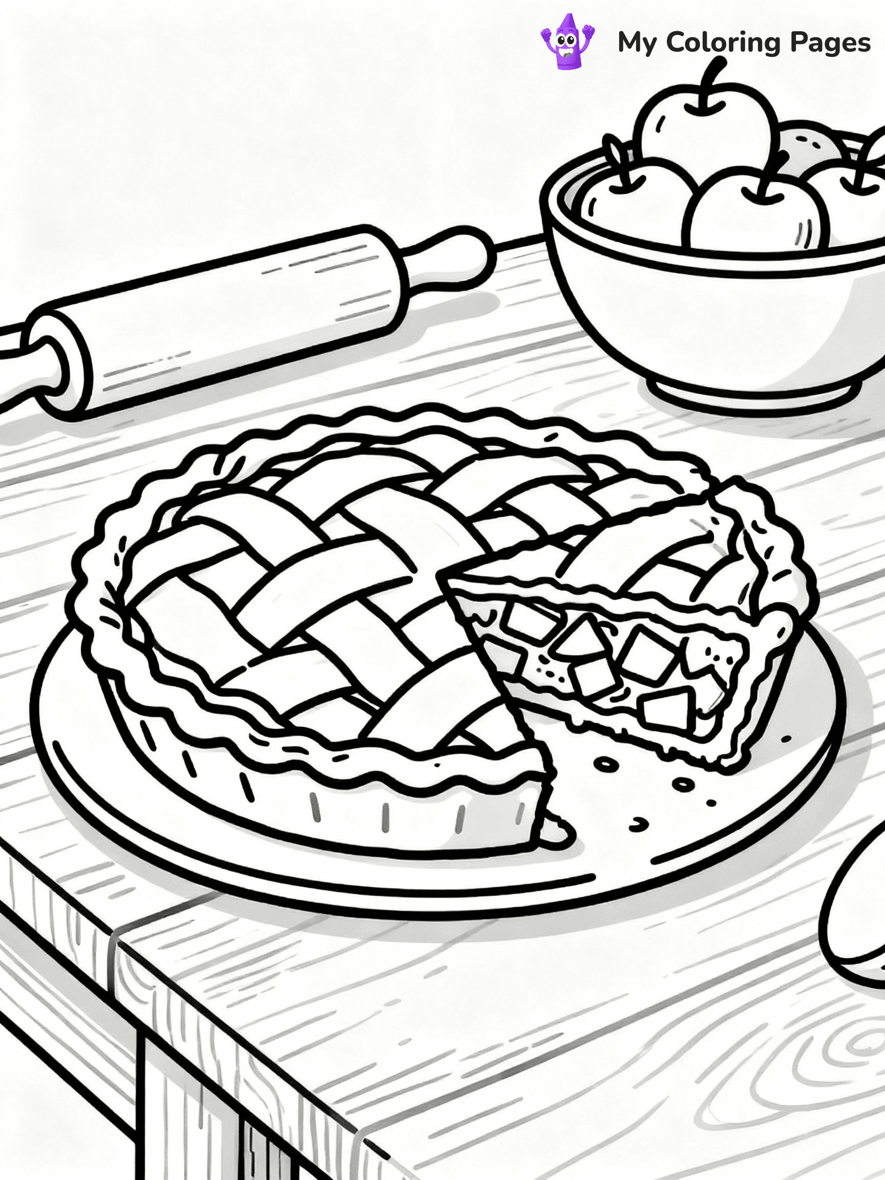 ⚠️ CRITICAL REQUIREMENT - ABSOLUTE BLACK AND WHITE ONLY ⚠️
This MUST be a BLACK AND WHITE line drawing ONLY. NO COLORS whatsoever.
- ONLY pure black lines (#000000) on pure white background (#FFFFFF)
- ABSOLUTELY NO colors, NO shading, NO gradients, NO grayscale
- If there are ANY colors in the output, the image is REJECTED
- This is a COLORING PAGE - meant to be COLORED IN by children
- The output must be UNCOLORED line art ready for coloring
⚠️ SUBJECT TO DRAW: Apple pie with slice removed, detailed crust and filling, rustic kitchen setting, outline style
(REMEMBER: Output must be BLACK AND WHITE line art only, NOT colored!)
# COLORING PAGE: BLACK OUTLINES ONLY - WHITE BACKGROUND MANDATORY
Create a **coloring book page** using EXACTLY two values: black lines, white space.
## NON-NEGOTIABLE BINARY RULES
- **ONLY #000000 (black) and #FFFFFF (white)** - NO other values exist
- **EVERY PIXEL = BLACK OR WHITE** - no gray/shading/antialiasing
- **WHITE BACKGROUND MANDATORY** - entire canvas stays white
- **ALL SHAPES HOLLOW** - everything is empty outlines waiting to be colored
- **FORBIDDEN:** fills, shading, gradients, patterns, textures, colors
- **NO SOLID REGIONS** - if it's not a thin line, it's wrong
## Universal Line Standards
- Black outlines ONLY - thin, uniform weight
- Every shape completely empty inside
- Closed contours suitable for coloring
- Simple flat illustration - zero depth/3D/realism
- **Style:** Whimsical Doodle Art Alley - rounded, friendly outlines (unless specified)
## Everything = Outline Only
- Characters/animals: hollow shapes
- Objects/clothing: empty contours
- Backgrounds/scenery: line work only
- Natural elements: outlined forms
- Dark/night areas: don't exist (use outlined symbols)
- Textures/patterns: convert to simple lines
## The Test
Can a child color EVERY white space with crayons? If any area is pre-filled/shaded/gray or colored in, it FAILS. Every shape must be waiting to receive color.
**FINAL OUTPUT**: Binary coloring page. Black lines define shapes. White spaces ready for coloring. Nothing else exists. No exceptions. Print-ready.
⚠️ FINAL REMINDER: Draw the subject "Apple pie with slice removed, detailed crust and filling, rustic kitchen setting, outline style" as BLACK AND WHITE line art. Zero colors in output.