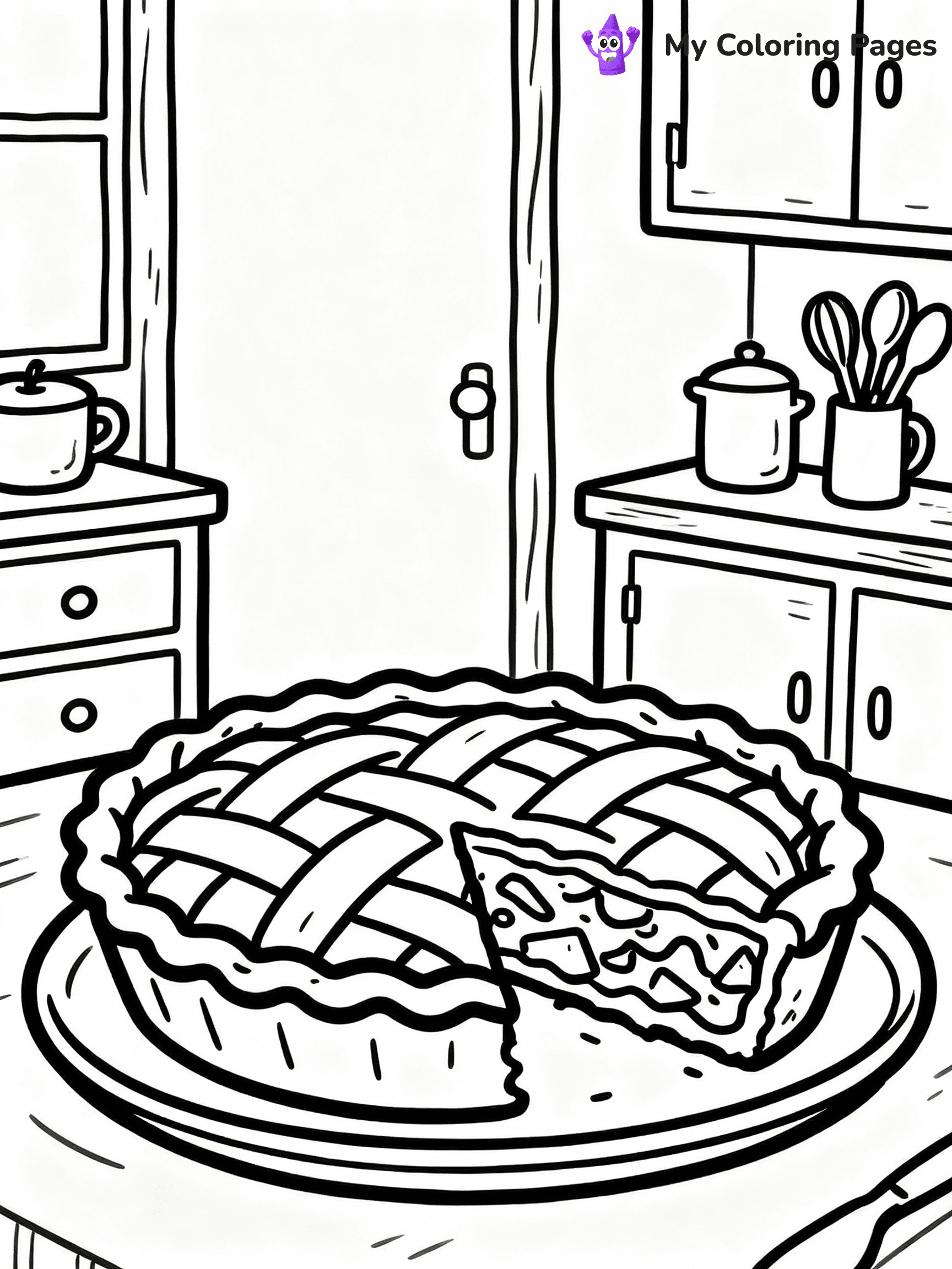 ⚠️ CRITICAL REQUIREMENT - ABSOLUTE BLACK AND WHITE ONLY ⚠️
This MUST be a BLACK AND WHITE line drawing ONLY. NO COLORS whatsoever.
- ONLY pure black lines (#000000) on pure white background (#FFFFFF)
- ABSOLUTELY NO colors, NO shading, NO gradients, NO grayscale
- If there are ANY colors in the output, the image is REJECTED
- This is a COLORING PAGE - meant to be COLORED IN by children
- The output must be UNCOLORED line art ready for coloring
⚠️ SUBJECT TO DRAW: Apple pie with slice removed, detailed crust and filling, rustic kitchen setting, outline style
(REMEMBER: Output must be BLACK AND WHITE line art only, NOT colored!)
# COLORING PAGE: BLACK OUTLINES ONLY - WHITE BACKGROUND MANDATORY
Create a **coloring book page** using EXACTLY two values: black lines, white space.
## NON-NEGOTIABLE BINARY RULES
- **ONLY #000000 (black) and #FFFFFF (white)** - NO other values exist
- **EVERY PIXEL = BLACK OR WHITE** - no gray/shading/antialiasing
- **WHITE BACKGROUND MANDATORY** - entire canvas stays white
- **ALL SHAPES HOLLOW** - everything is empty outlines waiting to be colored
- **FORBIDDEN:** fills, shading, gradients, patterns, textures, colors
- **NO SOLID REGIONS** - if it's not a thin line, it's wrong
## Universal Line Standards
- Black outlines ONLY - thin, uniform weight
- Every shape completely empty inside
- Closed contours suitable for coloring
- Simple flat illustration - zero depth/3D/realism
- **Style:** Whimsical Doodle Art Alley - rounded, friendly outlines (unless specified)
## Everything = Outline Only
- Characters/animals: hollow shapes
- Objects/clothing: empty contours
- Backgrounds/scenery: line work only
- Natural elements: outlined forms
- Dark/night areas: don't exist (use outlined symbols)
- Textures/patterns: convert to simple lines
## The Test
Can a child color EVERY white space with crayons? If any area is pre-filled/shaded/gray or colored in, it FAILS. Every shape must be waiting to receive color.
**FINAL OUTPUT**: Binary coloring page. Black lines define shapes. White spaces ready for coloring. Nothing else exists. No exceptions. Print-ready.
⚠️ FINAL REMINDER: Draw the subject "Apple pie with slice removed, detailed crust and filling, rustic kitchen setting, outline style" as BLACK AND WHITE line art. Zero colors in output.