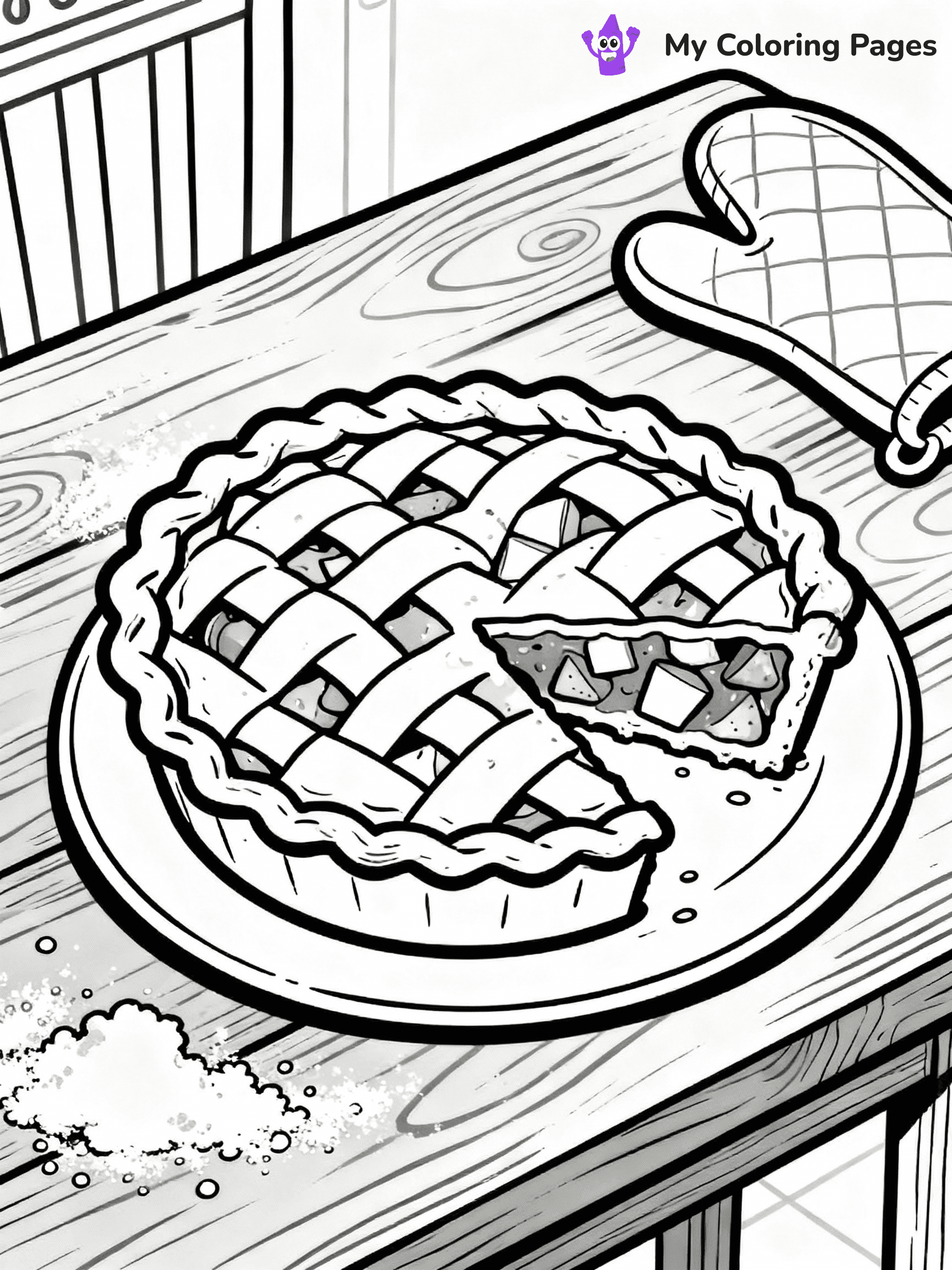 ⚠️ CRITICAL REQUIREMENT - ABSOLUTE BLACK AND WHITE ONLY ⚠️
This MUST be a BLACK AND WHITE line drawing ONLY. NO COLORS whatsoever.
- ONLY pure black lines (#000000) on pure white background (#FFFFFF)
- ABSOLUTELY NO colors, NO shading, NO gradients, NO grayscale
- If there are ANY colors in the output, the image is REJECTED
- This is a COLORING PAGE - meant to be COLORED IN by children
- The output must be UNCOLORED line art ready for coloring
⚠️ SUBJECT TO DRAW: Apple pie with slice removed, detailed crust and filling, rustic kitchen setting, outline style
(REMEMBER: Output must be BLACK AND WHITE line art only, NOT colored!)
# COLORING PAGE: BLACK OUTLINES ONLY - WHITE BACKGROUND MANDATORY
Create a **coloring book page** using EXACTLY two values: black lines, white space.
## NON-NEGOTIABLE BINARY RULES
- **ONLY #000000 (black) and #FFFFFF (white)** - NO other values exist
- **EVERY PIXEL = BLACK OR WHITE** - no gray/shading/antialiasing
- **WHITE BACKGROUND MANDATORY** - entire canvas stays white
- **ALL SHAPES HOLLOW** - everything is empty outlines waiting to be colored
- **FORBIDDEN:** fills, shading, gradients, patterns, textures, colors
- **NO SOLID REGIONS** - if it's not a thin line, it's wrong
## Universal Line Standards
- Black outlines ONLY - thin, uniform weight
- Every shape completely empty inside
- Closed contours suitable for coloring
- Simple flat illustration - zero depth/3D/realism
- **Style:** Whimsical Doodle Art Alley - rounded, friendly outlines (unless specified)
## Everything = Outline Only
- Characters/animals: hollow shapes
- Objects/clothing: empty contours
- Backgrounds/scenery: line work only
- Natural elements: outlined forms
- Dark/night areas: don't exist (use outlined symbols)
- Textures/patterns: convert to simple lines
## The Test
Can a child color EVERY white space with crayons? If any area is pre-filled/shaded/gray or colored in, it FAILS. Every shape must be waiting to receive color.
**FINAL OUTPUT**: Binary coloring page. Black lines define shapes. White spaces ready for coloring. Nothing else exists. No exceptions. Print-ready.
⚠️ FINAL REMINDER: Draw the subject "Apple pie with slice removed, detailed crust and filling, rustic kitchen setting, outline style" as BLACK AND WHITE line art. Zero colors in output.