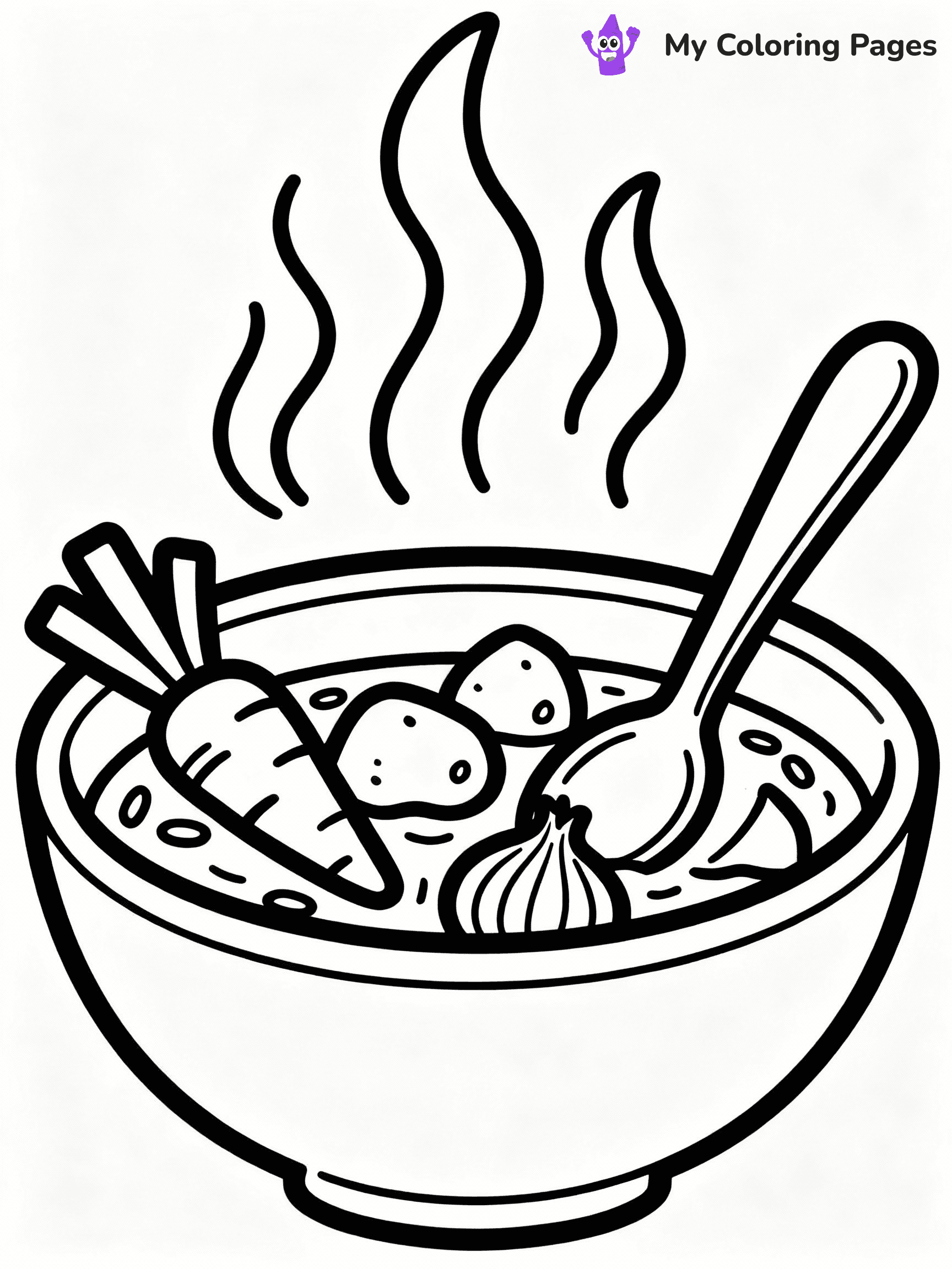 ⚠️ CRITICAL REQUIREMENT - ABSOLUTE BLACK AND WHITE ONLY ⚠️
This MUST be a BLACK AND WHITE line drawing ONLY. NO COLORS whatsoever.
- ONLY pure black lines (#000000) on pure white background (#FFFFFF)
- ABSOLUTELY NO colors, NO shading, NO gradients, NO grayscale
- If there are ANY colors in the output, the image is REJECTED
- This is a COLORING PAGE - meant to be COLORED IN by children
- The output must be UNCOLORED line art ready for coloring
⚠️ SUBJECT TO DRAW: Bowl of hearty soup with vegetables, spoon resting on the side, steaming, outline style
(REMEMBER: Output must be BLACK AND WHITE line art only, NOT colored!)
# COLORING PAGE: BLACK OUTLINES ONLY - WHITE BACKGROUND MANDATORY
Create a **coloring book page** using EXACTLY two values: black lines, white space.
## NON-NEGOTIABLE BINARY RULES
- **ONLY #000000 (black) and #FFFFFF (white)** - NO other values exist
- **EVERY PIXEL = BLACK OR WHITE** - no gray/shading/antialiasing
- **WHITE BACKGROUND MANDATORY** - entire canvas stays white
- **ALL SHAPES HOLLOW** - everything is empty outlines waiting to be colored
- **FORBIDDEN:** fills, shading, gradients, patterns, textures, colors
- **NO SOLID REGIONS** - if it's not a thin line, it's wrong
## Universal Line Standards
- Black outlines ONLY - thin, uniform weight
- Every shape completely empty inside
- Closed contours suitable for coloring
- Simple flat illustration - zero depth/3D/realism
- **Style:** Whimsical Doodle Art Alley - rounded, friendly outlines (unless specified)
## Everything = Outline Only
- Characters/animals: hollow shapes
- Objects/clothing: empty contours
- Backgrounds/scenery: line work only
- Natural elements: outlined forms
- Dark/night areas: don't exist (use outlined symbols)
- Textures/patterns: convert to simple lines
## The Test
Can a child color EVERY white space with crayons? If any area is pre-filled/shaded/gray or colored in, it FAILS. Every shape must be waiting to receive color.
**FINAL OUTPUT**: Binary coloring page. Black lines define shapes. White spaces ready for coloring. Nothing else exists. No exceptions. Print-ready.
⚠️ FINAL REMINDER: Draw the subject "Bowl of hearty soup with vegetables, spoon resting on the side, steaming, outline style" as BLACK AND WHITE line art. Zero colors in output.