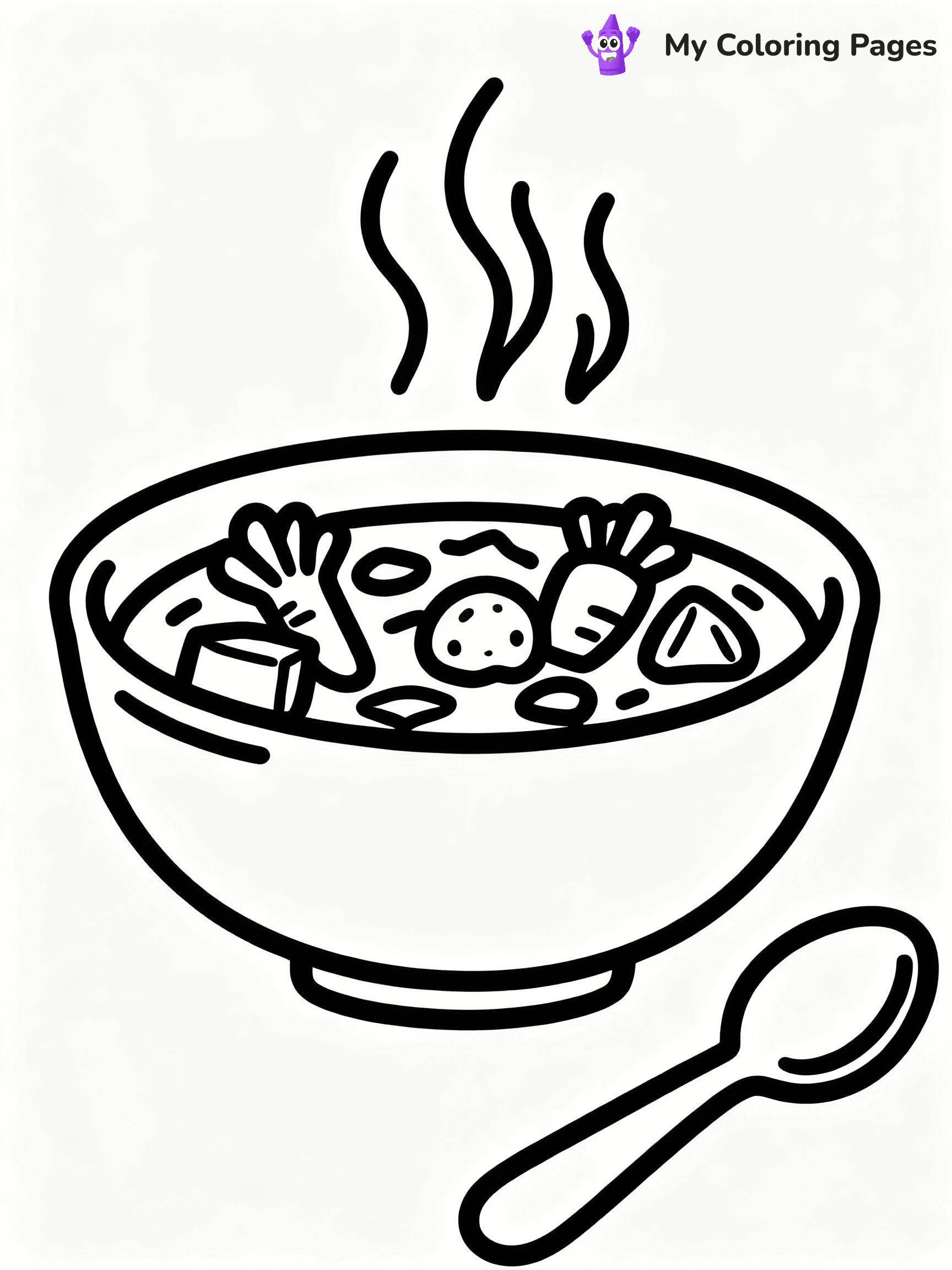 ⚠️ CRITICAL REQUIREMENT - ABSOLUTE BLACK AND WHITE ONLY ⚠️
This MUST be a BLACK AND WHITE line drawing ONLY. NO COLORS whatsoever.
- ONLY pure black lines (#000000) on pure white background (#FFFFFF)
- ABSOLUTELY NO colors, NO shading, NO gradients, NO grayscale
- If there are ANY colors in the output, the image is REJECTED
- This is a COLORING PAGE - meant to be COLORED IN by children
- The output must be UNCOLORED line art ready for coloring
⚠️ SUBJECT TO DRAW: Bowl of hearty soup with vegetables, spoon resting on the side, steaming, outline style
(REMEMBER: Output must be BLACK AND WHITE line art only, NOT colored!)
# COLORING PAGE: BLACK OUTLINES ONLY - WHITE BACKGROUND MANDATORY
Create a **coloring book page** using EXACTLY two values: black lines, white space.
## NON-NEGOTIABLE BINARY RULES
- **ONLY #000000 (black) and #FFFFFF (white)** - NO other values exist
- **EVERY PIXEL = BLACK OR WHITE** - no gray/shading/antialiasing
- **WHITE BACKGROUND MANDATORY** - entire canvas stays white
- **ALL SHAPES HOLLOW** - everything is empty outlines waiting to be colored
- **FORBIDDEN:** fills, shading, gradients, patterns, textures, colors
- **NO SOLID REGIONS** - if it's not a thin line, it's wrong
## Universal Line Standards
- Black outlines ONLY - thin, uniform weight
- Every shape completely empty inside
- Closed contours suitable for coloring
- Simple flat illustration - zero depth/3D/realism
- **Style:** Whimsical Doodle Art Alley - rounded, friendly outlines (unless specified)
## Everything = Outline Only
- Characters/animals: hollow shapes
- Objects/clothing: empty contours
- Backgrounds/scenery: line work only
- Natural elements: outlined forms
- Dark/night areas: don't exist (use outlined symbols)
- Textures/patterns: convert to simple lines
## The Test
Can a child color EVERY white space with crayons? If any area is pre-filled/shaded/gray or colored in, it FAILS. Every shape must be waiting to receive color.
**FINAL OUTPUT**: Binary coloring page. Black lines define shapes. White spaces ready for coloring. Nothing else exists. No exceptions. Print-ready.
⚠️ FINAL REMINDER: Draw the subject "Bowl of hearty soup with vegetables, spoon resting on the side, steaming, outline style" as BLACK AND WHITE line art. Zero colors in output.