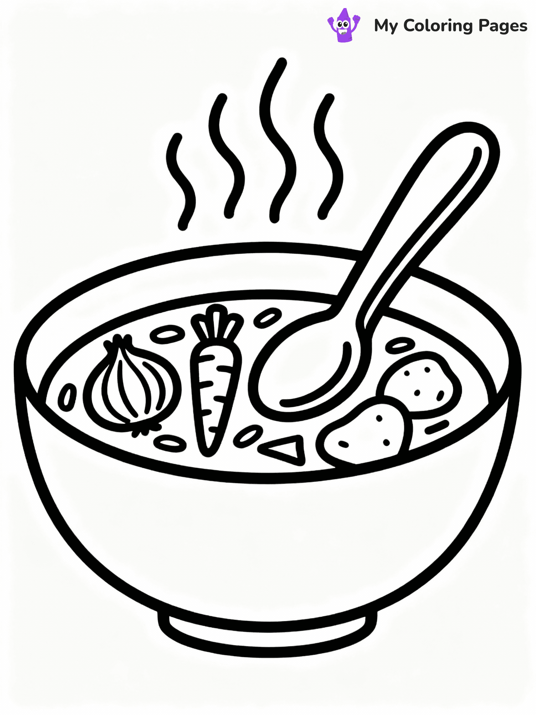 ⚠️ CRITICAL REQUIREMENT - ABSOLUTE BLACK AND WHITE ONLY ⚠️
This MUST be a BLACK AND WHITE line drawing ONLY. NO COLORS whatsoever.
- ONLY pure black lines (#000000) on pure white background (#FFFFFF)
- ABSOLUTELY NO colors, NO shading, NO gradients, NO grayscale
- If there are ANY colors in the output, the image is REJECTED
- This is a COLORING PAGE - meant to be COLORED IN by children
- The output must be UNCOLORED line art ready for coloring
⚠️ SUBJECT TO DRAW: Bowl of hearty soup with vegetables, spoon resting on the side, steaming, outline style
(REMEMBER: Output must be BLACK AND WHITE line art only, NOT colored!)
# COLORING PAGE: BLACK OUTLINES ONLY - WHITE BACKGROUND MANDATORY
Create a **coloring book page** using EXACTLY two values: black lines, white space.
## NON-NEGOTIABLE BINARY RULES
- **ONLY #000000 (black) and #FFFFFF (white)** - NO other values exist
- **EVERY PIXEL = BLACK OR WHITE** - no gray/shading/antialiasing
- **WHITE BACKGROUND MANDATORY** - entire canvas stays white
- **ALL SHAPES HOLLOW** - everything is empty outlines waiting to be colored
- **FORBIDDEN:** fills, shading, gradients, patterns, textures, colors
- **NO SOLID REGIONS** - if it's not a thin line, it's wrong
## Universal Line Standards
- Black outlines ONLY - thin, uniform weight
- Every shape completely empty inside
- Closed contours suitable for coloring
- Simple flat illustration - zero depth/3D/realism
- **Style:** Whimsical Doodle Art Alley - rounded, friendly outlines (unless specified)
## Everything = Outline Only
- Characters/animals: hollow shapes
- Objects/clothing: empty contours
- Backgrounds/scenery: line work only
- Natural elements: outlined forms
- Dark/night areas: don't exist (use outlined symbols)
- Textures/patterns: convert to simple lines
## The Test
Can a child color EVERY white space with crayons? If any area is pre-filled/shaded/gray or colored in, it FAILS. Every shape must be waiting to receive color.
**FINAL OUTPUT**: Binary coloring page. Black lines define shapes. White spaces ready for coloring. Nothing else exists. No exceptions. Print-ready.
⚠️ FINAL REMINDER: Draw the subject "Bowl of hearty soup with vegetables, spoon resting on the side, steaming, outline style" as BLACK AND WHITE line art. Zero colors in output.