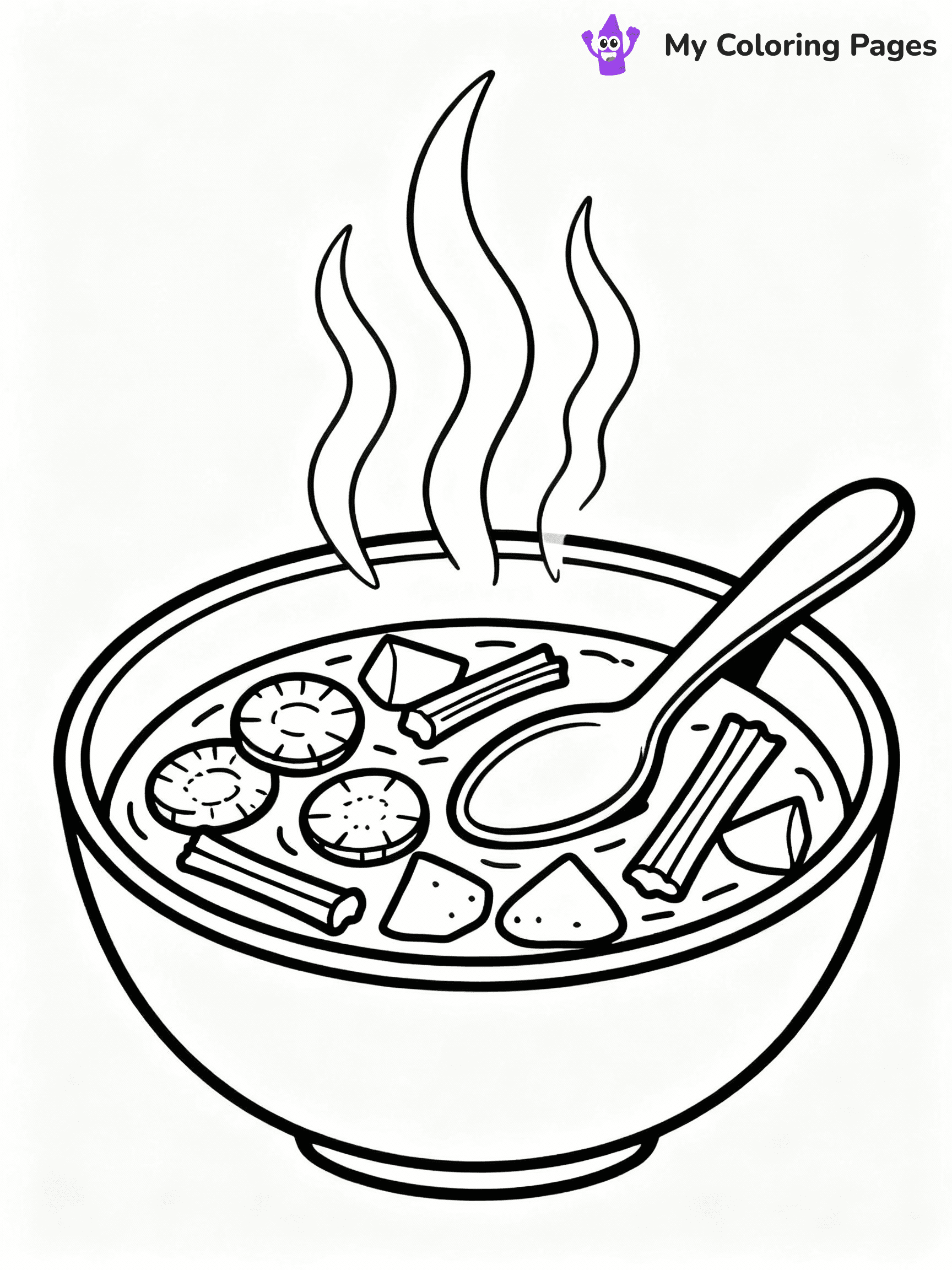 ⚠️ CRITICAL REQUIREMENT - ABSOLUTE BLACK AND WHITE ONLY ⚠️
This MUST be a BLACK AND WHITE line drawing ONLY. NO COLORS whatsoever.
- ONLY pure black lines (#000000) on pure white background (#FFFFFF)
- ABSOLUTELY NO colors, NO shading, NO gradients, NO grayscale
- If there are ANY colors in the output, the image is REJECTED
- This is a COLORING PAGE - meant to be COLORED IN by children
- The output must be UNCOLORED line art ready for coloring
⚠️ SUBJECT TO DRAW: Bowl of hearty soup with vegetables, spoon resting on the side, steaming, outline style
(REMEMBER: Output must be BLACK AND WHITE line art only, NOT colored!)
# COLORING PAGE: BLACK OUTLINES ONLY - WHITE BACKGROUND MANDATORY
Create a **coloring book page** using EXACTLY two values: black lines, white space.
## NON-NEGOTIABLE BINARY RULES
- **ONLY #000000 (black) and #FFFFFF (white)** - NO other values exist
- **EVERY PIXEL = BLACK OR WHITE** - no gray/shading/antialiasing
- **WHITE BACKGROUND MANDATORY** - entire canvas stays white
- **ALL SHAPES HOLLOW** - everything is empty outlines waiting to be colored
- **FORBIDDEN:** fills, shading, gradients, patterns, textures, colors
- **NO SOLID REGIONS** - if it's not a thin line, it's wrong
## Universal Line Standards
- Black outlines ONLY - thin, uniform weight
- Every shape completely empty inside
- Closed contours suitable for coloring
- Simple flat illustration - zero depth/3D/realism
- **Style:** Whimsical Doodle Art Alley - rounded, friendly outlines (unless specified)
## Everything = Outline Only
- Characters/animals: hollow shapes
- Objects/clothing: empty contours
- Backgrounds/scenery: line work only
- Natural elements: outlined forms
- Dark/night areas: don't exist (use outlined symbols)
- Textures/patterns: convert to simple lines
## The Test
Can a child color EVERY white space with crayons? If any area is pre-filled/shaded/gray or colored in, it FAILS. Every shape must be waiting to receive color.
**FINAL OUTPUT**: Binary coloring page. Black lines define shapes. White spaces ready for coloring. Nothing else exists. No exceptions. Print-ready.
⚠️ FINAL REMINDER: Draw the subject "Bowl of hearty soup with vegetables, spoon resting on the side, steaming, outline style" as BLACK AND WHITE line art. Zero colors in output.