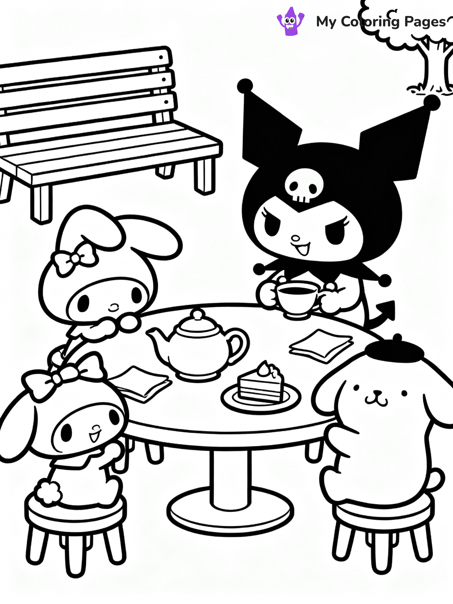 ⚠️ CRITICAL REQUIREMENT - ABSOLUTE BLACK AND WHITE ONLY ⚠️
This MUST be a BLACK AND WHITE line drawing ONLY. NO COLORS whatsoever.
- ONLY pure black lines (#000000) on pure white background (#FFFFFF)
- ABSOLUTELY NO colors, NO shading, NO gradients, NO grayscale
- If there are ANY colors in the output, the image is REJECTED
- This is a COLORING PAGE - meant to be COLORED IN by children
- The output must be UNCOLORED line art ready for coloring
⚠️ SUBJECT TO DRAW: Kuromi from Sanrio enjoying a tea party with friends. PURE OUTLINES. NO FILLS, COLOR, SHADING, OR GREYSCALE. WHITE BACKGROUND.
(REMEMBER: Output must be BLACK AND WHITE line art only, NOT colored!)
# Flat, Friendly Cartoon Line-Art Coloring Page
You are generating a **pure black-and-white binary image** of a child-friendly cartoon scene combining characters and background scenery in one cohesive composition.
## Rendering Rules (Strict)
- Only two colors: pure black (#000000) outlines and pure white (#FFFFFF) background.
- No grayscale, shading, gradients, tints, fills, transparency, or partial pixels.
- No antialiasing or blended edges; every pixel is 100% black or white.
- No solid black fills inside shapes — all areas inside outlines must remain white.
- No dark clothing areas or filled tone blocks; all garments outlined only.
- No shadows, textures, lighting, or tonal variations.
- Must look like flat binary vector line-art for coloring pages.
## Drawing & Composition
- **Medium, consistent line weight**; clean closed outlines easy to color inside.
- **Flat, simple, child-friendly design** — no realism or 3D depth.
- Characters are **grounded on a surface**, centered and large.
- **Balanced composition** with clear silhouettes and minimal props.
## Scenery & Style
- Landmarks (e.g., mosque, CN Tower) and scenery (trees, benches, waves) drawn with **black outlines only.**
- For real-world figures, teams, or places, show accurate details using only black outlines—no text or logos. Use distinctive uniform patterns, abstract symbols, and landmark silhouettes to convey identity.
- Keep **consistent perspective**; no floating elements.
- **Style:** whimsical **Doodle Art Alley** — rounded, friendly outlines.
- May adapt shapes from **Crayola, Disney, Peppa Pig, Cocomelon** — *by shape only, never color.*
- Final output: **flat, crisp, binary (#000000/#FFFFFF)**, **no filled color or background text.**
EXTREMELYE IMPORTANT:
- PURE BINARY LINE-ART; NO FILLS (HAIR/CLOTHES/SKIN), SHADING, OR GREY.
- NO SHADING, COLOR. MUST BE WHITE BACKGROUND.
⚠️ FINAL REMINDER: Draw the subject "Kuromi from Sanrio enjoying a tea party with friends. PURE OUTLINES. NO FILLS, COLOR, SHADING, OR GREYSCALE. WHITE BACKGROUND." as BLACK AND WHITE line art. Zero colors in output.