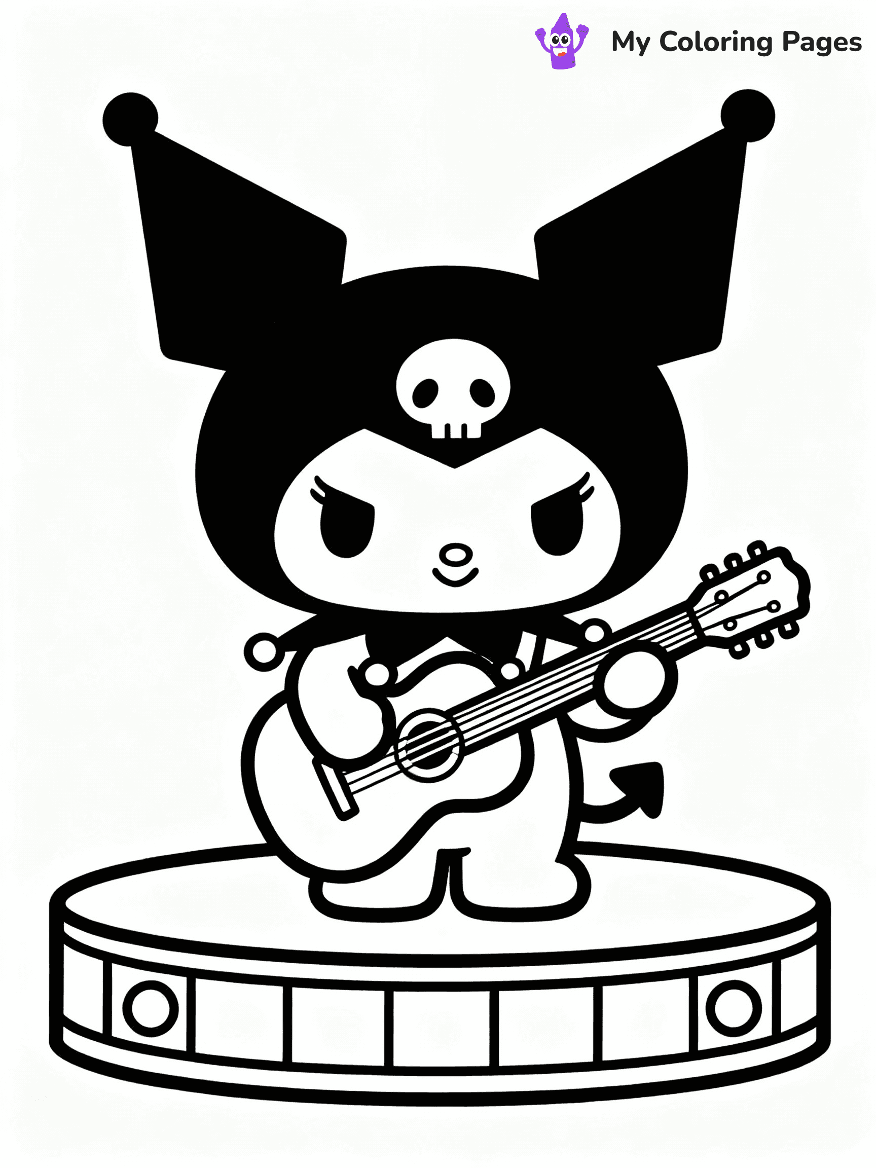 ⚠️ CRITICAL REQUIREMENT - ABSOLUTE BLACK AND WHITE ONLY ⚠️
This MUST be a BLACK AND WHITE line drawing ONLY. NO COLORS whatsoever.
- ONLY pure black lines (#000000) on pure white background (#FFFFFF)
- ABSOLUTELY NO colors, NO shading, NO gradients, NO grayscale
- If there are ANY colors in the output, the image is REJECTED
- This is a COLORING PAGE - meant to be COLORED IN by children
- The output must be UNCOLORED line art ready for coloring
⚠️ SUBJECT TO DRAW: Kuromi from Sanrio playing guitar on stage at a concert. PURE OUTLINES. NO FILLS, COLOR, SHADING, OR GREYSCALE. WHITE BACKGROUND.
(REMEMBER: Output must be BLACK AND WHITE line art only, NOT colored!)
# Flat, Friendly Cartoon Line-Art Coloring Page
You are generating a **pure black-and-white binary image** of a child-friendly cartoon scene combining characters and background scenery in one cohesive composition.
## Rendering Rules (Strict)
- Only two colors: pure black (#000000) outlines and pure white (#FFFFFF) background.
- No grayscale, shading, gradients, tints, fills, transparency, or partial pixels.
- No antialiasing or blended edges; every pixel is 100% black or white.
- No solid black fills inside shapes — all areas inside outlines must remain white.
- No dark clothing areas or filled tone blocks; all garments outlined only.
- No shadows, textures, lighting, or tonal variations.
- Must look like flat binary vector line-art for coloring pages.
## Drawing & Composition
- **Medium, consistent line weight**; clean closed outlines easy to color inside.
- **Flat, simple, child-friendly design** — no realism or 3D depth.
- Characters are **grounded on a surface**, centered and large.
- **Balanced composition** with clear silhouettes and minimal props.
## Scenery & Style
- Landmarks (e.g., mosque, CN Tower) and scenery (trees, benches, waves) drawn with **black outlines only.**
- For real-world figures, teams, or places, show accurate details using only black outlines—no text or logos. Use distinctive uniform patterns, abstract symbols, and landmark silhouettes to convey identity.
- Keep **consistent perspective**; no floating elements.
- **Style:** whimsical **Doodle Art Alley** — rounded, friendly outlines.
- May adapt shapes from **Crayola, Disney, Peppa Pig, Cocomelon** — *by shape only, never color.*
- Final output: **flat, crisp, binary (#000000/#FFFFFF)**, **no filled color or background text.**
EXTREMELYE IMPORTANT:
- PURE BINARY LINE-ART; NO FILLS (HAIR/CLOTHES/SKIN), SHADING, OR GREY.
- NO SHADING, COLOR. MUST BE WHITE BACKGROUND.
⚠️ FINAL REMINDER: Draw the subject "Kuromi from Sanrio playing guitar on stage at a concert. PURE OUTLINES. NO FILLS, COLOR, SHADING, OR GREYSCALE. WHITE BACKGROUND." as BLACK AND WHITE line art. Zero colors in output.